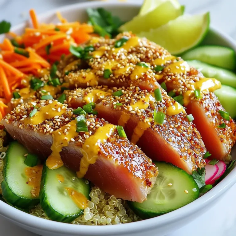 You need fresh ingredients for the best flavor. Here’s what you’ll need for two servings: - 2 Ahi tuna steaks (about 6 oz each) - 1/4 cup sesame seeds (white and black mixed) - 2 tablespoons soy sauce - 1 teaspoon sesame oil - 1 tablespoon honey - 2 cups cooked quinoa - 1 cucumber, thinly sliced - 1 avocado, sliced - 1 carrot, julienned - 1 radish, thinly sliced - 2 green onions, chopped - 1 small handful of cilantro, chopped - Salt and pepper to taste - Lime wedges, for serving The Ahi tuna is the star of this dish. Always choose fresh, sushi-grade Ahi tuna. Look for bright colors and a firm texture. If you can smell the fish, it may not be fresh. Ask your fishmonger about the source and when it arrived. Fresh fish makes a big difference in flavor and safety. You can customize your bowls with extra toppings. Here are some ideas: - Pickled ginger for a zing - Seaweed salad for crunch - Spicy mayo for heat - Sesame seeds for extra crunch These garnishes add flavors and textures. Feel free to mix and match based on your taste! {{ingredient_image_1}} Start with the Ahi tuna steaks. First, pat them dry with a paper towel. This helps the coating stick. Then, season both sides with salt and pepper. This adds flavor to the fish. You want to make sure the seasoning is even. Next, it’s time to coat the tuna. In a shallow dish, pour in the sesame seeds. You can use a mix of white and black seeds for color. Press each side of the tuna steaks into the seeds gently. Make sure they are coated evenly. This adds a nice crunch and flavor. Heat a non-stick skillet over medium-high heat. Add a splash of sesame oil once the pan is hot. Sear the tuna steaks for about 30 seconds on each side. The seeds should turn golden. The center of the tuna should still be rare. After cooking, let the tuna rest for a minute. This helps keep it juicy before you slice it. Now, let’s build the bowls. Start with a base of cooked quinoa in each bowl. Arrange the sliced Ahi tuna on top. Then, artfully place cucumber, avocado, carrot, radish, and green onions around the tuna. This makes the dish colorful and fresh. Drizzle the honey-soy dressing over the bowls. Finally, sprinkle fresh cilantro on top and serve with lime wedges. The lime adds a bright burst of flavor. Enjoy! When selecting Ahi tuna, look for bright, deep red color. The meat should feel firm and moist. Avoid any tuna with brown spots or a fishy smell. Freshness is key for the best flavor. Ask your fishmonger about the source of the tuna. Sustainable options are often the best choice. Cook the tuna quickly to keep it rare in the center. Heat your pan on medium-high before adding oil. Sear each side for about 30 seconds. This gives a nice crust without overcooking. Use a sharp knife to slice the tuna thinly. This helps present it beautifully in your bowl. Start with a base of cooked quinoa for a lovely look. Arrange the sliced tuna neatly on top. Add the cucumber, avocado, and carrot around the tuna. Sprinkle green onions and cilantro for color. A drizzle of honey-soy dressing adds shine. Finish with lime wedges for a pop of flavor. Pro Tips Freshness is Key: Always choose the freshest Ahi tuna you can find. Look for bright color and a clean ocean smell. Perfect Searing: Make sure your skillet is hot enough before adding the tuna to get a nice sear without overcooking the inside. Dress It Up: Feel free to customize the honey-soy dressing by adding a splash of rice vinegar or a pinch of chili flakes for extra flavor. Quinoa Variations: Experiment with different grains like brown rice or farro for a unique base in your bowls. {{image_2}} You can switch up the base of your bowls. While quinoa is great, you can try brown rice or farro. Both add a nice texture. Cauliflower rice is a lighter option too. It keeps the dish fresh and low-carb. Each grain brings its own flavor and benefits. Feel free to get creative with veggies. Bell peppers add a sweet crunch. Edamame offers a fun pop and extra protein. You can also use shredded cabbage for a nice crisp. Radishes add a spicy kick. Mix and match to find your favorite combo. You can play with different sauces to change the flavor. A spicy mayo adds heat and creaminess. A tangy ponzu sauce gives a zesty touch. You might also enjoy a ginger dressing for an extra flavor layer. Each sauce can take your bowl to a new level. Store any leftover sesame crusted Ahi tuna bowls in an airtight container. Keep them in the fridge. They stay fresh for up to two days. Make sure to separate the tuna from the quinoa and veggies. This helps keep everything fresh and tasty. To reheat, warm the quinoa and veggies gently in the microwave. Use a low heat setting. Heat for about 30 seconds, then check. If it needs more time, heat in 15-second bursts. Avoid reheating the tuna. It’s best served cold or at room temperature. You can freeze Ahi tuna steaks if you have extras. Wrap each steak tightly in plastic wrap. Then, place them in a freezer bag. They can last up to three months in the freezer. When ready to use, thaw in the fridge overnight. Cook as needed for your next bowl. You can enjoy Ahi tuna bowls with many sides. Here are some great options: - Edamame: These young soybeans add a nice crunch. - Seaweed Salad: The salty taste pairs well with the tuna. - Miso Soup: A warm soup adds comfort to the meal. - Pickled Ginger: This adds a tangy touch and refreshes your palate. - Steamed Vegetables: Simple veggies keep it healthy and light. Yes, you can use frozen Ahi tuna. However, make sure to thaw it properly. Place it in the fridge overnight or run it under cold water. This helps keep the fish fresh and safe. Frozen tuna can still taste great when cooked right. Just ensure it looks bright and firm before using. Fresh Ahi tuna lasts about 1 to 2 days in the fridge. Be sure to store it in an airtight container. If you have leftovers after cooking, eat them within 2 days. If you notice any off smells or changes in color, it's best to discard it. Always trust your senses when it comes to food safety. We explored how to make delicious sesame crusted ahi tuna bowls. We looked at the key ingredients, focusing on the need for fresh tuna. Then, I showed you how to prepare, coat, and cook the tuna just right. I shared tips for choosing the best tuna and ideas to present your bowls. Don't forget the variations and storage tips to keep your meals fresh. Enjoy these tasty bowls today!