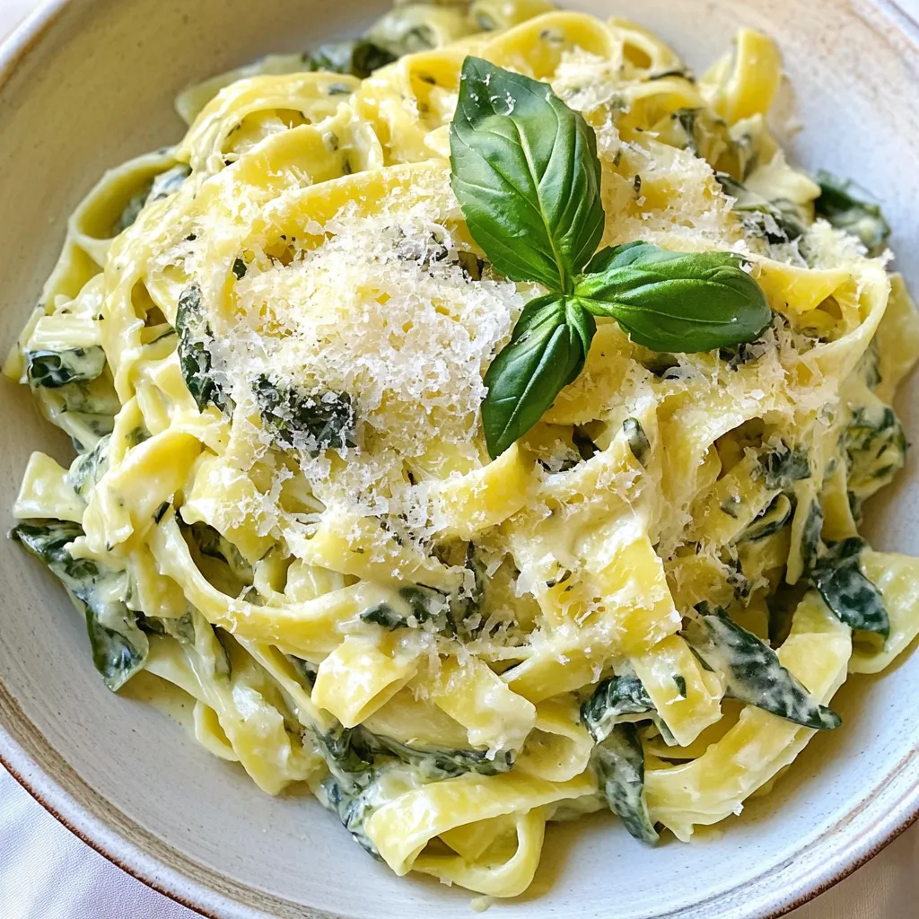 For a tasty creamy spinach artichoke pasta, gather these key ingredients: - 8 oz (225g) pasta of your choice (fettuccine or penne work well) - 1 tablespoon olive oil - 3 cloves garlic, minced - 1 cup frozen spinach, thawed and drained - 1 can (14 oz) artichoke hearts, drained and chopped - 1 cup heavy cream - 1 cup grated Parmesan cheese - 1/2 teaspoon red pepper flakes (optional) - Salt and pepper to taste - Fresh basil leaves for garnish These ingredients create a rich and creamy sauce, balanced by the earthy spinach and artichokes. They blend perfectly for a satisfying meal. You can choose any pasta for this dish. Fettuccine and penne are my favorites. Fettuccine holds the sauce well, while penne lets you get a bite of sauce in every forkful. You can also try farfalle or rotini for fun shapes. To enhance flavors, consider adding: - Grilled chicken or shrimp for protein - Cherry tomatoes for a burst of sweetness - Lemon zest for brightness - A splash of white wine for depth These add-ins make the dish unique. Feel free to mix and match based on your taste or what you have at home. Enjoy the cooking process! {{ingredient_image_1}} Start with a large pot of boiling salted water. Add 8 oz of pasta, like fettuccine or penne. Cook it according to the package instructions until it's al dente. This usually takes about 8-10 minutes. When done, drain the pasta but save about 1/2 cup of the pasta water. Set the pasta aside while you prepare the sauce. In a large skillet, pour in 1 tablespoon of olive oil and heat it over medium heat. Once hot, add 3 cloves of minced garlic. Sauté this for about 1 minute. You want it fragrant but not burnt. If you smell it too much, it may be cooking too fast. Next, stir in 1 cup of thawed and drained frozen spinach along with 1 can of chopped artichoke hearts. Cook this mix for 2-3 minutes until everything is warm. Then, pour in 1 cup of heavy cream and stir it well. Bring this to a gentle simmer. After that, add in 1 cup of grated Parmesan cheese. Mix it until it's melted and smooth. Season the sauce with red pepper flakes, salt, and pepper to taste. Now it’s time to bring it all together. Add the cooked pasta into the skillet with the creamy sauce. Toss everything gently to coat the pasta evenly. If the sauce feels too thick, gradually add some of the reserved pasta water until you reach the right consistency. This will make your dish creamy and well-balanced. To get a creamy texture, use heavy cream. It adds richness and smoothness. When you heat the cream, stir it gently. This helps it blend well with the cheese. Grate the Parmesan cheese fresh. Pre-grated cheese may not melt as smoothly. If the sauce is too thick, add a bit of reserved pasta water. This helps you get the right creaminess. Thaw frozen spinach in the fridge overnight. This keeps it fresh and safe. If you're in a hurry, place it in a bowl of warm water for 30 minutes. After thawing, squeeze out excess water. This step is vital for a thick sauce. Too much water can make your pasta watery. Store leftovers in an airtight container. This keeps your pasta fresh and tasty. Place it in the fridge if you plan to eat it within three days. For longer storage, freeze it in a freezer-safe container. When ready to eat, thaw it overnight in the fridge. Reheat gently on the stove or microwave, adding a splash of cream if needed. Pro Tips Use Fresh Spinach: For a vibrant flavor and added nutrients, consider using fresh spinach instead of frozen. Just sauté it until wilted before adding the artichokes. Adjust the Creaminess: If you prefer a lighter sauce, you can substitute half of the heavy cream with low-fat milk or vegetable broth without sacrificing too much flavor. Custom Cheese Blend: Experiment with different cheeses like mozzarella or feta for a unique twist. Mixing cheeses can enhance the dish’s flavor profile. Perfect Pasta Cooking: Always reserve some pasta water before draining; it's a great way to adjust the sauce's consistency while adding flavor. {{image_2}} You can make Creamy Spinach Artichoke Pasta healthier. Here are some simple swaps: - Whole Wheat Pasta: Use whole wheat pasta instead of regular pasta. This adds fiber and nutrients. - Low-Fat Cream: Replace heavy cream with low-fat cream or Greek yogurt. This cuts calories without losing creaminess. These changes keep the dish tasty while making it better for you. If you want a vegan twist, I have some great tips: - Pasta: Use any pasta that is egg-free. - Cream Substitute: Swap heavy cream for coconut milk or cashew cream. Both give a rich, creamy texture. - Cheese Replacement: Instead of Parmesan, use nutritional yeast. It adds a cheesy flavor without dairy. - Extra Veggies: Add mushrooms or bell peppers for more depth and color. These adaptations make the dish plant-based and just as delicious. You can change the flavors based on the season. Here are some ideas: - Sun-Dried Tomatoes: Add sun-dried tomatoes during the cooking process. They bring a sweet and tangy flavor. - Fresh Herbs: Use fresh herbs like thyme or oregano. They add a vibrant taste that brightens the dish. - Roasted Veggies: Mix in roasted zucchini or bell peppers for more texture and flavor. These seasonal tweaks keep your pasta exciting all year round. You can store leftover creamy spinach artichoke pasta in the fridge. Place it in an airtight container. It stays fresh for up to three days. Make sure the pasta cools before sealing the container. This helps keep it from getting soggy. To freeze this dish, let it cool completely first. Then, transfer it to a freezer-safe container. You can also use freezer bags for easy storage. It will keep well for about three months. When you’re ready to eat, thaw it in the fridge overnight. Reheat your pasta in a skillet for even heating. Add a splash of water or cream to keep it creamy. Heat on low and stir often to avoid burning. You can also use the microwave. Just cover it with a damp paper towel to keep moisture in. Enjoy your pasta just like the first day! Yes, you can use fresh spinach. Just wash and chop about 3 cups. Sauté it in the skillet until wilted, about 2-3 minutes. It adds a bright taste and a lovely texture to your creamy spinach artichoke pasta. If you want a lighter option, try using half-and-half or whole milk. For a dairy-free choice, use coconut cream or cashew cream. These options still give a creamy feel to your dish without the heaviness. Absolutely! Use gluten-free pasta made from rice or corn. This change keeps the dish tasty while meeting gluten-free needs. Just follow the same cooking instructions, and you’ll enjoy a delicious meal. To add some heat, stir in more red pepper flakes. You can also add diced jalapeños or a splash of hot sauce. Adjust the spice level to your taste, and enjoy the extra kick in every bite! This blog post covered delicious creamy spinach artichoke pasta, from key ingredients to cooking steps. You learned about pasta types and tasty add-ins. I shared tips for making the sauce creamy and storing leftovers fresh. I also discussed healthy, vegan options and how to use fresh spinach. Making this dish can be easy and fun, letting you enjoy its rich flavors. Remember, you can tweak it to fit your taste. Dive in and have fun experimenting with recipes!