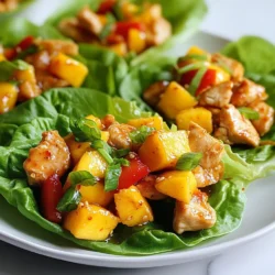 - 1 lb chicken breast, diced - 1 ripe mango, diced - 1 red bell pepper, finely chopped - 1 green onion, sliced - 2 tablespoons soy sauce - 1 tablespoon sriracha (adjust to taste) - 1 tablespoon sesame oil - 1 tablespoon lime juice - Fresh cilantro leaves - Butter lettuce or Romaine Gather these ingredients to make your spicy mango chicken lettuce wraps. The fresh mango adds sweetness, while the chicken gives protein. Red bell pepper adds crunch and color, and green onion adds a mild onion flavor. The soy sauce and sriracha give depth and heat. Sesame oil adds richness, and lime juice brightens the dish. Butter lettuce or Romaine acts as the perfect wrap. You can hold it easily and enjoy the filling. Fresh cilantro on top adds a burst of flavor. Each ingredient plays a key role in making this dish tasty and balanced. {{ingredient_image_1}} - Start by dicing 1 pound of chicken breast into small pieces. This helps it cook evenly. - Next, finely chop 1 red bell pepper. The color adds beauty and flavor. - Dice 1 ripe mango. Make sure it is juicy and sweet for the best taste. - Slice 1 green onion, using both the white and green parts. This adds a mild onion flavor. - Heat 1 tablespoon of sesame oil in a large skillet over medium-high heat. - Add the chicken to the skillet and sauté until it’s browned and cooked through. This takes about 6-8 minutes. - Once the chicken is ready, stir in 2 cloves of minced garlic and 1 tablespoon of minced ginger. Cook for about 1 minute until it smells great. - Mix in the chopped red bell pepper. Sauté for another 2-3 minutes until it softens a bit. - Reduce the heat to medium-low. Stir in the diced mango, 2 tablespoons of soy sauce, 1 tablespoon of sriracha, and 1 tablespoon of lime juice. Cook for 2 more minutes to blend the flavors. - Remove the skillet from heat and stir in the sliced green onions for freshness. - Carefully separate the leaves of butter lettuce to make cups. - Spoon the spicy mango chicken mixture into each lettuce leaf. - Garnish with fresh cilantro leaves for a bright finish. - Ensuring even cooking of chicken: Start by cutting the chicken into even pieces. This helps them cook at the same rate. Use medium-high heat for a nice golden brown. Stir often to avoid burning. - Adjusting spice levels with sriracha: If you want more heat, add more sriracha. Start with one tablespoon and taste. You can always add more, but you can't take it out! - How to perfectly dice mango: To dice mango, first peel it. Cut the sides off the pit. Make vertical and horizontal cuts in the flesh. Then, scoop it out with a spoon. You’ll get even cubes. - Storing leftover ingredients: Store leftover mango and chicken separately. Use airtight containers. Keep mango in the fridge for up to two days. Chicken can last up to four days. - Pairing with dipping sauces: These wraps pair well with sweet chili sauce or soy sauce. You can also make a peanut sauce for a nutty flavor. - Serving with side dishes: Serve with a simple salad or rice. These sides add balance and round out the meal. Enjoy with extra lime wedges for a zesty kick! Pro Tips Marinate for More Flavor: If time allows, marinate the chicken in soy sauce, garlic, and ginger for at least 30 minutes before cooking to enhance the flavor. Choose the Right Lettuce: Butter lettuce is ideal for wraps due to its softness and flexibility, but Romaine can add a satisfying crunch if you prefer. Adjust Spice Levels: Customize the heat by varying the amount of sriracha. For a milder option, start with half the amount and adjust according to your taste. Fresh Garnish Matters: Always use fresh cilantro for garnish; it brightens the dish and adds a burst of flavor that complements the mango and chicken. {{image_2}} You can switch proteins in this recipe for great taste. Tofu works well for a vegetarian option. Shrimp adds a nice twist, too. If you want a fruity touch, try using pineapple or peach instead of mango. Each fruit brings its unique flavor to the wraps. Make this dish gluten-free by using tamari instead of soy sauce. For a low-carb option, skip the mango and add more veggies like zucchini or bell peppers. This keeps the wraps fresh and light. Get creative with sauces and spices. Add peanut sauce for a nutty flavor. You can also try using chili flakes or jalapeños to increase the heat. Adjust the spice levels to fit your taste. To keep your spicy mango chicken wraps fresh, store them in airtight containers. This prevents air and moisture from spoiling the food. Place the chicken mixture and lettuce leaves in separate containers. This way, the lettuce stays crisp. You can enjoy the leftovers for up to three days in the fridge. Can you freeze Spicy Mango Chicken? Yes, you can! However, I recommend freezing only the chicken mixture. The lettuce does not freeze well. Use a freezer-safe container or bag to store the chicken. When you’re ready to eat, thaw it in the fridge overnight. For best practices, heat the chicken in a skillet. This helps keep its flavor and texture. Avoid microwaving if possible, as it may dry out the chicken. Reheat your chicken on the stove over medium heat. Add a splash of water or broth to help keep it moist. Stir frequently until it’s heated through. For the best taste, avoid using the microwave. Serve the warm chicken in fresh lettuce cups. This helps maintain that crisp texture and bright flavor. Enjoy your wraps as if they were freshly made! Can I make these wraps ahead of time? Yes, you can prep the chicken and veggies ahead. Store them in the fridge. Just keep the lettuce separate. This way, it stays crisp. What can I serve with Spicy Mango Chicken Lettuce Wraps? These wraps pair well with rice or a fresh salad. You can also add a tangy dipping sauce on the side. How do I know when the chicken is fully cooked? The chicken is done when it turns golden brown. It should reach an internal temperature of 165°F. Use a meat thermometer for best results. What are some good alternatives to lettuce wraps? If you prefer, try using cabbage leaves or tortillas. Both add a nice crunch and flavor. You can also use whole grain wraps for a twist. What are the calorie counts per serving? Each serving has about 250 calories. This can vary based on how much filling you use. Are these wraps healthy? What are the nutritional benefits? Yes, these wraps are healthy. They are low in carbs and high in protein. The mango adds vitamins and fiber. Lettuce is also low in calories, making this a great choice! In this blog post, we explored the vibrant and tasty Spicy Mango Chicken Lettuce Wraps. We covered the key ingredients, including juicy chicken, ripe mango, and colorful bell peppers. You learned the cooking steps to create these wraps perfectly. We also shared useful tips for adjusting spice levels and suggested fun variations for different diets. These wraps are easy to make and full of flavor. Enjoy experimenting with your own twists to create something special!
