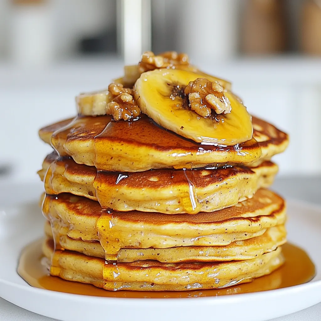 To make caramelized banana pancakes, gather these simple ingredients: - 1 cup all-purpose flour - 2 tablespoons sugar - 2 teaspoons baking powder - 1/2 teaspoon salt - 1 cup milk (dairy or plant-based) - 1 large egg - 2 tablespoons melted butter - 2 ripe bananas, sliced - 2 tablespoons brown sugar - 1 tablespoon butter (for caramelizing bananas) - Maple syrup (for serving) - Optional: walnuts or pecans for topping These ingredients create a tasty and easy dish. The bananas add natural sweetness, while the brown sugar helps with caramelization. You can use dairy or plant-based milk, depending on your preference. The nuts are a nice touch but not required. Feel free to mix and match to suit your taste! {{ingredient_image_1}} First, grab a mixing bowl. Add 1 cup of all-purpose flour, 2 tablespoons of sugar, 2 teaspoons of baking powder, and 1/2 teaspoon of salt. Use a whisk to mix these dry ingredients well. This step is key for a fluffy texture in your pancakes. Next, take another bowl. Pour in 1 cup of milk, add 1 large egg, and 2 tablespoons of melted butter. Whisk these wet ingredients together until well mixed. This mixture will add moisture and richness to your pancakes. Now, heat a non-stick skillet over medium heat. Lightly grease it with a bit of butter or oil. Pour about 1/4 cup of the batter onto the hot skillet for each pancake. Cook for 2-3 minutes until bubbles form on the surface. Then, flip the pancake and cook for an additional 1-2 minutes until golden brown. While the pancakes cook, caramelize the bananas. In a separate skillet, melt 1 tablespoon of butter over medium heat. Add 2 ripe bananas, sliced, and sprinkle 2 tablespoons of brown sugar over them. Cook for 2-3 minutes, gently flipping until soft and caramelized. As each pancake finishes, layer a few pieces of caramelized banana on top. Repeat until all batter and bananas are cooked. Serve warm with maple syrup drizzled over the top and, if you like, sprinkle with walnuts or pecans. Enjoy your delightful breakfast! To caramelize bananas, start with ripe fruit. Ripe bananas have more sugar, which helps with flavor. Slice the bananas about half an inch thick. Heat a skillet over medium heat and add one tablespoon of butter. Once the butter melts, place the banana slices flat in the pan. Sprinkle two tablespoons of brown sugar over the bananas. Cook for 2-3 minutes, gently flipping them. You want them golden and soft. Remove them from the heat when caramelized. The smell will be amazing! To flip pancakes well, wait for bubbles to form on the surface. This shows they are ready. Use a wide spatula to lift the pancake carefully. If you flip too soon, the pancake may break. Cook on the other side for 1-2 minutes until golden brown. If you notice any burning, lower the heat. A steady medium heat ensures even cooking without burning. When mixing pancake batter, combine dry and wet ingredients separately first. This helps avoid lumps. Pour the wet mixture into the dry ingredients and fold gently. Don't overmix; a few lumps are okay. Overmixing can make pancakes tough. Let the batter rest for a few minutes before cooking. This helps create a fluffier texture. Pro Tips Use Ripe Bananas: The riper the bananas, the sweeter and more flavorful your pancakes will be. Look for bananas with brown spots for the best results. Don't Overmix: When combining wet and dry ingredients, mix just until combined. Overmixing can lead to tough pancakes. Keep Pancakes Warm: If making a large batch, keep finished pancakes warm in a low oven (around 200°F or 93°C) while you finish cooking the rest. Experiment with Toppings: Feel free to add other toppings like whipped cream, chocolate chips, or berries to customize your pancakes to your taste. {{image_2}} You can make these pancakes even more fun! Add nuts or chocolate chips to the batter. Chopped walnuts or pecans add a nice crunch. They also bring healthy fats and protein. If you love chocolate, mix in some chocolate chips. The warm pancakes will melt the chips, making each bite rich and sweet. If you need gluten-free pancakes, use gluten-free flour. This swap works well and keeps the flavor. For dairy-free options, choose plant-based milk, like almond or oat milk. You can also use a flax egg instead of a regular egg. Just mix 1 tablespoon of ground flaxseed with 2.5 tablespoons of water and let it sit for a few minutes. Want to spice things up? Add a pinch of cinnamon or nutmeg to the batter. This will give your pancakes a warm flavor. A drop of vanilla extract can also boost the taste. These small changes make your pancakes even more delicious and exciting to eat! To store leftover pancakes, let them cool first. Place them in a single layer on a plate. Cover the plate with plastic wrap or foil. You can also stack the pancakes with parchment paper between them. This keeps them from sticking. Store them in the fridge for up to three days. If you want to keep them longer, freeze them. Wrap each pancake in plastic wrap, then put them in a freezer bag. This helps keep them fresh. Reheating pancakes is easy. You can use a microwave, oven, or skillet. For the microwave, place a pancake on a plate and cover it with a damp paper towel. Heat it for about 20-30 seconds. In the oven, preheat it to 350°F (175°C). Place pancakes on a baking sheet and heat for about 10 minutes. For a skillet, add a small amount of butter over low heat. Heat each pancake for about 1-2 minutes on each side. This method keeps the pancakes soft and tasty. Pancakes can last in the fridge for three days. If you freeze them, they can last for up to three months. After that, they may lose flavor and texture. Always check for any signs of spoilage before eating. If they look dry or smell off, it's best to throw them away. Enjoy your pancakes fresh whenever possible, but storing them well helps you savor them later! Yes, you can use overripe bananas. They are perfect for pancakes. Overripe bananas have a strong sweetness. This natural sweetness enhances the flavor of your pancakes. They also mash easily, mixing well into the batter. You will get a rich, banana taste in each bite. To make pancakes fluffier, there are a few tips to follow. First, use fresh baking powder. Old baking powder may not rise well. Second, do not overmix your batter. A few lumps are okay; they help keep the pancakes light. Third, let the batter rest for about 5 minutes. This allows the flour to absorb moisture. Finally, cook them on medium heat. Too high of heat can lead to dense pancakes. Each serving of caramelized banana pancakes has about 300 calories. They contain around 10 grams of fat, 5 grams of protein, and 50 grams of carbs. This makes them a tasty breakfast option. You can adjust the toppings for a more balanced meal. Adding nuts can increase protein and healthy fats. In this post, we covered how to make delicious banana pancakes. We went through the ingredients and prepared both dry and wet mixes. I shared tips to caramelize bananas and avoid burnt pancakes. We also explored cool variations, storage tips, and answered key questions. These pancakes are easy to make, tasty, and great for any meal. Enjoy your cooking and get creative with your toppings and flavors!