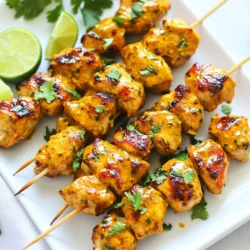 - 1 pound chicken breast, cut into bite-sized pieces - 2 tablespoons sesame oil - 2 cloves garlic, minced - 1 inch ginger, grated - 2 tablespoons soy sauce - 1 tablespoon honey - 1 tablespoon sriracha sauce - 1 teaspoon turmeric powder - 1 teaspoon ground coriander - 1 teaspoon ground cumin - ¼ cup coconut milk - Wooden skewers, soaked in water for 30 minutes To make the best satay chicken skewers, start with fresh chicken breast. Cut the chicken into small, even pieces. This helps them cook evenly on the grill. Next, gather your marinade components. The marinade is key to a flavorful dish. It includes sesame oil, garlic, ginger, soy sauce, honey, and sriracha sauce. Each adds its own flair. Turmeric, coriander, and cumin bring warmth and depth. Finally, coconut milk gives a creamy touch. Don't forget the wooden skewers! Soak them in water for at least 30 minutes. This prevents them from burning on the grill. With these ingredients ready, you can create a tasty dish that everyone will love. {{ingredient_image_1}} First, gather your marinade ingredients. You will need: - 2 tablespoons sesame oil - 2 cloves garlic, minced - 1 inch ginger, grated - 2 tablespoons soy sauce - 1 tablespoon honey - 1 tablespoon sriracha sauce - 1 teaspoon turmeric powder - 1 teaspoon ground coriander - 1 teaspoon ground cumin - ¼ cup coconut milk Combine all these in a large bowl. Mix them well until smooth. Marinating is crucial. It allows the chicken to soak up all the flavors. Aim for at least one hour. If you can, marinate overnight. This gives a deeper taste that you will love. For flavor depth, make sure the chicken is well coated. Stir it occasionally while marinating. This helps infuse every piece with the marinade. Now, it’s time to grill. Start by preheating your grill or grill pan over medium-high heat. This step is key for getting nice grill marks. While the grill heats, take your soaked wooden skewers. Thread the marinated chicken pieces onto the skewers. Leave a bit of space between each piece. This helps them cook evenly. Cook the skewers on the grill for about 4-5 minutes on each side. Check for doneness by cutting a piece. The chicken should be fully cooked and no longer pink. Once done, remove the skewers from the grill. Let them rest for a few minutes. This keeps the juices locked in for a tasty bite. - Temperature control: Keep your grill at medium-high heat. This helps cook the chicken evenly and gives it a nice crust. If it’s too hot, the outside may burn before the inside cooks. - Avoiding dry chicken: Marinate your chicken for at least one hour, but overnight is best. The coconut milk keeps the chicken moist. Be sure to check the grill temperature while cooking. - Checking for grill marks: Cook each side for 4-5 minutes. Look for nice brown grill marks; this shows the chicken is getting that perfect char. If you don’t see them, give it more time before flipping. - Adding spices or herbs: Feel free to experiment with spices. Try adding crushed red pepper for heat or fresh herbs like cilantro for freshness. You can adjust the marinade to your taste. - Recommended side dishes: Serve your skewers with rice or a fresh salad. Peanut sauce is a great dip for added flavor. You can also serve it with sliced cucumbers for a refreshing crunch. - Serving suggestions with sauces: Pair your skewers with different sauces. Peanut sauce, sweet chili sauce, or a tangy lime sauce all work well. Drizzle some sauce over the skewers before serving for added flair. Pro Tips Marinating Time: Allow the chicken to marinate overnight for the best flavor absorption. Soaking Skewers: Soak the wooden skewers in water for at least 30 minutes to prevent them from burning on the grill. Check Doneness: Use a meat thermometer to ensure the chicken reaches an internal temperature of 165°F (75°C). Garnishing Ideas: Enhance the presentation by adding chopped peanuts and fresh herbs like cilantro or mint on top before serving. {{image_2}} You can use different proteins for satay skewers. Beef, pork, or tofu all work well. Each protein has unique cooking times. - Beef: Use thin slices of steak. Marinate for a shorter time, about 30 minutes. - Pork: Cut pork tenderloin into bite-sized pieces. Marinate like chicken but cook until the internal temperature hits 145°F. - Tofu: Use firm tofu for great texture. Press it to remove extra water, then marinate for a few hours. When using these proteins, keep the marinade similar but adjust flavors to match. For beef, add a dash of Worcestershire sauce for a deeper taste. For tofu, increase the coconut milk for a richer flavor. If you need gluten-free skewers, swap soy sauce for tamari. Tamari has a similar taste and works well in marinades. For a vegan version, replace chicken with mushrooms, tempeh, or seitan. Each option adds its own flavor and texture. - Mushrooms: Use portobello or shiitake for a meaty bite. - Tempeh: Slice it thin and marinate well for maximum flavor. - Seitan: This wheat-based protein is very versatile. Adjust the marinade. Use maple syrup instead of honey for sweetness. Ensure all ingredients, like sauces and spices, are vegan-friendly. This way, everyone can enjoy the tasty satay skewers! To store your satay chicken skewers, follow these steps: - Let the skewers cool down to room temperature. - Place them in an airtight container. - Store them in the fridge for up to 3 days. - If you want to keep them longer, freeze them. When freezing, wrap each skewer in plastic wrap. Then, put them in a freezer bag. This helps avoid freezer burn. You can keep them in the freezer for up to 3 months. To reheat your skewers, use these methods: - Oven: Preheat to 350°F (175°C). Place skewers on a baking sheet. Heat for about 10 minutes. - Stovetop: Heat a skillet over medium heat. Add a little oil and cook skewers for 5-7 minutes, turning often. - Microwave: Place skewers on a microwave-safe plate. Heat in 30-second intervals until warm. For the best taste and texture, avoid the microwave if you can. The oven or stovetop helps keep the chicken juicy and flavorful. Enjoy your satay chicken skewers! Satay chicken skewers come from Southeast Asia, mainly Indonesia and Malaysia. They are a popular street food. The dish has grilled meat served with peanut sauce. Each region has its unique take on flavors and spices. This dish reflects the rich culinary heritage of these countries. Yes, you can make satay sauce from scratch easily. Just mix peanut butter, soy sauce, coconut milk, and a bit of lime juice. Add garlic and ginger for extra flavor. This homemade sauce adds a personal touch to your dish. You can know the chicken is done when it reaches 165°F. Use a meat thermometer for an accurate reading. The chicken should be firm and no longer pink inside. Grill marks also indicate a good cook. You can serve satay chicken skewers with rice or noodles. Fresh vegetables like cucumber and bell pepper add crunch. A simple salad or coleslaw pairs well too. Don't forget the homemade peanut sauce for dipping! In this post, we covered making delicious chicken skewers from start to finish. We discussed key ingredients like chicken and marinades. Then, we outlined simple steps for marinating and grilling. I shared tips for juicy chicken and flavorful sides. Finally, we explored variations for different diets. You can enjoy skewers your way, whether you're grilling for friends or family. These tips will help you create a meal everyone will love. Just remember to keep experimenting and having fun in the kitchen!