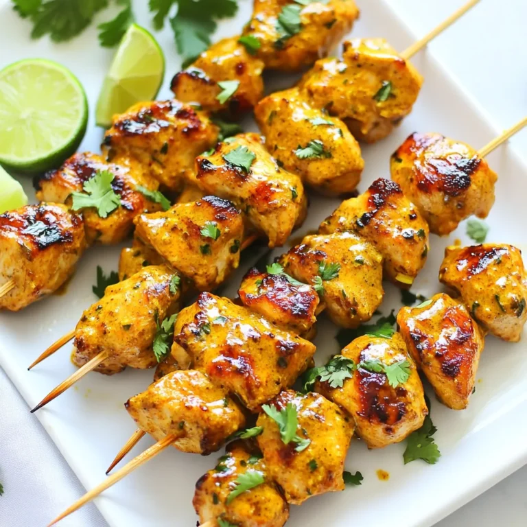 - 1 pound chicken breast, cut into bite-sized pieces - 2 tablespoons sesame oil - 2 cloves garlic, minced - 1 inch ginger, grated - 2 tablespoons soy sauce - 1 tablespoon honey - 1 tablespoon sriracha sauce - 1 teaspoon turmeric powder - 1 teaspoon ground coriander - 1 teaspoon ground cumin - ¼ cup coconut milk - Wooden skewers, soaked in water for 30 minutes To make the best satay chicken skewers, start with fresh chicken breast. Cut the chicken into small, even pieces. This helps them cook evenly on the grill. Next, gather your marinade components. The marinade is key to a flavorful dish. It includes sesame oil, garlic, ginger, soy sauce, honey, and sriracha sauce. Each adds its own flair. Turmeric, coriander, and cumin bring warmth and depth. Finally, coconut milk gives a creamy touch. Don't forget the wooden skewers! Soak them in water for at least 30 minutes. This prevents them from burning on the grill. With these ingredients ready, you can create a tasty dish that everyone will love. {{ingredient_image_1}} First, gather your marinade ingredients. You will need: - 2 tablespoons sesame oil - 2 cloves garlic, minced - 1 inch ginger, grated - 2 tablespoons soy sauce - 1 tablespoon honey - 1 tablespoon sriracha sauce - 1 teaspoon turmeric powder - 1 teaspoon ground coriander - 1 teaspoon ground cumin - ¼ cup coconut milk Combine all these in a large bowl. Mix them well until smooth. Marinating is crucial. It allows the chicken to soak up all the flavors. Aim for at least one hour. If you can, marinate overnight. This gives a deeper taste that you will love. For flavor depth, make sure the chicken is well coated. Stir it occasionally while marinating. This helps infuse every piece with the marinade. Now, it’s time to grill. Start by preheating your grill or grill pan over medium-high heat. This step is key for getting nice grill marks. While the grill heats, take your soaked wooden skewers. Thread the marinated chicken pieces onto the skewers. Leave a bit of space between each piece. This helps them cook evenly. Cook the skewers on the grill for about 4-5 minutes on each side. Check for doneness by cutting a piece. The chicken should be fully cooked and no longer pink. Once done, remove the skewers from the grill. Let them rest for a few minutes. This keeps the juices locked in for a tasty bite. - Temperature control: Keep your grill at medium-high heat. This helps cook the chicken evenly and gives it a nice crust. If it’s too hot, the outside may burn before the inside cooks. - Avoiding dry chicken: Marinate your chicken for at least one hour, but overnight is best. The coconut milk keeps the chicken moist. Be sure to check the grill temperature while cooking. - Checking for grill marks: Cook each side for 4-5 minutes. Look for nice brown grill marks; this shows the chicken is getting that perfect char. If you don’t see them, give it more time before flipping. - Adding spices or herbs: Feel free to experiment with spices. Try adding crushed red pepper for heat or fresh herbs like cilantro for freshness. You can adjust the marinade to your taste. - Recommended side dishes: Serve your skewers with rice or a fresh salad. Peanut sauce is a great dip for added flavor. You can also serve it with sliced cucumbers for a refreshing crunch. - Serving suggestions with sauces: Pair your skewers with different sauces. Peanut sauce, sweet chili sauce, or a tangy lime sauce all work well. Drizzle some sauce over the skewers before serving for added flair. Pro Tips Marinating Time: Allow the chicken to marinate overnight for the best flavor absorption. Soaking Skewers: Soak the wooden skewers in water for at least 30 minutes to prevent them from burning on the grill. Check Doneness: Use a meat thermometer to ensure the chicken reaches an internal temperature of 165°F (75°C). Garnishing Ideas: Enhance the presentation by adding chopped peanuts and fresh herbs like cilantro or mint on top before serving. {{image_2}} You can use different proteins for satay skewers. Beef, pork, or tofu all work well. Each protein has unique cooking times. - Beef: Use thin slices of steak. Marinate for a shorter time, about 30 minutes. - Pork: Cut pork tenderloin into bite-sized pieces. Marinate like chicken but cook until the internal temperature hits 145°F. - Tofu: Use firm tofu for great texture. Press it to remove extra water, then marinate for a few hours. When using these proteins, keep the marinade similar but adjust flavors to match. For beef, add a dash of Worcestershire sauce for a deeper taste. For tofu, increase the coconut milk for a richer flavor. If you need gluten-free skewers, swap soy sauce for tamari. Tamari has a similar taste and works well in marinades. For a vegan version, replace chicken with mushrooms, tempeh, or seitan. Each option adds its own flavor and texture. - Mushrooms: Use portobello or shiitake for a meaty bite. - Tempeh: Slice it thin and marinate well for maximum flavor. - Seitan: This wheat-based protein is very versatile. Adjust the marinade. Use maple syrup instead of honey for sweetness. Ensure all ingredients, like sauces and spices, are vegan-friendly. This way, everyone can enjoy the tasty satay skewers! To store your satay chicken skewers, follow these steps: - Let the skewers cool down to room temperature. - Place them in an airtight container. - Store them in the fridge for up to 3 days. - If you want to keep them longer, freeze them. When freezing, wrap each skewer in plastic wrap. Then, put them in a freezer bag. This helps avoid freezer burn. You can keep them in the freezer for up to 3 months. To reheat your skewers, use these methods: - Oven: Preheat to 350°F (175°C). Place skewers on a baking sheet. Heat for about 10 minutes. - Stovetop: Heat a skillet over medium heat. Add a little oil and cook skewers for 5-7 minutes, turning often. - Microwave: Place skewers on a microwave-safe plate. Heat in 30-second intervals until warm. For the best taste and texture, avoid the microwave if you can. The oven or stovetop helps keep the chicken juicy and flavorful. Enjoy your satay chicken skewers! Satay chicken skewers come from Southeast Asia, mainly Indonesia and Malaysia. They are a popular street food. The dish has grilled meat served with peanut sauce. Each region has its unique take on flavors and spices. This dish reflects the rich culinary heritage of these countries. Yes, you can make satay sauce from scratch easily. Just mix peanut butter, soy sauce, coconut milk, and a bit of lime juice. Add garlic and ginger for extra flavor. This homemade sauce adds a personal touch to your dish. You can know the chicken is done when it reaches 165°F. Use a meat thermometer for an accurate reading. The chicken should be firm and no longer pink inside. Grill marks also indicate a good cook. You can serve satay chicken skewers with rice or noodles. Fresh vegetables like cucumber and bell pepper add crunch. A simple salad or coleslaw pairs well too. Don't forget the homemade peanut sauce for dipping! In this post, we covered making delicious chicken skewers from start to finish. We discussed key ingredients like chicken and marinades. Then, we outlined simple steps for marinating and grilling. I shared tips for juicy chicken and flavorful sides. Finally, we explored variations for different diets. You can enjoy skewers your way, whether you're grilling for friends or family. These tips will help you create a meal everyone will love. Just remember to keep experimenting and having fun in the kitchen!