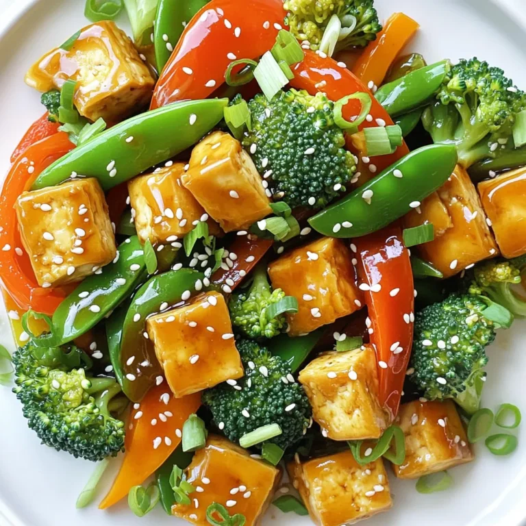 - 1 block of firm tofu (14 oz), pressed and cubed - 2 tablespoons olive oil - 3 cloves garlic, minced - 1/4 cup honey - 1/4 cup low-sodium soy sauce - 1 tablespoon cornstarch - 1 bell pepper (any color), sliced - 1 cup broccoli florets - 1 cup snap peas To make a great honey garlic tofu stir fry, start with firm tofu. This type holds its shape well during cooking. You will also need olive oil for sautéing and minced garlic for flavor. Honey and low-sodium soy sauce create a tasty sauce. Cornstarch helps thicken the sauce. Add assorted vegetables like bell pepper, broccoli, and snap peas for a colorful dish. - 2 green onions, sliced (for garnish) - Sesame seeds (for garnish) Garnishes add a nice touch. Green onions give a fresh taste and color. Sesame seeds add crunch and beauty to the dish. - 1/4 teaspoon red pepper flakes If you want some heat, use red pepper flakes. They give a nice kick without overpowering the sweet sauce. - First, press the tofu to remove extra water. Wrap it in a clean towel. Place a heavy object on top for about 15 to 20 minutes. This step helps the tofu get crispy. - After pressing, cut the tofu into 1-inch cubes. Aim for even cubes to cook them well. - Next, in a small bowl, mix honey, soy sauce, and cornstarch. Whisk until smooth and set this mixture aside. This sauce adds flavor and thickness to your dish. - Heat 2 tablespoons of olive oil in a large skillet over medium-high heat. The oil should shimmer but not smoke. - Add the cubed tofu to the skillet. Cook for 5 to 7 minutes. Turn the tofu to brown all sides. Once golden, remove the tofu and let it rest. This gives it a nice texture. - In the same skillet, add 3 minced garlic cloves. Sauté for about 30 seconds. You want the garlic to smell good but not burn. - Now, add sliced bell pepper, broccoli florets, and snap peas to the skillet. These veggies add color and crunch. - Stir-fry for 4 to 5 minutes. Cook until they are tender yet still bright. This keeps your dish fresh and vibrant. - Return the cooked tofu to the skillet. Pour the honey-soy mixture over everything. Stir well to coat the tofu and veggies evenly. - Cook for an additional 2 to 3 minutes. This allows the sauce to thicken slightly. If you like spice, sprinkle in 1/4 teaspoon of red pepper flakes. - Finally, remove from heat and garnish with sliced green onions and sesame seeds for a lovely finish. Tofu can be tricky, but pressing it makes a big difference. Wrap the block of tofu in a clean towel. Place a heavy object on top for about 15-20 minutes. This helps remove excess moisture. Once pressed, cut the tofu into 1-inch cubes. Use firm tofu for the best results. It holds its shape well when cooking. You can boost the flavor with additional spices. Consider adding ginger or sesame oil for more depth. If you like it sweeter, adjust the honey level. Start with a little and add more as you taste. A pinch of red pepper flakes adds a nice kick, too. Use a large non-stick skillet or a wok. Both options provide enough space for stir-frying. Non-stick helps prevent the tofu from sticking. For easy stirring, use a wooden spatula or a silicone spatula. These utensils are gentle on your cookware and help mix all the ingredients well. {{image_2}} You can change the vegetables in your stir fry. Consider using: - Carrots, sliced thin - Zucchini, cut into half-moons - Cauliflower florets These add crunch and color. You can also use seasonal veggies. In spring, add asparagus. In fall, try butternut squash. This keeps your dish fresh and exciting. If you want a change from tofu, try tempeh or seitan. - Tempeh has a nutty flavor and is packed with protein. - Seitan is chewy and absorbs flavors well. You can also add chickpeas for a different twist. They add protein and fiber. This keeps your meal hearty and filling. Spice up your dish! Add red pepper flakes for heat. You can also make a spicy honey garlic version. Just pick your favorite hot sauce. Mix it in with the honey and soy sauce. Want a fresh taste? Add citrus like lime or lemon. Herbs like basil or cilantro also brighten the dish. These tweaks make your honey garlic tofu stir fry unique every time. To keep your honey garlic tofu stir fry fresh, store leftovers in an airtight container. Place the container in the fridge. This method helps keep the flavors intact. You can store leftovers for up to 3 days. After that, the tofu may lose texture and flavor. When reheating, the best method is to use a skillet. Heat it over medium heat. Add a splash of water or oil to prevent sticking. Stir the mixture often to heat evenly. Avoid using the microwave, as it can make the tofu soggy. Keeping the stir fry hot will help retain its delicious taste. If you want to freeze leftovers, let them cool completely before packing. Use a freezer-safe container or bag. You can freeze the stir fry for up to 2 months. For thawing, move it to the fridge overnight. Once thawed, reheat it in a skillet for the best results. Enjoy your meal just like fresh! Yes, you can switch sauces to change the flavor. Here are some options: - Teriyaki sauce: This adds a sweet and savory touch. - Sweet chili sauce: This brings a sweet and spicy kick. - Peanut sauce: This gives a rich, nutty flavor. - Coconut aminos: This is a soy sauce alternative with a mild flavor. Feel free to mix sauces too for a unique taste. Yes, you can make this dish gluten-free. Use gluten-free soy sauce. Here are some alternatives: - Tamari: This is a popular soy sauce substitute. - Coconut aminos: This sauce is also gluten-free. - Homemade sauce: Mix water, vinegar, and seasonings for a quick option. Always check labels to ensure products are gluten-free. To make this dish vegan, replace honey. Here’s how: - Maple syrup: This is a great sweetener choice. - Agave nectar: This is another tasty option. These swaps keep the flavor while making it vegan-friendly. This blog post covered how to make a tasty stir-fry with firm tofu. You learned about the main ingredients and their roles. I shared step-by-step instructions for preparing and cooking your dish. I gave tips to perfect the tofu texture and enhance flavors. You can also explore variations and storage tips to enjoy it later. With these insights, you can create delicious meals that meet your taste and needs. Enjoy your cooking adventure!