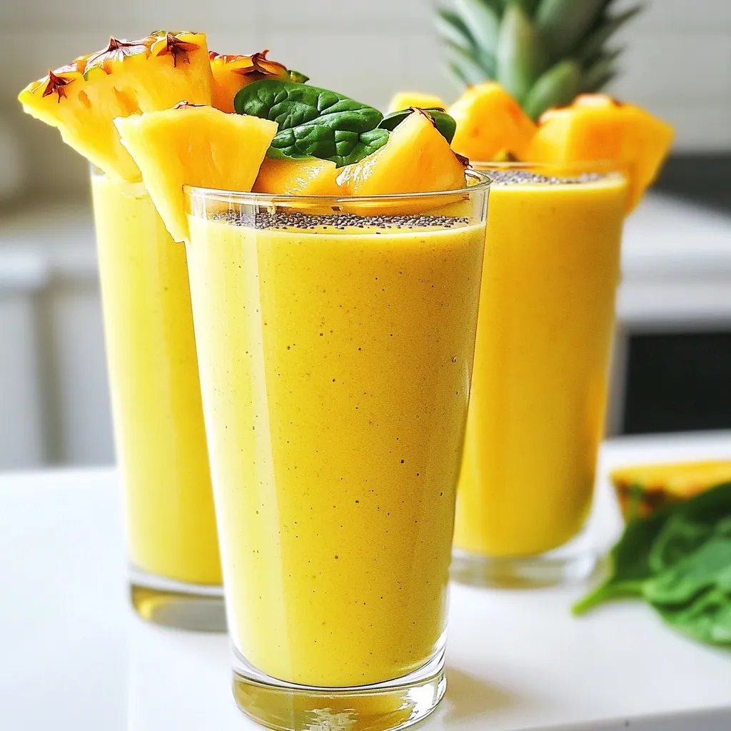 - 1 ripe mango, peeled and diced - 1 cup fresh pineapple chunks - 1 cup baby spinach - 1 medium banana (frozen for creaminess) - 1 cup coconut water (or plain water) - 1 tablespoon chia seeds - 1 teaspoon fresh ginger, grated - A squeeze of lime juice - Ice cubes (optional for extra chill) Mango and pineapple are both packed with vitamins. They bring a burst of vitamin C. This vitamin helps keep your skin healthy and boosts your immune system. Mango also gives you vitamin A, which is great for your eyes. Spinach adds a lot of health benefits too. It is rich in iron, which helps your blood stay healthy. Plus, it has fiber that keeps your tummy happy. Chia seeds are tiny but mighty. They are full of protein and omega-3 fatty acids. These nutrients can help your heart stay strong. Coconut water is more than just a tasty drink. It keeps you hydrated. It has electrolytes that help you feel refreshed. This is great after a workout or on a hot day. This smoothie is a blend of flavors and health. Each ingredient works together to give you a tasty treat. You will feel good knowing you are fueling your body with good stuff! {{ingredient_image_1}} - Peeling and dicing the mango: Start by taking a ripe mango. Cut off the skin with a knife. Then, slice the mango into small pieces. This helps it blend better. - Chopping pineapple into chunks: Next, grab your fresh pineapple. Cut off the top and bottom. Stand it up and slice off the skin. Cut the pineapple into bite-sized chunks. - Freezing the banana: For a creamy smoothie, use a frozen banana. If you have a fresh banana, peel it and freeze it for a few hours. This will make your smoothie extra smooth. - Order of ingredients for optimal blending: In your blender, start by adding the diced mango and pineapple chunks. Then, add the cup of baby spinach. Next, place the frozen banana. Pour in the coconut water last. This order helps everything blend well. - Blending duration and speed: Blend on high speed for about 30 to 60 seconds. Stop and check if it is smooth. If not, blend for a bit longer. You want a creamy texture without lumps. - Tips for sweetness adjustment: After blending, taste your smoothie. If you want it sweeter, add a drizzle of honey or agave syrup. Blend again for a few seconds to mix. - Gentle stirring before serving: Before you pour the smoothie into glasses, gently stir it with a spoon. This mixes any ingredients that settled at the bottom. Now, it’s ready to enjoy! The type of blender matters. A high-speed blender works best. It blends fruits and greens smoothly. This helps create a creamy texture. If your blender is not strong, blend in stages. Start with liquids first, then add solids. This ensures an even blend. To get a smooth consistency, blend until all ingredients are fully mixed. You want no chunks left. If it seems too thick, add more coconut water or plain water. Blend again until you reach your desired texture. Serve this smoothie in tall glasses. Clear glass shows off the bright colors. For a fun touch, add a slice of fresh mango or pineapple on the rim. Sprinkle some chia seeds on top for extra flair. This makes your drink look fancy and inviting. If you like a sweeter smoothie, honey or agave syrup works great. Start with a small amount and taste. You can always add more if needed. Consider natural sweeteners like dates or maple syrup. They add flavor and nutrients. Try them in place of refined sugars. This keeps your smoothie healthy and tasty. Pro Tips Choose Ripe Fruits: Make sure your mango and pineapple are perfectly ripe for the best flavor. A ripe mango should yield slightly when pressed, and a pineapple should have a sweet aroma. Use Frozen Banana: Using a frozen banana not only adds creaminess but also keeps your smoothie chilled without needing extra ice, which can dilute the flavor. Experiment with Greens: While baby spinach is a great choice, feel free to mix in other leafy greens like kale or Swiss chard for added nutrients without compromising flavor. Adjust Sweetness to Taste: Depending on the ripeness of your fruits, you may want to adjust the sweetness. Start with just a small amount of honey or agave and blend before adding more. {{image_2}} You can change up the fruits in this smoothie. If you prefer kiwi, swap it for the pineapple. It adds a nice tartness. You can also use mango or even papaya for a tropical twist. For greens, try kale instead of spinach. Kale gives a bolder flavor and extra nutrients. Want to make it even better? Add a scoop of protein powder. This makes the smoothie more filling. You can also add nut butter like almond or peanut butter. This adds creaminess and a boost of healthy fats. To keep it vegan, check that all ingredients are plant-based. Use almond milk or oat milk instead of coconut water. This keeps the smoothie creamy and tasty without dairy. You can enjoy this smoothie without any animal products. To keep your Mango Pineapple Green Smoothie fresh, pour it into a clean container. Glass jars work well because they seal tightly. Always leave a little space at the top. This allows room for expansion if you freeze it later. Store it in the fridge and drink it within 24 hours for the best taste. If you notice it separates, just give it a quick stir before enjoying. Freezing portions of your smoothie is a great way to save for later. Use ice cube trays or small containers. Pour the smoothie into these, filling them only halfway. This space allows for freezing expansion. When you're ready to drink, take out a few cubes and place them in a blender. You can thaw them by leaving them in the fridge overnight or running them under warm water for a few minutes. Smoothies can lose their creaminess over time. To maintain that silky texture, try adding a splash of coconut water when you re-blend. This helps bring back the smoothness. If the smoothie feels too thick, add a little water or more coconut water to get it just right. Blending again will help mix everything evenly, ensuring a fresh taste. To make your smoothie thicker, you can adjust the ingredient ratios. Try adding more frozen fruits. This will add creaminess without adding extra liquid. Options like frozen bananas or mangoes work well. You can also use less coconut water for a denser texture. Yes, you can make this smoothie ahead of time. Store it in a sealed container in the fridge. It is best to drink it within 24 hours for freshness. You may notice some flavor changes as it sits. The taste might mellow, but it will still be tasty. If you don’t have coconut water, you can use plain water, almond milk, or oat milk. These substitutes will change the taste slightly. Coconut water adds a sweet flavor and hydration. Other options may not have the same benefits but will still work well. You now have a great guide to making a tasty smoothie. We covered fresh ingredients, their health perks, and step-by-step instructions. You learned helpful tips for blending and serving. Plus, I shared fun ways to switch up the recipe. Always remember to store your smoothie well for freshness. Enjoy crafting your drink and feel the benefits it brings. Healthy smoothies can brighten your day and boost your energy. I hope you give it a try!