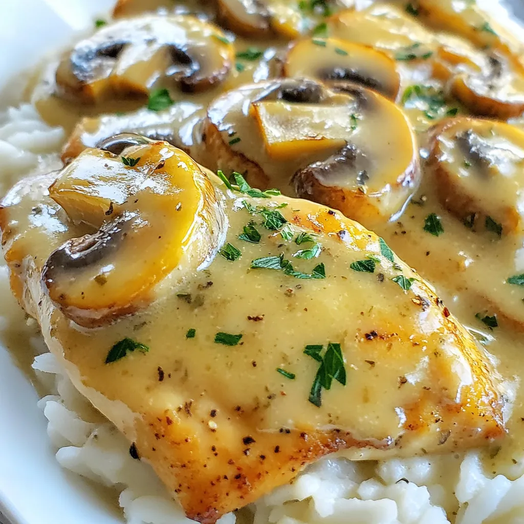 - 4 boneless, skinless chicken breasts - 2 cups mushrooms, sliced (such as cremini or button mushrooms) - 4 cloves garlic, minced - 1 cup heavy cream - 1 cup chicken broth When I make creamy garlic mushroom chicken, I start with the basics. The chicken breasts are the star. They should be boneless and skinless. This keeps the dish light and tender. Next, I pick mushrooms. Cremini or button mushrooms both work great. They add rich flavor and texture. I also use minced garlic. Fresh garlic makes a big difference in taste. Heavy cream is key for that luscious sauce. I like to use chicken broth for added depth. - 2 tablespoons olive oil - 1 teaspoon dried thyme - 1 teaspoon dried parsley - Salt and pepper to taste - Fresh parsley, chopped (for garnish) For seasoning, I use olive oil to cook the chicken. It gives a nice golden color. Dried thyme and parsley add earthy notes. Salt and pepper help bring out the flavors. Finally, I always add fresh parsley on top. It gives a pop of color and freshness. This simple mix of ingredients makes the dish shine. {{ingredient_image_1}} - Start by seasoning the chicken breasts with salt and pepper. Make sure to coat both sides. - Heat a large skillet over medium-high heat and add olive oil. Once hot, place the chicken in the skillet. - Cook the chicken for about 5-7 minutes on each side. Look for a nice golden brown color. Ensure the chicken is fully cooked, then remove it from the skillet and set it aside. - In the same skillet, add the sliced mushrooms. Sauté them for about 4-5 minutes until they become tender and golden. - Next, add the minced garlic to the skillet. Sauté for an additional 1-2 minutes until it releases its aroma. - Pour in the chicken broth, scraping the bottom of the skillet to get all the tasty bits. Let it simmer for about 3 minutes. - Lower the heat and stir in the heavy cream, dried thyme, and dried parsley. Mix well and let the sauce simmer for another 4-5 minutes until it thickens slightly. - Return the cooked chicken to the skillet. Spoon the creamy mushroom sauce over the chicken. - Let everything simmer together for about 2 minutes to warm the chicken through. - Taste the sauce and adjust seasoning with extra salt and pepper if needed. How do I ensure chicken is cooked through? To ensure your chicken is cooked through, use a meat thermometer. The internal temperature should reach 165°F (75°C). Cook each side for 5-7 minutes until golden brown. After cooking, let the chicken rest for a few minutes. This helps keep it juicy. What are tips for sautéing mushrooms perfectly? When sautéing mushrooms, avoid crowding the pan. Use a large skillet and keep the heat at medium-high. Let them cook without stirring for a few minutes. This helps them brown nicely. Stir them gently after they start to soften. Add salt only after they have released their moisture. This improves their flavor and texture. How do I thicken the sauce? To thicken the sauce, let it simmer longer. This helps the cream reduce and become more rich. You can also add a cornstarch slurry. Mix one tablespoon of cornstarch with two tablespoons of cold water. Stir it into the sauce and let it cook for a few more minutes. How do I adjust seasoning to taste? Taste the sauce before serving. If it needs more flavor, add salt or pepper. You can also add more thyme or parsley for a fresh taste. A squeeze of lemon juice adds brightness too. Adjust each seasoning gradually to find the perfect balance for your dish. Pro Tips Choose the Right Mushrooms: Opt for a mixture of different mushrooms like cremini and shiitake for a deeper flavor profile. Deglaze the Pan: Make sure to scrape up the brown bits from the bottom of the skillet when adding the chicken broth; this adds amazing depth to your sauce. Adjust Creaminess: For a lighter version, substitute half of the heavy cream with low-fat milk or chicken broth. Garnish Wisely: Fresh herbs like thyme or chives can elevate the dish's freshness and flavor, so don’t skip the garnish! {{image_2}} You can switch the chicken for turkey. Turkey breasts work great in this dish. If you want a plant-based option, try using tofu. Tofu absorbs flavors well and adds protein. For mushrooms, you have choices too! While cremini and button mushrooms are tasty, you can use portobello or shiitake mushrooms. They add a rich, earthy taste. Mix and match to find your favorite combo! To make this dish even creamier, add cheese. A sprinkle of parmesan or mozzarella melts beautifully into the sauce. It gives a nice, cheesy bite! Want to spice things up? Add fresh herbs like basil or oregano. A pinch of red pepper flakes can also bring some heat. Experiment with different spices to find your perfect flavor! To store leftovers of creamy garlic mushroom chicken, let it cool first. Place it in an airtight container. You can keep it in the fridge for up to three days. When you're ready to eat, simply reheat it in a skillet or microwave. Make sure it's hot throughout before serving again. You can freeze creamy garlic mushroom chicken for later use. Allow it to cool completely, then place it in a freezer-safe container. It will stay good for up to three months. To reheat, thaw it in the fridge overnight. Then, warm it gently on the stove or in the microwave. Add a splash of chicken broth if the sauce seems too thick after freezing. You can pair this dish with many sides. Here are a few great options: - Fluffy rice - Creamy mashed potatoes - Steamed vegetables - Garlic bread - A fresh garden salad These sides balance the rich sauce and enhance your meal. Yes, you can! Here are some easy swaps: - Use coconut cream instead of heavy cream. - Substitute chicken broth with vegetable broth. - Try dairy-free butter or olive oil for sautéing. These changes keep the dish creamy and tasty without dairy. This dish lasts about 3 to 4 days in the fridge. To store it: - Place it in an airtight container. - Let it cool before sealing. Reheat on the stove or in the microwave, and enjoy! This recipe for Creamy Garlic Mushroom Chicken is simple and tasty. You start by cooking seasoned chicken and making a flavorful mushroom sauce. With tips for perfect sautéing and sauce thickness, you’ll impress anyone who tastes this dish. Feel free to swap ingredients or adjust flavors to make it your own. Store leftovers correctly or freeze them for later. Enjoy this dish with great sides, and remember, it’s easy to make it dairy-free. Happy cooking!