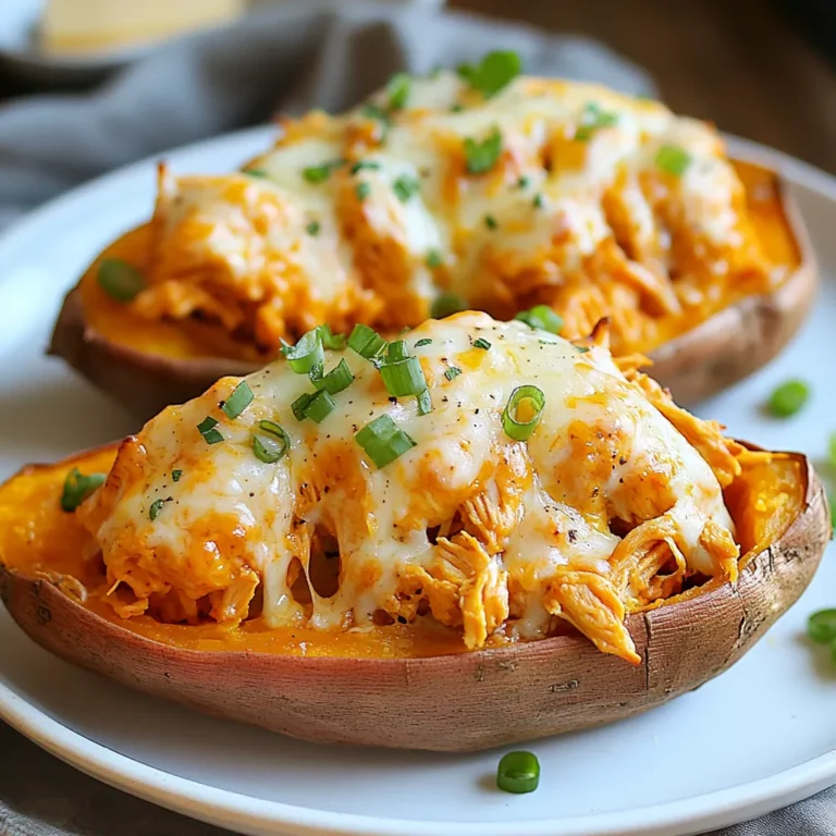 - 2 medium sweet potatoes - 1 cup cooked chicken, shredded - 1/2 cup buffalo sauce - 1/4 cup cream cheese, softened - 1/2 cup shredded cheddar cheese - 2 green onions, sliced - 1/4 cup blue cheese crumbles (optional) - Olive oil - Salt and pepper to taste - Fresh cilantro for garnish (optional) Each serving has about 350 calories. The breakdown is: - Carbohydrates: 40g - Fats: 15g - Proteins: 20g - Look for sweet potatoes that are firm and smooth. Avoid any with soft spots. - For buffalo sauce, choose one that matches your heat level. Taste it first! {{ingredient_image_1}} First, you need to preheat your oven to 400°F (200°C). This helps cook the sweet potatoes perfectly. Next, scrub the sweet potatoes under running water. Then, pierce each potato several times with a fork. This lets steam escape while baking. Rub a little olive oil on the skin and sprinkle with salt for flavor. Place the sweet potatoes on a baking sheet. Bake them for about 45-50 minutes until they feel soft inside. While the sweet potatoes bake, it’s time to prepare the filling. In a mixing bowl, combine 1 cup of shredded chicken with 1/2 cup of buffalo sauce. You can adjust the sauce to fit your heat level. Next, add 1/4 cup of softened cream cheese to the chicken mixture. Stir until everything is creamy and well mixed. Once the sweet potatoes are done, let them cool for a few minutes. Cut each potato in half lengthwise. Scoop out a bit of the flesh to make space for the filling. Be careful not to scoop too deep! Fold the scooped sweet potato flesh into the buffalo chicken mixture. Add 1/2 cup of shredded cheddar cheese and mix well. Fill each sweet potato half with the buffalo chicken mix. If you want, sprinkle extra cheddar cheese on top. Return the stuffed potatoes to the oven for an extra 10-15 minutes. Bake until the cheese is melted and bubbly. Finally, garnish with sliced green onions and blue cheese crumbles if you like. Enjoy your savory delight! - To get tender sweet potatoes, bake them at 400°F for 45-50 minutes. - Prick each potato with a fork before baking. This helps steam escape. - Rub olive oil and sprinkle salt on the skin for extra flavor. - Adjust the buffalo sauce to fit your heat level. Start with half a cup, then taste. Add more if you want it spicier. - Pair these stuffed sweet potatoes with a fresh salad for a nice crunch. - You can also serve them with carrot sticks or celery for a classic combo. - For a pretty dish, drizzle extra buffalo sauce on top and sprinkle green onions around the sweet potatoes. - Don’t over-scoop the sweet potatoes. Leave enough flesh for a good texture. - Skipping the baking time can make the potatoes hard. Always check for tenderness before taking them out. - Be sure to let them cool a bit before scooping. This prevents burns and makes it easier to handle. Pro Tips Choose the Right Sweet Potatoes: Opt for medium-sized sweet potatoes for even cooking and the perfect amount of filling. Mixing the Filling: Ensure the cream cheese is softened to room temperature for easier mixing, creating a creamier filling. Customize Your Heat Level: Adjust the amount of buffalo sauce to suit your heat preference; start with less and add more if needed. Perfect Melting Cheese: For an extra cheesy topping, broil the stuffed sweet potatoes for the last few minutes to achieve a golden, bubbly finish. {{image_2}} You can switch up the chicken for turkey. Ground turkey works well and is lighter. If you want a veggie option, use jackfruit. This fruit mimics the texture of pulled meat. You can also use tofu for a plant-based choice. For sauces, try BBQ sauce or teriyaki. These give the dish a different twist while keeping it tasty. Cheese adds creaminess and flavor. You can use different types, like pepper jack for heat or mozzarella for a milder taste. Cream cheese is great, but you can use vegan cream cheese if you need a dairy-free option. Nutritional yeast also adds a cheesy flavor without dairy. Explore your local store to find the right fit for you. Toppings can boost your dish's flavor. Consider adding avocado for creaminess or jalapeños for heat. Chopped cilantro adds a fresh taste. You can also sprinkle on crispy bacon bits for crunch. Try different combinations to find your favorite mix. Each topping customizes your stuffed sweet potatoes to match your mood or taste. To store your leftovers in the fridge, let them cool first. Place the stuffed sweet potatoes in an airtight container. They can last about 3 to 5 days. To keep the dish fresh, avoid adding toppings like green onions or cheese until you serve them. This helps maintain the best flavor and texture. Yes, you can freeze stuffed sweet potatoes. Make sure they are completely cool before freezing. Wrap each potato tightly in plastic wrap, then place them in a freezer bag. They can stay good for up to 3 months. For reheating, take them out of the freezer and let them thaw in the fridge overnight. Reheat in the oven at 350°F (175°C) for about 20-30 minutes, until warmed through. The best temperature for serving fresh stuffed sweet potatoes is around 165°F (74°C). This ensures the filling is hot and safe to eat. To reheat for the best results, use an oven or toaster oven. This helps keep the sweet potato skin crispy while warming the filling evenly. You can make your own buffalo sauce with simple ingredients. Combine hot sauce, melted butter, and vinegar. This mix gives a rich flavor like store-bought buffalo sauce. If you want to try something different, you can use barbecue sauce or sriracha. Barbecue sauce adds a sweet touch, while sriracha brings heat. Both options can change the dish's taste while keeping it fun. Yes, you can prepare parts of this dish ahead. Cook the sweet potatoes and chicken mixture. Store each in separate containers in the fridge. This way, you save time on busy days. For storage, use airtight containers. This keeps the food fresh. You can hold the filling for up to three days. When ready to bake, just fill the sweet potatoes and heat them up. To kick up the heat, add more buffalo sauce to your chicken mix. You can also mix in diced jalapeños or a sprinkle of cayenne pepper. Another idea is to combine sauces. Mix your buffalo sauce with a spicy garlic sauce or a dash of hot sauce. This gives a unique flavor and extra spice. This blog post covered a tasty buffalo chicken stuffed sweet potato recipe. We explored the ingredients, preparation steps, and storage tips. You learned how to select the best sweet potatoes and buffalo sauces. I shared cooking tips and common mistakes to avoid, ensuring your dish turns out great. Remember, this recipe is flexible with protein choices and toppings. Feel free to customize it to your taste. Enjoy making this dish that impresses everyone at your table!