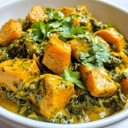 To make Sweet Potato Kale Curry, you need the following ingredients: - 2 medium sweet potatoes, peeled and diced - 4 cups kale, stemmed and chopped - 1 can (14 oz) coconut milk - 1 cup vegetable broth - 1 medium onion, diced - 3 garlic cloves, minced - 1-inch piece of ginger, grated - 2 tablespoons curry powder - 1 teaspoon turmeric - 1 teaspoon cumin - 1 tablespoon olive oil - Salt and pepper to taste - Fresh cilantro, chopped (for garnish) Sweet potatoes are rich in vitamins A and C. They offer fiber, which helps digestion. Their natural sweetness adds a nice touch to the curry. Kale is a nutrient powerhouse. It packs vitamins K, A, and C. Kale also contains iron and calcium, boosting your health. Together, they create a dish that is both tasty and good for you. If you have allergies, there are great options. Use almond milk or soy milk instead of coconut milk. This keeps the curry creamy while avoiding coconut. For those avoiding gluten, check that your vegetable broth is gluten-free. You can also swap kale for spinach if needed. Spinach cooks faster and works well too. {{ingredient_image_1}} First, gather all your ingredients. You need two medium sweet potatoes, four cups of kale, and one can of coconut milk. You will also need one cup of vegetable broth, one medium onion, three garlic cloves, and a one-inch piece of ginger. Make sure to have two tablespoons of curry powder, one teaspoon of turmeric, one teaspoon of cumin, and one tablespoon of olive oil. Don't forget salt, pepper, and fresh cilantro for garnish. Next, peel and dice the sweet potatoes. Chop the kale, removing the tough stems. Dice the onion, mince the garlic, and grate the ginger. This prep helps the cooking process go smoothly. Begin by heating the olive oil in a large pot over medium heat. Add the diced onion and sauté for about five minutes. Cook until the onion becomes soft and clear. Now, add the minced garlic and grated ginger to the pot. Cook them for one more minute. This step fills your kitchen with a lovely smell. Next, stir in the curry powder, turmeric, and cumin. Toast these spices for about 30 seconds. This brings out their flavors. Then, add the diced sweet potatoes. Mix them well with the onion and spices. Pour in the coconut milk and vegetable broth. Stir and bring the mix to a gentle simmer. Cover the pot and let it cook for about 15 minutes. This time allows the sweet potatoes to become tender. Once the sweet potatoes are soft, add the chopped kale. Stir until the kale wilts, which takes about three to five minutes. Finally, season your curry with salt and pepper to taste. For smooth curry, ensure you cook the sweet potatoes until they are very tender. If they are not soft enough, the curry will not blend well. When adding kale, don’t overcook it. You want the kale to retain some crunch and bright color. Taste as you go! Adjust the spices to your liking for a more personal touch. Always garnish with fresh cilantro just before serving. It adds a burst of flavor and color. Enjoy your delightful curry! To make your Sweet Potato Kale Curry pop, focus on fresh spices. Toasting spices like curry powder, turmeric, and cumin adds depth. Just heat them for about 30 seconds before adding other ingredients. This simple step releases their oils and brings out their full flavor. You can also add a splash of lime juice before serving for brightness. Fresh herbs like cilantro give it a lovely finish. One common mistake is overcooking the sweet potatoes. You want them tender but not mushy. Check them after 15 minutes to see if they are done. Another mistake is adding too much salt too soon. Taste as you go. If you add salt early, the dish may become too salty later. Also, avoid skipping the ginger and garlic. They add essential flavor and aroma. For this curry, I recommend using a large pot or Dutch oven. It allows for even cooking and easy stirring. A good chef's knife is vital for chopping ingredients quickly. A wooden spoon is perfect for mixing. If you have one, a microplane grater makes grating ginger easy. Lastly, keep measuring cups and spoons handy for precise ingredient amounts. Pro Tips Use Fresh Spices: Fresh spices provide a more vibrant flavor. Consider toasting whole spices before grinding them for an added depth of flavor. Adjust Sweetness: Depending on the sweetness of your sweet potatoes, you may want to balance the flavors with a dash of lime juice or a pinch of sugar. Make it Creamy: For an extra creamy texture, blend a portion of the curry and stir it back into the pot before adding the kale. Storage Tips: This curry stores well in the fridge for up to 4 days. Reheat gently on the stove, adding a splash of vegetable broth if it thickens too much. {{image_2}} You can easily boost nutrition by adding proteins. Chickpeas work great in this curry. Just toss in one can of drained chickpeas when you add the sweet potatoes. You can also use lentils for a hearty meal. If you want more veggies, consider bell peppers or carrots. These add color and crunch. Do you like it spicy? Add some red pepper flakes or diced chili peppers. Start with a little and taste as you go. You can also use cayenne pepper for a kick. If you prefer a milder dish, reduce the curry powder. Adjusting spices makes the curry fit your taste perfectly. Serve this curry over rice or quinoa for a filling meal. You can also try it with naan or pita bread. For a lighter option, serve it in a bowl with a sprinkle of lime juice. Adding fresh herbs like basil or mint can brighten the flavors. These small changes keep the dish fun and exciting. To keep your sweet potato kale curry fresh, use an airtight container. Let it cool down before sealing. Store it in the fridge for up to four days. Label your container with the date. This way, you can easily track how long it stays fresh. When you’re ready to enjoy leftovers, reheat the curry on the stove. Place it in a pot over medium heat. Stir it often to ensure even heating. You can also use a microwave. Heat it in short bursts, stirring in between. This helps avoid hot spots. If you want to store the curry for longer, freezing is a great option. Allow the curry to cool completely. Then, pour it into a freezer-safe container. Leave some space at the top for expansion. Seal it tightly and label it with the date. You can freeze it for up to three months. When ready to eat, thaw it overnight in the fridge before reheating. Yes, you can use other greens. Spinach, Swiss chard, or collard greens work well. These greens cook down nicely. They add color and nutrients too. Just chop them roughly and add them at the end of cooking. This keeps them fresh and bright. Sweet Potato Kale Curry pairs well with rice or quinoa. You can also serve it with naan bread. These sides soak up the curry sauce. For a fresh touch, add a side salad. A simple cucumber salad adds crunch and coolness. This curry stays fresh in the fridge for about four days. Make sure to store it in an airtight container. If you want to keep it longer, freeze it. It can last for up to three months in the freezer. Just thaw it overnight before reheating. This article covered how to make a tasty Sweet Potato Kale Curry. We explored important ingredients like sweet potatoes and kale, with their great health benefits. I shared cooking steps for the perfect dish, plus tips to boost flavor and avoid mistakes. We also discussed fun variations and smart storage tips. I hope you feel ready to cook this dish and enjoy its rich taste and nutrition. Experiment with different flavors and make it your own!