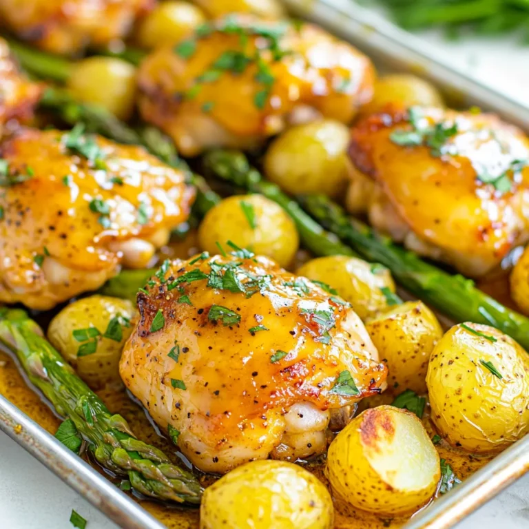 - 4 boneless, skinless chicken thighs - 1/4 cup honey - 1/4 cup Dijon mustard - 2 tablespoons olive oil - 3 cloves garlic, minced - 1 teaspoon dried thyme - 1 teaspoon paprika - Salt and pepper to taste - 1 pound baby potatoes, halved - 1 bunch asparagus, trimmed - Fresh parsley, chopped for garnish The main part of this dish is the chicken and the marinade. You need four boneless, skinless chicken thighs. These cook well and stay juicy. For the marinade, mix together honey, Dijon mustard, olive oil, and minced garlic. This mix gives the chicken a sweet and tangy taste. You will also add seasonings like dried thyme, paprika, salt, and pepper. These add depth to the flavor. Just one teaspoon of each is enough to elevate the dish. Next, you will prepare the veggies. Baby potatoes work great here. Halve one pound of baby potatoes for even cooking. Then, get one bunch of asparagus and trim it. These veggies will roast nicely in the oven. Don't forget the garnish! Fresh parsley adds a bright touch to your plate. It makes the dish look pretty and fresh. {{ingredient_image_1}} To start, gather your ingredients. You will need honey, Dijon mustard, olive oil, minced garlic, dried thyme, paprika, salt, and pepper. In a mixing bowl, combine all these items. Whisk them together until the mixture is smooth. This honey mustard marinade is sweet and tangy, perfect for the chicken. Next, take the chicken thighs and place them in a large zip-top bag. Pour half of the marinade over the chicken. Make sure each piece is well coated. Seal the bag and let it marinate for at least 30 minutes. For even better flavor, let it sit overnight in the fridge. This step helps the chicken soak up all those tasty flavors. Now, preheat your oven to 400°F (200°C). While the oven heats up, take your halved baby potatoes. In a large bowl, toss them with olive oil, salt, and pepper. This will give them a nice flavor. Line a large baking sheet with parchment paper or grease it lightly. Spread the seasoned potatoes on one side of the sheet pan. Place the marinated chicken thighs on the other side, pouring any leftover marinade over them. Bake the chicken and potatoes in the preheated oven for 20 minutes. After this time, take the sheet pan out. Add the trimmed asparagus to the pan. Drizzle it with a bit of olive oil, salt, and pepper. Toss everything to coat. Return the sheet pan to the oven and bake for an additional 15-20 minutes. Make sure the chicken reaches an internal temperature of 165°F (75°C). The potatoes should be tender and the asparagus bright green. Once everything is done, take the sheet pan out of the oven. Let the chicken rest for a few minutes. Drizzle the remaining honey mustard marinade over the chicken. This adds extra flavor and moisture. Finally, sprinkle some chopped fresh parsley on top for a pop of color. Now, you have a delicious meal ready to serve! For the best flavor, marinate chicken thighs for at least 30 minutes. If you have time, marinate them overnight. This lets the flavors soak in deep. Store marinated chicken in the fridge. Use an airtight container or a zip-top bag. If you have leftovers, keep them in the fridge for up to three days. To reheat, use the oven for best results. This keeps the chicken juicy and tasty. To ensure juicy chicken, avoid overcooking. Use a meat thermometer to check for doneness. The internal temperature should be 165°F (75°C). If you have a convection oven, reduce the temperature by 25°F (about 15°C) and check for doneness sooner. For regular ovens, stick to the recipe times for best results. Pair your honey mustard chicken with simple sides. Roasted vegetables, rice, or a fresh salad work well. For a colorful plate, add bright veggies like carrots or bell peppers. To make the dish look great, sprinkle fresh parsley on top for color. Arrange everything neatly on the plate so it looks inviting. Pro Tips Marinate for Maximum Flavor: The longer you marinate the chicken, the more flavorful it will become. Aim for at least 30 minutes, but overnight is ideal. Customize Your Veggies: Feel free to swap out the asparagus for other seasonal vegetables like bell peppers or zucchini for variety. Check Doneness: Use an instant-read thermometer to ensure the chicken reaches an internal temperature of 165°F (75°C) for safe consumption. Presentation Matters: Garnish with fresh parsley just before serving to add a burst of color and freshness to your dish. {{image_2}} You can easily change up the veggies in this dish. Consider using bell peppers, zucchini, or carrots. They roast well and add color to your meal. You can also try adding green beans or broccoli for a nice crunch. For herbs, fresh rosemary or oregano can give your dish a new twist. Thyme is great, but mixing in some basil or dill can bring fresh flavors. Just remember to adjust the amount to suit your taste. If you want to swap chicken thighs, chicken breasts work well, too. They cook a bit faster, so check them at 15 minutes. Tofu is a great option for a meat-free meal. If using tofu, press it to remove extra moisture. Cut it into cubes and marinate as you would chicken. Cooking times will change based on your protein choice. Always check the internal temperature. Chicken needs to reach 165°F, while tofu should be heated through. You can make the marinade sweeter or spicier based on your taste. Add more honey for extra sweetness. If you want heat, try adding red pepper flakes or a dash of hot sauce. Different mustards can change the flavor, too. Spicy brown mustard gives a bolder taste. Honey mustard blends sweetness with tang. You can even use maple syrup instead of honey for a unique twist. Store leftover honey mustard chicken sheet pan in an airtight container. This keeps the chicken moist and fresh. It lasts in the fridge for 3 to 4 days. Make sure to cool it down first before sealing. You can freeze the honey mustard chicken before or after cooking. To freeze before cooking, place the marinated chicken in a freezer bag. Squeeze out the air, seal it, and label it with the date. For freezing after cooking, let it cool and then store in a freezer-safe container. To reheat frozen portions, thaw them in the fridge overnight. Then, warm them in the oven at 350°F (175°C) for about 20-25 minutes. Check that the chicken reaches 165°F (75°C) for safe eating. For meal prep, store ingredients separately to save time. This way, you can mix and match. Use small containers for the chicken, potatoes, and asparagus. Glass containers work best for easy heating. When packing for lunch, add a few vegetables with the chicken. This creates a tasty and balanced meal on the go. I recommend marinating your chicken for at least 30 minutes. This gives the flavors time to sink in. For even more taste, you can marinate it overnight. Just make sure to keep it in the fridge. The longer it sits, the better the flavor will be. Yes, you can use bone-in chicken thighs. However, cooking times will change. Bone-in chicken takes longer to cook than boneless. Plan for about 10-15 minutes extra in the oven. Check that the internal temperature reaches 165°F (75°C). This dish pairs well with many sides. I love serving it with roasted vegetables or a fresh salad. Creamy mashed potatoes also make a great match. You can even add some crusty bread to soak up the sauce. You can prepare this dish ahead of time! Marinate the chicken the night before. You can also chop the veggies and store them in the fridge. When ready to cook, just follow the baking steps. This makes dinner quick and easy! This blog post shared a tasty honey mustard chicken recipe and tips. We covered ingredients, marination, and cooking steps. You now know how to add your favorite veggies and adjust flavors. Don’t forget about storing leftovers and meal prep ideas! Try this dish for your next meal. It’s simple, delicious, and sure to impress. Enjoy cooking and sharing with your family!