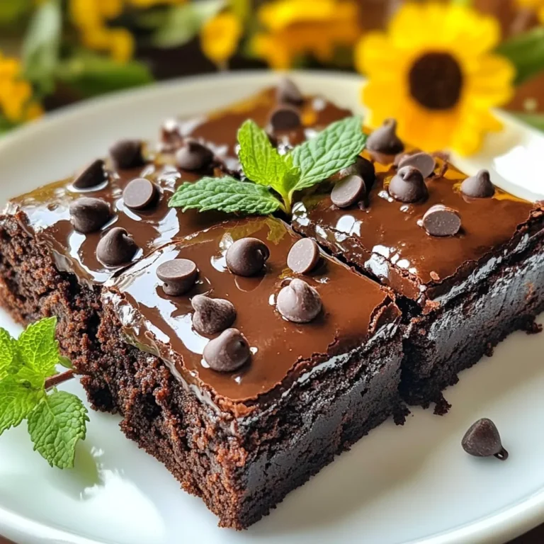 To make your mint chocolate chip brownies, gather these key ingredients: - 1 cup unsalted butter, melted - 1 cup granulated sugar - 1 cup packed brown sugar - 4 large eggs - 2 teaspoons vanilla extract - 1 cup all-purpose flour - 1 cup unsweetened cocoa powder - 1/2 teaspoon baking powder - 1/2 teaspoon salt - 1 cup semi-sweet chocolate chips - 2 teaspoons peppermint extract - 1/2 cup chopped fresh mint leaves (optional) - Extra chocolate chips for topping Each ingredient plays an important role in creating rich, fudgy brownies. The butter adds moisture and flavor. Both sugars help create that sweet depth. Eggs bind everything together and keep the brownies soft. Vanilla and peppermint extracts add delightful layers of flavor. In the dry mix, all-purpose flour and cocoa powder give structure. Baking powder helps with rise, while salt balances the sweetness. Chocolate chips provide bursts of chocolate joy. If you choose to add fresh mint leaves, they give a fresh taste that pairs well with chocolate. These ingredients together make a dessert that is not just tasty but also fun to make. Enjoy the process of mixing and baking these delightful brownies! {{ingredient_image_1}} Preheat your oven to 350°F. This step is key for even baking. Next, grease a 9x13 inch baking dish. You can also line it with parchment paper for easy removal. In a large mixing bowl, combine 1 cup of melted butter with 1 cup of granulated sugar and 1 cup of brown sugar. Mix these until smooth. Then, add 4 large eggs one by one. Beat well after each egg. Finally, stir in 2 teaspoons of vanilla extract and 2 teaspoons of peppermint extract. This mix gives great flavor. In another bowl, whisk together 1 cup of all-purpose flour, 1 cup of cocoa powder, 1/2 teaspoon of baking powder, and 1/2 teaspoon of salt. This mix adds structure and taste. Gradually add the dry ingredients to the wet mixture. Stir gently until just combined. Be careful not to overmix. Fold in 1 cup of semi-sweet chocolate chips and 1/2 cup of chopped fresh mint leaves if you like. This adds a nice texture and fresh taste. Pour the batter into your prepared baking dish. Spread it evenly. You can sprinkle some extra chocolate chips on top for added texture. Bake in the oven for 25-30 minutes. To test doneness, insert a toothpick in the center. It should come out with a few moist crumbs. Once baked, remove the brownies from the oven. Let them cool in the pan for about 15 minutes. Then, transfer them to a wire rack to cool completely. When cool, cut into squares. Enjoy the burst of mint and chocolate in every bite! To get the best brownie texture, avoid overmixing your batter. Mix just until you see no dry flour. Overmixing can lead to tough brownies. To check for doneness, insert a toothpick into the center. If it comes out with a few moist crumbs, they are ready. This is key for that fudgy texture. Garnish your brownies for a fun look. Try adding sprigs of fresh mint on top. Drizzling some melted chocolate gives a nice touch too. Pair these brownies with vanilla ice cream. The cool creaminess balances the minty chocolate. You can also serve them with chocolate sauce for extra sweetness. Store leftover brownies in an airtight container. This keeps them moist and fresh. If you want to keep them longer, freeze them. To freeze, wrap each brownie in plastic wrap. Then, place them in a freezer-safe bag. This way, they stay tasty for a few months. Pro Tips Quality Ingredients: Use high-quality cocoa powder and chocolate chips to enhance the rich chocolate flavor of your brownies. Cooling Time: Allow the brownies to cool completely before cutting them into squares to ensure clean edges and better texture. Mint Freshness: If using fresh mint, chop it finely and add it just before baking to maintain its vibrant flavor. Storage Tips: Store brownies in an airtight container at room temperature for up to a week, or refrigerate for longer freshness. {{image_2}} You can make these brownies even better with some fun add-ins. Try adding nuts like walnuts or pecans for crunch. They give a nice texture. You can also use different types of chocolate. Dark chocolate gives a rich flavor, while semi-sweet chocolate is sweeter. Mixing them adds a great taste. Want a gluten-free treat? Swap all-purpose flour for a gluten-free blend. Make sure it has a good mix of flours. For a vegan version, use flax eggs instead of regular eggs. You can mix one tablespoon of ground flaxseed with three tablespoons of water. Let it sit for a few minutes to thicken. Also, choose vegan chocolate chips to keep it dairy-free. You can change these brownies with the seasons. For holidays, add festive colors with sprinkles or holiday-themed candies. You could also mix in eggnog flavor for a warm, cozy vibe during winter. In spring, try adding a hint of citrus, like lemon zest, for a fresh taste. Each twist makes these brownies unique and fun! Yes, you can use different mint extracts. Peppermint extract is the most common choice. It brings a strong mint flavor. If you want a milder taste, try spearmint extract. You can also mix flavors. A hint of vanilla extract can balance the minty taste too. Always start with a smaller amount. You can adjust based on your taste. To make brownies more fudgy, focus on a few key steps. First, use less flour. This keeps the brownies dense. Second, add more chocolate. You can increase the chocolate chips or use a mix of chocolate types. Third, bake for less time. Pull them out when a toothpick shows a few moist crumbs. This way, they stay moist and fudgy. Avoid overmixing the batter too; this can lead to a cakey texture. Yes, you can make these brownies ahead of time. Bake them and let them cool completely. Then, store them in an airtight container. They will stay fresh for up to five days. For longer storage, you can freeze them. Wrap each brownie in plastic wrap, then place them in a freezer bag. They will last for three months. Just thaw them in the fridge when you want to enjoy them again. Prep Time - 15 minutes Cook Time - 25-30 minutes Servings - 24 servings This recipe is easy and quick. You can prep your ingredients in just 15 minutes. Then, bake your brownies for 25 to 30 minutes. This gives you a sweet treat that serves 24. Perfect for sharing or saving for later! These mint chocolate chip brownies bring joy to any gathering. The mix of chocolate and mint creates a delightful flavor. Each bite is full of sweetness and freshness. You can feel proud serving these brownies to friends and family. They will love the rich taste and soft texture. Baking these brownies is a simple task. You start with basic ingredients and finish with a delicious dessert. Enjoy each step and watch your creation come to life. You learned how to make delicious brownies with simple ingredients and easy steps. We covered the key elements, from mixing to baking, and how to store or customize your treats. Remember, checking for doneness and avoiding overmixing helps get the perfect texture. Have fun experimenting with flavors and toppings. Whether for a party or a treat at home, these brownies are sure to impress. Enjoy your baking adventure!