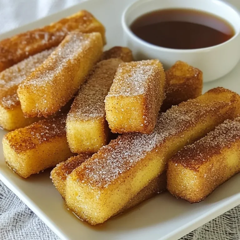 To make Cinnamon Sugar French Toast Sticks, you need simple and fresh ingredients. Here’s what you will need: - 4 slices of thick bread (like Texas toast or Brioche) - 2 large eggs - 1/2 cup milk - 1 teaspoon vanilla extract - 1 tablespoon ground cinnamon - 2 tablespoons granulated sugar - 2 tablespoons unsalted butter - Maple syrup for serving (optional) Each ingredient plays a big role in the taste. Thick bread gives you a soft center. Eggs and milk create a rich base. Vanilla adds warmth. Cinnamon and sugar make everything sweet and tasty. Butter helps cook the sticks to golden perfection. You can serve them with maple syrup for a sweet touch. Using these ingredients, you can create a fun breakfast or snack for all ages. It's a great way to enjoy a classic dish! {{ingredient_image_1}} First, grab a mixing bowl. In this bowl, whisk together 2 large eggs, 1/2 cup of milk, and 1 teaspoon of vanilla extract. Whisk until everything is well combined. The egg mixture should look smooth and creamy. This step is key for a rich taste. Next, take a separate shallow dish. In this dish, mix 1 tablespoon of ground cinnamon with 2 tablespoons of granulated sugar. Stir well so that the cinnamon blends evenly with the sugar. This mix will coat your French toast sticks and give them a sweet, warm flavor. Now, it's time to prepare the bread. Slice 4 pieces of thick bread into quarters to create sticks. Heat a non-stick skillet over medium heat and add 1 tablespoon of unsalted butter. Dip each bread stick into the egg mixture. Let any extra egg drip off before placing them in the skillet. Cook each stick for about 2-3 minutes on each side. You want them to turn golden brown. If needed, add more butter while cooking. Once cooked, roll the sticks immediately in your cinnamon sugar mix until they are well coated. Enjoy them warm! For the best taste, choose thick bread. Texas toast works great. Brioche is soft and buttery. You can also use challah or even thick bagels. These breads soak up the egg mix well. They give a nice, soft inside and crispy outside. Thicker slices mean better texture. Cook your French toast sticks for about 2-3 minutes on each side. Look for a golden-brown color. If the heat is too high, they can burn. If it's too low, they may stay soggy. A medium heat works best. You can add more butter as needed for flavor. Maple syrup is a classic choice. But don’t stop there! Try fresh fruit like strawberries or bananas. You can also add whipped cream for extra fun. Nut butter, like almond or peanut, tastes great too. Try a drizzle of chocolate sauce for a treat! Pro Tips Use Stale Bread: Stale bread works best for French toast sticks as it absorbs the egg mixture without becoming soggy. Experiment with Flavors: Add a pinch of nutmeg or a splash of almond extract for a unique twist on the classic flavor. Keep Warm in the Oven: If making a larger batch, keep the cooked sticks warm in a low oven (about 200°F) while you finish cooking the rest. Get Creative with Dipping: Try serving with different dipping sauces like chocolate ganache or fruit compote for added fun. {{image_2}} You can add fun flavors to your Cinnamon Sugar French Toast Sticks. Try mixing in a pinch of nutmeg for a warm spice. You can also add a splash of almond extract for a nutty twist. These small changes make a big taste difference. Experiment with other spices like cardamom or pumpkin spice. Each addition will give your dish a new flair. If you need a gluten-free option, choose gluten-free bread. Many stores sell gluten-free bread that tastes great. Look for brands that offer thick slices. This ensures your sticks hold up well. Some good choices are gluten-free brioche or Texas toast. This way, everyone can enjoy these tasty treats. To make vegan Cinnamon Sugar French Toast Sticks, swap the eggs and milk. Use a plant-based milk like almond or oat. For the egg replacement, try using a mix of ground flaxseed and water. Combine one tablespoon of flaxseed with three tablespoons of water. Let it sit until it thickens. This mixture works well in place of eggs. With these simple swaps, you can enjoy vegan French toast sticks that taste just as good. To keep your Cinnamon Sugar French Toast Sticks fresh, let them cool first. Place them in an airtight container. You can store them in the fridge for up to three days. If you want to keep them longer, freeze them. Wrap each stick in plastic wrap, then place them in a freezer bag. They can last for about one month in the freezer. When you’re ready to enjoy your leftover sticks, I recommend reheating them in the oven. Preheat your oven to 350°F (175°C). Place the sticks on a baking sheet for about 10 minutes. This helps them stay crispy. If you’re in a hurry, you can use a microwave. Heat them for 20 to 30 seconds. Just know that they may not be as crispy this way. Enjoy your delicious treat! Yes, you can use regular sandwich bread. However, thick bread works best. Thick bread, like Brioche or Texas toast, gives a nice texture. It stays soft in the middle and crisps on the outside. Regular bread may not hold up as well. It might get soggy or fall apart when you dip it in the egg mix. For the best result, choose thick bread. You can prepare these sticks ahead of time. Make the egg mixture and cut the bread the night before. Store them in the fridge. This saves time in the morning. Just dip and cook them when you are ready. If you want to reheat, place them in a skillet with a little butter. This keeps them crispy and warm. If you need a dairy-free option, there are many choices. Almond milk, soy milk, or oat milk all work well. These alternatives give a nice flavor and texture. Use the same amount as regular milk. You can also try coconut milk for a hint of sweetness. All these options keep your French toast sticks tasty! In this blog post, we explored how to make tasty Cinnamon Sugar French Toast Sticks. You learned the key ingredients, simple steps, and helpful tips for the perfect cook. We also covered fun variations, storage tips, and answered common questions. Now, you can create a delicious breakfast or snack that impresses everyone. Remember, choosing the right bread and timing are key to success. Enjoy trying new flavors and sharing your delicious results with friends and family!