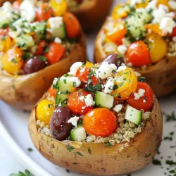 - 2 large sweet potatoes - 1 cup cooked quinoa - 1 cup cherry tomatoes, halved - 1 cup cucumber, diced - 1/2 cup feta cheese, crumbled - 1/4 cup pitted Kalamata olives, sliced - 1/4 cup red onion, finely chopped - 2 tablespoons fresh parsley, chopped - 3 tablespoons olive oil - 2 tablespoons lemon juice - Salt and pepper to taste - 1 teaspoon dried oregano - 1 teaspoon garlic powder Sweet potatoes are high in fiber and vitamins. They help with digestion and boost your immune system. Quinoa is a great source of protein. It has all nine essential amino acids. Cherry tomatoes add vitamin C and antioxidants, which are good for your skin. Cucumbers provide hydration and nutrients, keeping you refreshed. Feta cheese gives calcium and flavor but in small amounts. Kalamata olives are rich in healthy fats. They support heart health. Red onions add antioxidants and can help reduce inflammation. Fresh parsley is full of vitamins A and C, making it a great herb for health. If you can’t find sweet potatoes, regular potatoes work too. You can swap quinoa for brown rice or farro. For a dairy-free option, use vegan feta or skip it entirely. If olives aren’t your thing, capers can add a nice briny flavor. Fresh herbs like dill or mint can replace parsley for a different taste. {{ingredient_image_1}} First, wash the sweet potatoes well. Use a fork to pierce them several times. This step allows steam to escape. Next, place them on a baking sheet lined with parchment paper. Set your oven to 400°F (200°C). Now, bake the sweet potatoes for 45 minutes. You know they are done when a knife goes in easily. While the sweet potatoes bake, prepare the filling. In a large bowl, mix together the cooked quinoa, halved cherry tomatoes, and diced cucumber. Add crumbled feta cheese, sliced Kalamata olives, diced red onion, and chopped parsley. In a small bowl, whisk olive oil, lemon juice, oregano, garlic powder, salt, and pepper. Pour this dressing over the quinoa mix. Toss gently until everything is well combined. Once the sweet potatoes are soft, take them out of the oven. Let them cool for a few minutes. Carefully slice each sweet potato in half lengthwise. Fluff the insides with a fork to create a cozy space for the filling. Spoon the Mediterranean filling into each sweet potato half. Return them to the oven and bake for another 10 minutes. This warms the filling. Finally, serve them warm with extra dressing if you like. Enjoy! When you choose sweet potatoes, look for firm ones. Avoid any with soft spots or blemishes. The skin should be smooth and vibrant. I prefer medium to large sweet potatoes for stuffing. They hold more filling and bake evenly. Consider organic options for better flavor and nutrition. You can mix up the filling to suit your taste. Try adding black beans for extra protein. If you want a kick, add jalapeños or red pepper flakes. Swap feta cheese for goat cheese for a creamier texture. You can even use cooked lentils instead of quinoa for a different twist. Bake sweet potatoes at 400°F (200°C) for the best results. Piercing them helps steam escape and prevents bursting. Bake them for about 45 minutes or until soft. Always check with a knife; it should slide in easily. Let them cool slightly before cutting. This keeps the inside warm and fluffy. Pro Tips Choose the right sweet potatoes: Look for firm sweet potatoes with smooth skin. Avoid any with blemishes or soft spots for the best flavor and texture. Cook quinoa perfectly: Rinse the quinoa under cold water before cooking to remove any bitterness. Use a 2:1 water-to-quinoa ratio for fluffy results. Add more veggies: Feel free to customize the filling by adding additional vegetables like bell peppers, spinach, or even artichokes for extra nutrition and flavor. Serve with a drizzle: Enhance the dish by drizzling extra olive oil or a balsamic glaze over the stuffed sweet potatoes before serving for added richness. {{image_2}} For a vegan version of Mediterranean stuffed sweet potatoes, skip the feta cheese. You can replace it with vegan cheese or avocado for creaminess. Use vegetable broth when cooking quinoa to add flavor. This way, you keep all the yum without any animal products. You can also add chickpeas for extra protein. They pair well with the other flavors. Sweet potatoes are naturally gluten-free, making them a great base. Ensure your quinoa is labeled gluten-free. Some brands may use shared equipment with gluten grains. For added crunch, you can sprinkle toasted pumpkin seeds on top. They add a nice texture without gluten. Want to jazz up the filling? Add roasted red peppers or artichoke hearts for a pop of flavor. Spicy lovers can throw in some crushed red pepper flakes. For a bit of sweetness, consider adding diced dried apricots. This mix creates a great balance of sweet and savory. Don't forget fresh herbs like mint or basil to enhance the taste. Each addition brings its own twist, making your dish unique every time! To store leftovers, let the stuffed sweet potatoes cool to room temperature. Place them in an airtight container. Keep them in the fridge for up to three days. Make sure to seal the container well to keep them fresh. If you want to enjoy them later, try to separate the filling and the sweet potatoes. This helps keep the texture nice. You can also freeze the stuffed sweet potatoes. Wrap each one tightly in plastic wrap. Next, place them in a freezer-safe bag or container. They can be frozen for up to three months. When you are ready to eat them, let them thaw in the fridge overnight. This method helps keep the flavor and texture intact. To reheat, preheat your oven to 350°F (175°C). Place the stuffed sweet potatoes on a baking sheet. Cover them with foil to keep them moist. Bake for about 20 minutes or until heated through. You can also microwave them for a quicker option. Just place them on a microwave-safe plate and heat for 2-3 minutes. Enjoy your delicious Mediterranean stuffed sweet potatoes warm! Yes, you can prepare the Mediterranean stuffed sweet potatoes ahead of time. First, bake the sweet potatoes as directed. Once they cool, slice them open. Prepare the filling and store it separately in the fridge. When you’re ready to eat, fill the sweet potatoes and bake them for ten minutes. This keeps them fresh and tasty. You can serve these stuffed sweet potatoes with a simple salad. A green salad with mixed greens, olives, and a light vinaigrette works well. Grilled chicken or fish also pairs nicely. If you want a vegetarian option, try roasted vegetables or hummus on the side. These sides balance the meal perfectly. To cook sweet potatoes faster, try the microwave. Pierce them with a fork and microwave on high for 5 to 8 minutes. Check for tenderness; they should be soft. You can also cut them into smaller pieces before baking. This reduces cooking time in the oven. This article showed you how to make Mediterranean stuffed sweet potatoes. We explored the key ingredients, their benefits, and healthy substitutions. I provided step-by-step instructions for prepping, filling, and baking. You also learned tips for selecting sweet potatoes and creative variations. In the end, these sweet potatoes are tasty, easy to adapt, and perfect for meals. Enjoy cooking and sharing your delicious dishes!