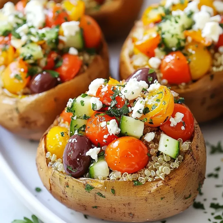 - 2 large sweet potatoes - 1 cup cooked quinoa - 1 cup cherry tomatoes, halved - 1 cup cucumber, diced - 1/2 cup feta cheese, crumbled - 1/4 cup pitted Kalamata olives, sliced - 1/4 cup red onion, finely chopped - 2 tablespoons fresh parsley, chopped - 3 tablespoons olive oil - 2 tablespoons lemon juice - Salt and pepper to taste - 1 teaspoon dried oregano - 1 teaspoon garlic powder Sweet potatoes are high in fiber and vitamins. They help with digestion and boost your immune system. Quinoa is a great source of protein. It has all nine essential amino acids. Cherry tomatoes add vitamin C and antioxidants, which are good for your skin. Cucumbers provide hydration and nutrients, keeping you refreshed. Feta cheese gives calcium and flavor but in small amounts. Kalamata olives are rich in healthy fats. They support heart health. Red onions add antioxidants and can help reduce inflammation. Fresh parsley is full of vitamins A and C, making it a great herb for health. If you can’t find sweet potatoes, regular potatoes work too. You can swap quinoa for brown rice or farro. For a dairy-free option, use vegan feta or skip it entirely. If olives aren’t your thing, capers can add a nice briny flavor. Fresh herbs like dill or mint can replace parsley for a different taste. {{ingredient_image_1}} First, wash the sweet potatoes well. Use a fork to pierce them several times. This step allows steam to escape. Next, place them on a baking sheet lined with parchment paper. Set your oven to 400°F (200°C). Now, bake the sweet potatoes for 45 minutes. You know they are done when a knife goes in easily. While the sweet potatoes bake, prepare the filling. In a large bowl, mix together the cooked quinoa, halved cherry tomatoes, and diced cucumber. Add crumbled feta cheese, sliced Kalamata olives, diced red onion, and chopped parsley. In a small bowl, whisk olive oil, lemon juice, oregano, garlic powder, salt, and pepper. Pour this dressing over the quinoa mix. Toss gently until everything is well combined. Once the sweet potatoes are soft, take them out of the oven. Let them cool for a few minutes. Carefully slice each sweet potato in half lengthwise. Fluff the insides with a fork to create a cozy space for the filling. Spoon the Mediterranean filling into each sweet potato half. Return them to the oven and bake for another 10 minutes. This warms the filling. Finally, serve them warm with extra dressing if you like. Enjoy! When you choose sweet potatoes, look for firm ones. Avoid any with soft spots or blemishes. The skin should be smooth and vibrant. I prefer medium to large sweet potatoes for stuffing. They hold more filling and bake evenly. Consider organic options for better flavor and nutrition. You can mix up the filling to suit your taste. Try adding black beans for extra protein. If you want a kick, add jalapeños or red pepper flakes. Swap feta cheese for goat cheese for a creamier texture. You can even use cooked lentils instead of quinoa for a different twist. Bake sweet potatoes at 400°F (200°C) for the best results. Piercing them helps steam escape and prevents bursting. Bake them for about 45 minutes or until soft. Always check with a knife; it should slide in easily. Let them cool slightly before cutting. This keeps the inside warm and fluffy. Pro Tips Choose the right sweet potatoes: Look for firm sweet potatoes with smooth skin. Avoid any with blemishes or soft spots for the best flavor and texture. Cook quinoa perfectly: Rinse the quinoa under cold water before cooking to remove any bitterness. Use a 2:1 water-to-quinoa ratio for fluffy results. Add more veggies: Feel free to customize the filling by adding additional vegetables like bell peppers, spinach, or even artichokes for extra nutrition and flavor. Serve with a drizzle: Enhance the dish by drizzling extra olive oil or a balsamic glaze over the stuffed sweet potatoes before serving for added richness. {{image_2}} For a vegan version of Mediterranean stuffed sweet potatoes, skip the feta cheese. You can replace it with vegan cheese or avocado for creaminess. Use vegetable broth when cooking quinoa to add flavor. This way, you keep all the yum without any animal products. You can also add chickpeas for extra protein. They pair well with the other flavors. Sweet potatoes are naturally gluten-free, making them a great base. Ensure your quinoa is labeled gluten-free. Some brands may use shared equipment with gluten grains. For added crunch, you can sprinkle toasted pumpkin seeds on top. They add a nice texture without gluten. Want to jazz up the filling? Add roasted red peppers or artichoke hearts for a pop of flavor. Spicy lovers can throw in some crushed red pepper flakes. For a bit of sweetness, consider adding diced dried apricots. This mix creates a great balance of sweet and savory. Don't forget fresh herbs like mint or basil to enhance the taste. Each addition brings its own twist, making your dish unique every time! To store leftovers, let the stuffed sweet potatoes cool to room temperature. Place them in an airtight container. Keep them in the fridge for up to three days. Make sure to seal the container well to keep them fresh. If you want to enjoy them later, try to separate the filling and the sweet potatoes. This helps keep the texture nice. You can also freeze the stuffed sweet potatoes. Wrap each one tightly in plastic wrap. Next, place them in a freezer-safe bag or container. They can be frozen for up to three months. When you are ready to eat them, let them thaw in the fridge overnight. This method helps keep the flavor and texture intact. To reheat, preheat your oven to 350°F (175°C). Place the stuffed sweet potatoes on a baking sheet. Cover them with foil to keep them moist. Bake for about 20 minutes or until heated through. You can also microwave them for a quicker option. Just place them on a microwave-safe plate and heat for 2-3 minutes. Enjoy your delicious Mediterranean stuffed sweet potatoes warm! Yes, you can prepare the Mediterranean stuffed sweet potatoes ahead of time. First, bake the sweet potatoes as directed. Once they cool, slice them open. Prepare the filling and store it separately in the fridge. When you’re ready to eat, fill the sweet potatoes and bake them for ten minutes. This keeps them fresh and tasty. You can serve these stuffed sweet potatoes with a simple salad. A green salad with mixed greens, olives, and a light vinaigrette works well. Grilled chicken or fish also pairs nicely. If you want a vegetarian option, try roasted vegetables or hummus on the side. These sides balance the meal perfectly. To cook sweet potatoes faster, try the microwave. Pierce them with a fork and microwave on high for 5 to 8 minutes. Check for tenderness; they should be soft. You can also cut them into smaller pieces before baking. This reduces cooking time in the oven. This article showed you how to make Mediterranean stuffed sweet potatoes. We explored the key ingredients, their benefits, and healthy substitutions. I provided step-by-step instructions for prepping, filling, and baking. You also learned tips for selecting sweet potatoes and creative variations. In the end, these sweet potatoes are tasty, easy to adapt, and perfect for meals. Enjoy cooking and sharing your delicious dishes!