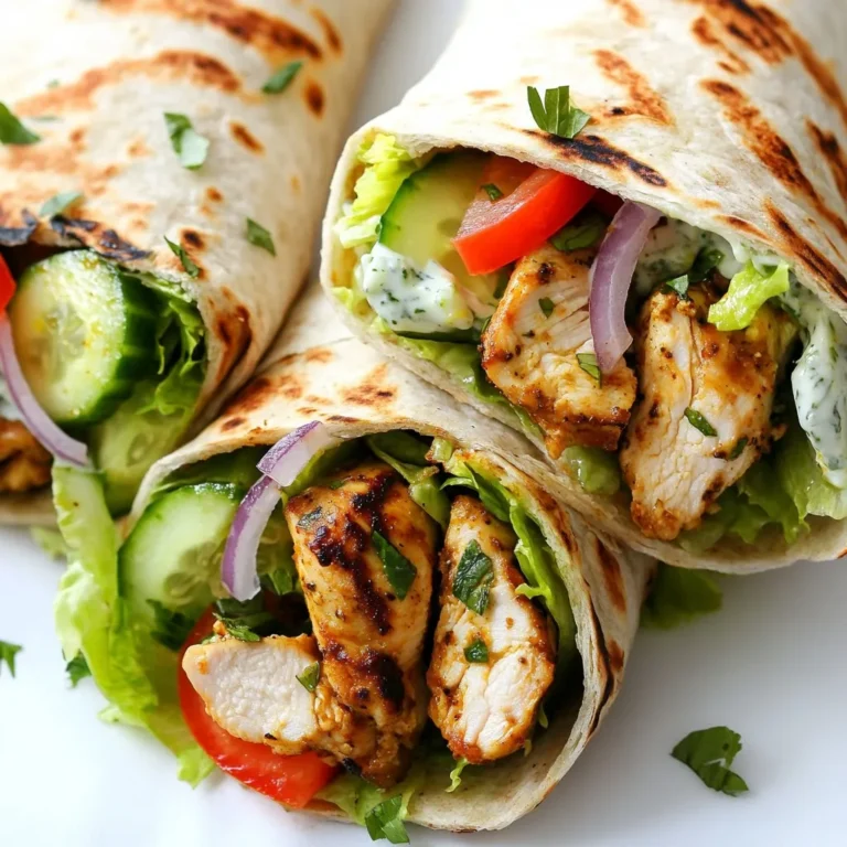 - 2 boneless, skinless chicken breasts - 3 tablespoons olive oil - 2 teaspoons dried oregano - 1 teaspoon garlic powder - 1 teaspoon paprika - Salt and pepper to taste - 4 whole wheat pita breads - 1 cup tzatziki sauce - 1 cup romaine lettuce, shredded - 1 large tomato, diced - 1/2 cucumber, thinly sliced - 1/4 red onion, thinly sliced - Fresh parsley, chopped (for garnish) Using fresh ingredients makes a big difference in flavor. I always choose firm tomatoes and crisp romaine lettuce. For cucumbers, look for ones that are firm and not soft. Fresh parsley adds a nice touch. It brightens the flavors and makes the wrap look great. If you want to spice things up, add sliced jalapeños for heat. Feta cheese also works well; it adds creaminess. You can use other herbs like dill or mint for a different twist. These small changes can make your gyro wraps unique and delicious. {{ingredient_image_1}} To marinate the chicken, start by mixing olive oil, oregano, garlic powder, paprika, salt, and pepper in a bowl. This mix gives the chicken great flavor. Place the chicken breasts in the bowl and coat them well. Cover the bowl and put it in the fridge. Let it marinate for at least 30 minutes. For more taste, you can refrigerate it for up to 2 hours. Next, heat a grill pan or outdoor grill to medium-high heat. Take the chicken out of the marinade. Let any excess marinade drip off. Grill the chicken for about 6 to 7 minutes on each side. Cook until the chicken reaches 165°F (75°C). This ensures it's safe to eat. After grilling, let the chicken rest for 5 minutes. This step keeps it juicy. Now, let’s assemble the wraps. Warm the pita breads in a skillet for a few seconds on each side. This step makes them soft and easy to fold. Spread a generous spoonful of tzatziki sauce on each pita. Next, add a layer of shredded romaine lettuce, diced tomatoes, cucumber slices, and red onion. Finally, top this with the sliced chicken. To wrap it up, fold the sides of the pita over the filling. Then, roll it tightly from the bottom to enclose everything. Cut the wrap in half diagonally. Serve it with extra tzatziki sauce on the side for dipping. If you want, garnish with fresh parsley for a pop of color. Enjoy your tasty Greek chicken gyro wraps! Marinating is key for tasty chicken gyros. Use a mix of olive oil, oregano, garlic powder, paprika, salt, and pepper. Let the chicken soak in these flavors for at least 30 minutes. For best taste, marinate for up to 2 hours. This makes the chicken juicy and full of flavor. To cook the chicken, preheat your grill or grill pan to medium-high heat. When ready, place the chicken on the grill. Cook each side for about 6-7 minutes. Check the inside; it should reach 165°F (75°C). Let the chicken rest for 5 minutes after grilling. This keeps it moist and tender. Warm your pita bread for a soft wrap. You can do this in a skillet for a few seconds on each side. This makes them easier to fold without tearing. After warming, spread tzatziki sauce on each pita before adding your fillings. This adds flavor and keeps the wrap juicy. Pro Tips Marinate for Maximum Flavor: Allowing the chicken to marinate for at least 2 hours, or even overnight, will deepen the flavors and enhance the juiciness of the meat. Perfect Grilling Technique: Ensure your grill is preheated properly to achieve those beautiful grill marks and prevent the chicken from sticking. Look for a medium-high heat. Customize Your Wrap: Feel free to add other toppings such as feta cheese, olives, or bell peppers for a unique twist on the traditional gyro. Serving Suggestions: Pair your wraps with a side of Greek salad or roasted vegetables for a well-rounded meal that complements the gyro flavors. {{image_2}} You can easily make a tasty vegetarian gyro. Instead of chicken, use grilled veggies. Try eggplant, zucchini, or bell peppers. These veggies soak up the marinade well. You can also use marinated tofu for protein. Slice it and grill it just like the chicken. This option gives you great flavor without meat. Tzatziki sauce is a classic, but you can mix it up. Try hummus for a creamy texture. You might also enjoy a spicy feta dip. Mix feta cheese, yogurt, and hot peppers for a kick. Another option is a yogurt-based garlic sauce. The right sauce can change the whole wrap. Want to spice things up? Add sliced jalapeños or banana peppers to your wrap. They give a nice heat without overpowering. You can also sprinkle red pepper flakes on top. If you love heat, try a spicy sauce. A drizzle of sriracha or harissa can add a nice touch. To store leftover gyro wraps, wrap them tightly in foil or plastic wrap. Placing them in an airtight container works well too. Keep the wraps in the fridge. They stay fresh for up to three days. If you have extra tzatziki sauce, store it in a separate container. This keeps the wraps from getting soggy. When you want to eat the leftovers, reheat them right. You can use a skillet over medium heat. Warm the wraps for about five minutes on each side. This keeps the pita soft and the chicken warm. You can also use a microwave. Heat them for 30 seconds. Check and add more time if needed. Remember, microwaving can make the pita chewy. If you want to save gyro wraps for later, freezing is a good option. Wrap each gyro tightly in plastic wrap. Then, place them in a freezer bag. Press out as much air as possible before sealing. They can stay in the freezer for up to three months. To reheat, let them thaw in the fridge overnight. Then, warm them up in a skillet or microwave. Enjoy your gyros anytime! The best way to marinate chicken for gyros is simple. Use olive oil, dried oregano, garlic powder, paprika, salt, and pepper. Mix these ingredients in a bowl. Add the chicken breasts, ensuring they are well coated. Cover the bowl and refrigerate for at least 30 minutes. For a deeper flavor, marinate up to 2 hours. This process makes the chicken juicy and full of flavor. Yes, you can make Greek Chicken Gyro Wraps in advance. Marinate the chicken ahead of time. Cook the chicken and let it cool before slicing. Store the chicken in the fridge for up to three days. You can also prepare the toppings, like lettuce, tomatoes, and cucumber, ahead of time. Just keep them in separate containers. When you are ready to eat, warm the pita and assemble your wraps. Several sides pair well with Greek Chicken Gyro Wraps. Here are some great options: - Greek salad: Fresh and crunchy, it adds a nice contrast. - Roasted vegetables: Zucchini or bell peppers work well. - Fries: Crispy fries can be a fun addition. - Hummus and pita: A classic dip that complements the meal. - Rice: Fluffy rice can balance the flavors nicely. These sides enhance the meal and make it even more enjoyable. In this post, we explored key ingredients for Greek Chicken Gyro Wraps and their flavors. I shared step-by-step instructions to marinate and cook the chicken, then assemble the wraps. You discovered tips for tender chicken and ideal pita prep. We also discussed variations, storage, and answers to common questions. Greek Chicken Gyro Wraps are easy to make and fun to share. Enjoying these wraps will bring you great flavors and happy moments.