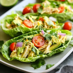 - 2 cups cooked chicken breast, shredded - 1 ripe avocado, mashed - 1/4 cup Greek yogurt - 1 tablespoon Dijon mustard - 1 small red onion, finely diced - 1/2 cup cherry tomatoes, quartered - 1/4 cup cilantro, chopped - 1 tablespoon lime juice - Salt - Pepper - Serving option: 8 large romaine lettuce leaves These ingredients come together to form a fresh and tasty dish. The shredded chicken serves as a great base. I love using ripe avocados for their creamy texture. Greek yogurt adds a nice tang and keeps the salad light. Dijon mustard gives it a bit of zing that really wakes up the flavors. The red onion brings a nice crunch, while cherry tomatoes add sweetness. Fresh cilantro brightens the dish with its herbaceous notes. A squeeze of lime juice ties it all together, giving it a refreshing kick. Don’t forget the salt and pepper! These basic seasonings enhance all the flavors. Finally, large romaine lettuce leaves make the perfect wrap. They hold everything together and provide a nice crunch. {{ingredient_image_1}} - In a mixing bowl, combine 2 cups of cooked, shredded chicken with 1 ripe, mashed avocado, 1/4 cup of Greek yogurt, and 1 tablespoon of Dijon mustard. Mix well until smooth. - Next, add 1 small, finely diced red onion, 1/2 cup of quartered cherry tomatoes, and 1/4 cup of chopped cilantro to the bowl. - Take a large romaine lettuce leaf and spoon in about 1/4 cup of the chicken salad mixture. - Fold the sides of the lettuce over the filling and roll it up tightly to form a wrap. Repeat with the rest of the leaves and filling. - Arrange your beautiful lettuce wraps on a serving platter. - Garnish with extra cilantro and some fresh lime wedges for added flavor. To pick the best avocado, look for a few key signs: - Color: A dark green or almost black skin suggests ripeness. - Feel: Gently squeeze the avocado. It should yield slightly but not feel mushy. - Stem Check: If the stem comes off easily, the avocado is ready to eat. For storage, keep unripe avocados at room temperature. Once ripe, place them in the fridge to slow down spoilage. Use them within a few days for the best taste. To add more flavor, consider these alternative ingredients: - Spices: A pinch of cumin or paprika can elevate the taste. - Veggies: Try adding bell peppers or diced cucumbers for extra crunch. For better texture, shred the chicken finely. This helps it mix well with the creamy avocado. Avoid over-mashing the avocado to keep some texture. To prevent spills while wrapping, follow these methods: - Spoon Carefully: Use a spoon to place the filling in the center of the leaf. - Fold Neatly: Tuck the sides of the lettuce over the filling before rolling. For better presentation, arrange the wraps on a platter. Garnish with extra cilantro and lime wedges. This makes the dish look fresh and inviting. Pro Tips Choose Ripe Avocados: Ensure your avocados are ripe for the best creamy texture and flavor. They should yield slightly when gently pressed. Customize with Add-ins: Feel free to add other ingredients like diced bell peppers, jalapeños, or nuts for extra crunch and flavor. Make Ahead: Prepare the chicken salad mixture in advance and store it in the refrigerator. Assemble the wraps just before serving to keep the lettuce crisp. Perfect for Meal Prep: These lettuce wraps are great for meal prep. Portion the chicken salad into containers and use fresh lettuce leaves throughout the week. {{image_2}} You can easily change the protein in this recipe. Try using turkey or tofu instead of chicken. Both options work well and offer new flavors. You can also swap the Greek yogurt with avocado if you want a creamier texture. Different dressings can bring a fresh twist, too. Consider using ranch or a zesty vinaigrette for a unique taste. To boost the flavor, add spices like cumin or paprika. These spices add warmth and depth to your salad. You can mix in other veggies for extra crunch and color. Bell peppers and cucumbers are great choices. They add a refreshing bite that complements the creamy avocado. If you want a dairy-free option, use a plant-based yogurt. It keeps the salad creamy without dairy. For low-fat choices, reduce the amount of Greek yogurt or use a low-fat version. If you need gluten-free wraps, use large lettuce leaves, which are naturally gluten-free and perfect for holding the salad. Your avocado chicken salad lasts for about three days in the fridge. Store it in an airtight container. This keeps it fresh and tasty. Use glass or plastic containers with tight lids. These help prevent any odors from other foods. You can freeze avocado chicken salad, but it may not taste as good. The avocado may change texture when thawed. If you choose to freeze it, use a freezer-safe container. Make sure to leave some space for expansion. Thaw it in the fridge overnight. This keeps it safe and helps it taste better. You can prepare this salad in advance for quick meals. Cook and shred the chicken ahead of time. Keep your salad ingredients separate until you're ready to eat. This helps the salad stay fresh and crisp. Mix everything just before serving for the best flavor. Yes, you can use canned chicken. Pros: - It's quick and easy. - It saves you time on cooking. - It has a long shelf life. Cons: - It may have a different taste. - It can be saltier than fresh chicken. - Texture might be softer. If you choose canned chicken, rinse it well to reduce salt. It works well for this recipe but fresh chicken often tastes better. You can make it vegan by swapping out the chicken and yogurt. Plant-based substitutes: - Use chickpeas or tofu instead of chicken. - Replace Greek yogurt with vegan yogurt or mashed avocado. - Add more veggies like diced bell peppers for crunch. These swaps keep the dish fresh and tasty while making it plant-based. These wraps are great on their own, but you can pair them with sides. Meal pairing ideas: - Serve with fresh fruit like mango or berries. - Add a side of crispy veggie sticks. - Include a light soup, like tomato or vegetable. These sides will round out your meal while keeping it light and healthy. This recipe for avocado chicken salad wraps combines simple, fresh ingredients like chicken, avocado, and yogurt for a tasty meal. You can customize it easily with different proteins or spices. Remember to pick ripe avocados and store your salad correctly for the best flavor. This dish offers flexibility for dietary needs and is perfect for meal prep. Enjoy these wraps with your favorite sides, and have fun experimenting with different versions to find what you love most.