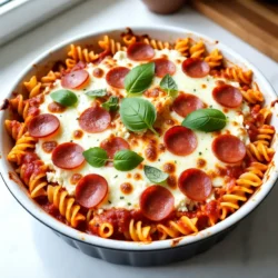 To make a tasty Pepperoni Pizza Casserole, you'll need: - 8 oz rotini pasta - 1 cup marinara sauce - 1 cup ricotta cheese - 2 cups shredded mozzarella cheese - 1 cup sliced pepperoni - 1 teaspoon Italian seasoning - 1/2 teaspoon garlic powder - Salt and pepper to taste These ingredients create a warm, cheesy dish that your family will love. The rotini pasta holds the sauce well, and the pepperoni adds a nice kick. You can enhance your casserole with some fresh garnishes. Here are a few options to try: - Fresh basil leaves - Grated Parmesan cheese - Red pepper flakes These add a pop of color and flavor. Fresh basil gives a nice herbal touch. Don't worry if you don't have all the ingredients. Here are some easy swaps: - Use penne or fusilli pasta instead of rotini. - Swap ricotta for cottage cheese for a lighter option. - If you prefer turkey pepperoni, that works too. - You can use store-bought pizza sauce instead of marinara. These substitutions will still give you a delicious casserole. Don't hesitate to mix and match based on what you have! {{ingredient_image_1}} First, I preheat the oven to 375°F (190°C). This step is key to getting the cheese nice and bubbly. Next, I gather all my ingredients. I need 8 oz of rotini pasta, 1 cup of marinara sauce, 1 cup of ricotta cheese, and 2 cups of shredded mozzarella cheese. I also take 1 cup of sliced pepperoni, 1 teaspoon of Italian seasoning, and 1/2 teaspoon of garlic powder. Don’t forget salt and pepper to taste! I cook the rotini pasta according to the package instructions. I want it to be al dente, which means it should still have a little bite to it. Once the pasta is cooked, I drain it and set it aside. This step makes sure the pasta won’t get mushy when baked. In a large mixing bowl, I combine the pasta, marinara sauce, ricotta cheese, Italian seasoning, garlic powder, salt, and pepper. I mix this well so that every piece of pasta gets coated. Then, I grab a greased 9x13 inch baking dish. I layer half of the pasta mixture at the bottom. On top, I sprinkle half of the mozzarella cheese and half of the pepperoni slices. I repeat this with the rest of the pasta, cheese, and pepperoni. Finally, I cover the dish with aluminum foil and bake it for 20 minutes. After that, I remove the foil and bake it for another 10-15 minutes. The cheese should be bubbly and golden brown when it’s ready. To make sure your casserole bakes just right, follow a few steps. First, cook the rotini pasta until it is al dente. This means it should be firm but not hard. Drain it well, so there’s no extra water. When mixing your ingredients, coat the pasta evenly. This helps all the flavors blend. When you layer the pasta in the baking dish, press it down gently. This helps it bake evenly. Cover with foil for the first part of baking. It keeps moisture in, so your cheese melts nicely. After 20 minutes, take off the foil. This makes the cheese golden and bubbly. To take your casserole to the next level, consider some fun flavor boosts. Add a pinch of red pepper flakes for heat. You can mix in chopped onions or bell peppers for a veggie twist. If you love garlic, add more garlic powder or some minced fresh garlic. A sprinkle of grated Parmesan cheese on top adds a nice touch. You can even swap the marinara sauce for a spicy arrabbiata for more kick. Experimenting with flavors can make your dish a hit. When serving your Pepperoni Pizza Casserole, I love to pair it with a fresh salad. A simple mixed greens salad with a light vinaigrette works well. You could also serve garlic bread on the side for a classic touch. For a fun twist, let everyone top their own plate with fresh basil or extra cheese. This adds a personal touch and lets you customize each serving. Enjoy with friends and family for a cozy meal! Pro Tips Cook Pasta Al Dente: Make sure to cook the rotini pasta just until al dente, as it will continue to cook in the oven and absorb flavors. Layering for Flavor: For a more flavorful dish, add some extra marinara sauce between the layers of pasta and cheese. Cheese Variations: Feel free to mix different kinds of cheese, such as provolone or cheddar, for a unique flavor profile. Make Ahead: This casserole can be prepared ahead of time and stored in the fridge. Just add a few extra minutes to the baking time when cooking from cold. {{image_2}} You can easily make this dish vegetarian. Swap out the pepperoni for veggies. I love using bell peppers, mushrooms, and olives. They add great flavor and crunch. You can also use spinach for a healthy twist. Just make sure to sauté the veggies first. This helps soften them and brings out their taste. While mozzarella is classic, you can try other cheeses. Cheddar gives a sharp flavor. Provolone adds a nice stretch and taste. For a rich touch, mix in some cream cheese. If you want something tangy, use goat cheese. Each cheese can change the dish's taste. Feel free to mix and match based on what you have. Get creative with your toppings! Try cooked sausage or diced ham for more meat. Pineapple can add a sweet touch if you like. You could also add jalapeños for some heat. Fresh herbs like oregano or parsley can brighten the dish. Don't be afraid to experiment. The casserole will still taste great with your personal spin! After you enjoy your meal, let any leftovers cool down. Once cool, place the casserole in an airtight container. Store it in the fridge for up to three days. Make sure to keep it covered to prevent it from drying out. To freeze Pepperoni Pizza Casserole, first let it cool completely. Then, cut it into portions and wrap each piece in plastic wrap. Place the wrapped portions in a freezer bag. This keeps it fresh for up to three months. Remember to label the bag with the date. When ready to eat, take out a portion from the fridge or freezer. For fridge leftovers, preheat your oven to 350°F (175°C). Place the casserole in an oven-safe dish and cover it with foil. Heat for about 20 minutes or until warmed through. If frozen, thaw it overnight in the fridge before reheating. For best results, avoid the microwave; it can make the pasta soggy. Enjoy your meal! Yes, you can make Pepperoni Pizza Casserole ahead of time. Prepare the dish up to the baking step. Cover it tightly with foil and store it in the fridge for up to two days. When you’re ready to bake, let it sit at room temperature for about 30 minutes. Then, bake it as usual. This saves time and keeps your dinner stress-free. To make Pepperoni Pizza Casserole gluten-free, swap the rotini pasta for gluten-free pasta. Many brands offer good options that cook similarly. Check the labels to ensure they are certified gluten-free. You can also use gluten-free marinara sauce. This way, everyone can enjoy the dish without worry. Pepperoni Pizza Casserole goes great with simple sides. A fresh garden salad adds a nice crunch. Garlic bread or cheesy breadsticks are also perfect for dipping. You could even serve steamed veggies for a healthy touch. All these sides complement the rich flavors of the casserole nicely. This blog post covered what you need for a great Pepperoni Pizza Casserole. We discussed key ingredients and tasty garnishes. I shared step-by-step cooking instructions, helpful tips, and fun variations. You learned about storage and reheating tips, too. You can make this dish your own with swaps and sides. Enjoy cooking and sharing this casserole. It’s a fun meal for all ages. Trust me, once you try it, you’ll want to make it again and again!
