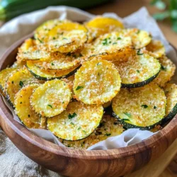 - 2 medium zucchinis, sliced into thin rounds - 1 cup grated Parmesan cheese - 1 cup breadcrumbs (preferably whole wheat) - 1 teaspoon garlic powder - 1 teaspoon onion powder - 1 teaspoon smoked paprika - Salt and pepper to taste - 2 large eggs - 1 tablespoon olive oil - Fresh parsley, chopped (for garnish) You can choose organic zucchinis and eggs for a fresher taste. Organic Parmesan cheese also adds a rich flavor. Look for whole wheat breadcrumbs that are certified organic. This way, you can enjoy a snack that is both tasty and better for the earth. If you can't find Parmesan cheese, try Pecorino Romano for a similar taste. For breadcrumbs, gluten-free options like almond flour work well. You can skip eggs and use flaxseed meal mixed with water as a vegan substitute. If you want spice, cayenne pepper can replace smoked paprika for a kick. {{ingredient_image_1}} 1. Preheat your oven to 425°F (220°C). This helps the chips get nice and crispy. 2. Line a baking sheet with parchment paper. This keeps the chips from sticking. 3. In a shallow bowl, mix the grated Parmesan cheese, breadcrumbs, garlic powder, onion powder, smoked paprika, salt, and pepper. Stir until all dry ingredients blend well. 4. In another shallow bowl, beat two large eggs. This will help the coating stick to the zucchini. 1. Take each zucchini slice and dip it into the beaten eggs. Make sure it's well-coated. 2. Press the egg-coated zucchini slice into the breadcrumb mixture. Press down firmly to ensure an even coating. 3. Place the coated slices on the prepared baking sheet. Leave space between each chip for even cooking. 1. Bake the zucchini chips in the preheated oven for about 20 to 25 minutes. Look for a golden brown color. 2. Flip the chips halfway through baking. This ensures they crisp up nicely on both sides. To get that perfect crunch in your zucchini chips, use olive oil wisely. A light drizzle helps the chips brown nicely. Olive oil also adds flavor, making them taste great. Remember, don’t soak the chips; just a little is enough. You can also cook zucchini chips in an air fryer. It gives them a crisp finish while using less oil. If you prefer the oven, bake them until golden brown. Just flip them halfway for even crispiness. Zucchini chips pair well with dips. Marinara sauce is a classic choice. Ranch dressing adds a cool touch. You can also try hummus for a healthy kick. These dips enhance the flavor and make every bite fun. For drinks, consider sparkling water or iced tea. They balance the crunchiness and add a refreshing element. A light beer works well too if you enjoy something bubbly. For serving, a rustic wooden bowl looks great. Line it with parchment paper for a nice touch. This makes your chips stand out and adds charm. Don’t forget to garnish with fresh parsley. Sprinkle it over the chips for color and flavor. This simple step makes your dish pop, making it more appealing to guests. Pro Tips Choose the Right Zucchini: Look for firm zucchinis with smooth skin for the best texture. Smaller zucchinis tend to be more flavorful and less watery. Ensure Even Coating: When breading the zucchini, make sure to press the slices firmly into the breadcrumb mixture for an even and crispy coating. Use a Wire Rack: For extra crispiness, place the zucchini chips on a wire rack set over the baking sheet. This allows air to circulate around the chips as they bake. Experiment with Spices: Feel free to customize the spices in the breadcrumb mixture. Adding Italian seasoning or crushed red pepper flakes can give your chips an extra kick! {{image_2}} You can change up the flavor of your zucchini chips easily. Adding spices like cayenne gives them a kick. Italian herbs like oregano and basil add a fresh taste. You might try mixing different cheeses too. Parmesan and cheddar make a nice pair. This way, you can create your favorite flavor profile. If you need gluten-free options, use gluten-free breadcrumbs. They work just as well in this recipe. For a vegan option, replace the eggs with a mixture of ground flaxseed and water. This will help the coating stick to the zucchini. These changes make the chips friendly for more diets. You can also add other vegetables to the mix. Sweet potatoes or carrots sliced thin work great. They add color and taste to your snack. Using seasonal herbs can boost the flavor too. Fresh thyme or rosemary can elevate your zucchini chips. This keeps your snack fresh and fun all year round. To keep your zucchini chips fresh, use an airtight container. Glass or plastic containers work well. Place parchment paper between layers to avoid sticking. You can store them in the fridge for up to 3 days. If you want to keep them longer, freezing is an option. Just remember to freeze them in a single layer first. After they are frozen, transfer them to a freezer bag. To enjoy your chips again, reheating is key. The oven is the best choice if you want them crispy. Preheat the oven to 350°F (175°C). Place the chips on a baking sheet and bake for about 10 minutes. This method keeps them crunchy. The microwave can work too but won’t give the same crispiness. If you use the microwave, heat them in short bursts to avoid sogginess. Zucchini chips stay tasty for about 3 days in the fridge. Signs of spoilage include a soft texture or off smell. If you notice either of these, it’s best to toss them. For frozen chips, aim to use them within 2 to 3 months for the best taste. Always check for freezer burn before using. To make zucchini chips crispy, slice them thinly. Thin slices bake better. Pat the slices dry with a paper towel to remove extra moisture. Use a good amount of grated Parmesan and breadcrumbs for a crunchy coating. Drizzling olive oil helps crisp them up in the oven. Bake at 425°F (220°C) for 20-25 minutes. Flip them halfway for even cooking. Yes, you can use other cheeses! Cheddar, mozzarella, or even a mix works well. Each cheese brings a different flavor. Just remember to adjust the amounts to fit your taste. Grated cheese helps form a nice crust, so use what you enjoy. Leftover zucchinis are versatile! You can stir-fry them, add them to salads, or grill them. Zucchini can also be used in soups and casseroles. Another fun option is to make zucchini bread or muffins. Be creative and use them in your favorite dishes! Yes, zucchini chips can be a healthy snack! Zucchini is low in calories and high in vitamins. Adding Parmesan cheese gives some protein and flavor. Using whole wheat breadcrumbs adds fiber. Just watch the portion size to keep it healthy. These zucchini chips are best enjoyed fresh. They stay crispy for a few hours after baking. If stored, keep them in an airtight container. They last about 2-3 days in the pantry. For longer storage, try freezing them. Reheat to enjoy that crunch again! This blog post covered everything you need to create delicious zucchini chips. You learned about the key ingredients, preparation methods, and tips for achieving perfect crispiness. We explored fun variations and storage options to keep your chips fresh. Remember, these snacks can be healthy and tasty, making them a great choice for any occasion. Get creative with flavors and pair them with your favorite dips. Enjoy these tasty bites as a good snack or a side! Embrace the joy of cooking with zucchini chips!
