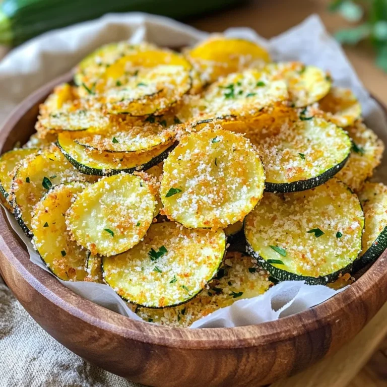 - 2 medium zucchinis, sliced into thin rounds - 1 cup grated Parmesan cheese - 1 cup breadcrumbs (preferably whole wheat) - 1 teaspoon garlic powder - 1 teaspoon onion powder - 1 teaspoon smoked paprika - Salt and pepper to taste - 2 large eggs - 1 tablespoon olive oil - Fresh parsley, chopped (for garnish) You can choose organic zucchinis and eggs for a fresher taste. Organic Parmesan cheese also adds a rich flavor. Look for whole wheat breadcrumbs that are certified organic. This way, you can enjoy a snack that is both tasty and better for the earth. If you can't find Parmesan cheese, try Pecorino Romano for a similar taste. For breadcrumbs, gluten-free options like almond flour work well. You can skip eggs and use flaxseed meal mixed with water as a vegan substitute. If you want spice, cayenne pepper can replace smoked paprika for a kick. {{ingredient_image_1}} 1. Preheat your oven to 425°F (220°C). This helps the chips get nice and crispy. 2. Line a baking sheet with parchment paper. This keeps the chips from sticking. 3. In a shallow bowl, mix the grated Parmesan cheese, breadcrumbs, garlic powder, onion powder, smoked paprika, salt, and pepper. Stir until all dry ingredients blend well. 4. In another shallow bowl, beat two large eggs. This will help the coating stick to the zucchini. 1. Take each zucchini slice and dip it into the beaten eggs. Make sure it's well-coated. 2. Press the egg-coated zucchini slice into the breadcrumb mixture. Press down firmly to ensure an even coating. 3. Place the coated slices on the prepared baking sheet. Leave space between each chip for even cooking. 1. Bake the zucchini chips in the preheated oven for about 20 to 25 minutes. Look for a golden brown color. 2. Flip the chips halfway through baking. This ensures they crisp up nicely on both sides. To get that perfect crunch in your zucchini chips, use olive oil wisely. A light drizzle helps the chips brown nicely. Olive oil also adds flavor, making them taste great. Remember, don’t soak the chips; just a little is enough. You can also cook zucchini chips in an air fryer. It gives them a crisp finish while using less oil. If you prefer the oven, bake them until golden brown. Just flip them halfway for even crispiness. Zucchini chips pair well with dips. Marinara sauce is a classic choice. Ranch dressing adds a cool touch. You can also try hummus for a healthy kick. These dips enhance the flavor and make every bite fun. For drinks, consider sparkling water or iced tea. They balance the crunchiness and add a refreshing element. A light beer works well too if you enjoy something bubbly. For serving, a rustic wooden bowl looks great. Line it with parchment paper for a nice touch. This makes your chips stand out and adds charm. Don’t forget to garnish with fresh parsley. Sprinkle it over the chips for color and flavor. This simple step makes your dish pop, making it more appealing to guests. Pro Tips Choose the Right Zucchini: Look for firm zucchinis with smooth skin for the best texture. Smaller zucchinis tend to be more flavorful and less watery. Ensure Even Coating: When breading the zucchini, make sure to press the slices firmly into the breadcrumb mixture for an even and crispy coating. Use a Wire Rack: For extra crispiness, place the zucchini chips on a wire rack set over the baking sheet. This allows air to circulate around the chips as they bake. Experiment with Spices: Feel free to customize the spices in the breadcrumb mixture. Adding Italian seasoning or crushed red pepper flakes can give your chips an extra kick! {{image_2}} You can change up the flavor of your zucchini chips easily. Adding spices like cayenne gives them a kick. Italian herbs like oregano and basil add a fresh taste. You might try mixing different cheeses too. Parmesan and cheddar make a nice pair. This way, you can create your favorite flavor profile. If you need gluten-free options, use gluten-free breadcrumbs. They work just as well in this recipe. For a vegan option, replace the eggs with a mixture of ground flaxseed and water. This will help the coating stick to the zucchini. These changes make the chips friendly for more diets. You can also add other vegetables to the mix. Sweet potatoes or carrots sliced thin work great. They add color and taste to your snack. Using seasonal herbs can boost the flavor too. Fresh thyme or rosemary can elevate your zucchini chips. This keeps your snack fresh and fun all year round. To keep your zucchini chips fresh, use an airtight container. Glass or plastic containers work well. Place parchment paper between layers to avoid sticking. You can store them in the fridge for up to 3 days. If you want to keep them longer, freezing is an option. Just remember to freeze them in a single layer first. After they are frozen, transfer them to a freezer bag. To enjoy your chips again, reheating is key. The oven is the best choice if you want them crispy. Preheat the oven to 350°F (175°C). Place the chips on a baking sheet and bake for about 10 minutes. This method keeps them crunchy. The microwave can work too but won’t give the same crispiness. If you use the microwave, heat them in short bursts to avoid sogginess. Zucchini chips stay tasty for about 3 days in the fridge. Signs of spoilage include a soft texture or off smell. If you notice either of these, it’s best to toss them. For frozen chips, aim to use them within 2 to 3 months for the best taste. Always check for freezer burn before using. To make zucchini chips crispy, slice them thinly. Thin slices bake better. Pat the slices dry with a paper towel to remove extra moisture. Use a good amount of grated Parmesan and breadcrumbs for a crunchy coating. Drizzling olive oil helps crisp them up in the oven. Bake at 425°F (220°C) for 20-25 minutes. Flip them halfway for even cooking. Yes, you can use other cheeses! Cheddar, mozzarella, or even a mix works well. Each cheese brings a different flavor. Just remember to adjust the amounts to fit your taste. Grated cheese helps form a nice crust, so use what you enjoy. Leftover zucchinis are versatile! You can stir-fry them, add them to salads, or grill them. Zucchini can also be used in soups and casseroles. Another fun option is to make zucchini bread or muffins. Be creative and use them in your favorite dishes! Yes, zucchini chips can be a healthy snack! Zucchini is low in calories and high in vitamins. Adding Parmesan cheese gives some protein and flavor. Using whole wheat breadcrumbs adds fiber. Just watch the portion size to keep it healthy. These zucchini chips are best enjoyed fresh. They stay crispy for a few hours after baking. If stored, keep them in an airtight container. They last about 2-3 days in the pantry. For longer storage, try freezing them. Reheat to enjoy that crunch again! This blog post covered everything you need to create delicious zucchini chips. You learned about the key ingredients, preparation methods, and tips for achieving perfect crispiness. We explored fun variations and storage options to keep your chips fresh. Remember, these snacks can be healthy and tasty, making them a great choice for any occasion. Get creative with flavors and pair them with your favorite dips. Enjoy these tasty bites as a good snack or a side! Embrace the joy of cooking with zucchini chips!