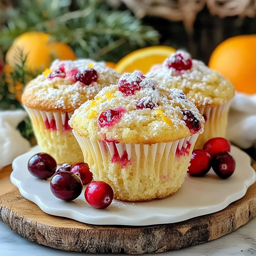 To make these delicious cranberry orange muffins, gather the following ingredients: - 1 ½ cups all-purpose flour - ½ cup granulated sugar - ½ cup brown sugar, packed - 2 teaspoons baking powder - ½ teaspoon baking soda - ½ teaspoon salt - 1 teaspoon ground cinnamon - 1 large egg - ¾ cup buttermilk (or milk mixed with 1 tablespoon vinegar) - ⅓ cup vegetable oil - Zest of 1 orange - 1 cup fresh cranberries, chopped (or dried if unavailable) - ½ cup chopped walnuts (optional) You can adapt the recipe by using different ingredients. Here are some ideas: - If you don’t have buttermilk, mix regular milk with vinegar or lemon juice. - You can swap all-purpose flour for whole wheat flour for more fiber. - If you want a nut-free muffin, leave out the walnuts. - Use dried cranberries if fresh ones are not available. These muffins are not just tasty; they also pack some nutrition. Here’s a rough estimate per muffin: - Calories: 180 - Protein: 3g - Total Fat: 7g - Saturated Fat: 1g - Carbohydrates: 28g - Fiber: 1g - Sugar: 10g These facts can help you enjoy your muffins while keeping track of your diet. {{ingredient_image_1}} Start by preheating your oven to 375°F (190°C). This temperature helps the muffins rise well. Line a muffin pan with paper liners or spray it with non-stick cooking spray. This step keeps your muffins from sticking, making them easy to remove. In a large bowl, add 1 ½ cups of all-purpose flour, ½ cup of granulated sugar, and ½ cup of brown sugar. Next, mix in 2 teaspoons of baking powder, ½ teaspoon of baking soda, ½ teaspoon of salt, and 1 teaspoon of ground cinnamon. Use a whisk to combine these dry ingredients well. This ensures even flavor in every bite. In another bowl, crack open 1 large egg. Beat it lightly, then add ¾ cup of buttermilk, ⅓ cup of vegetable oil, and the zest of 1 orange. Whisk these together until the mixture is smooth. The wet ingredients bring moisture and flavor to your muffins. Pour the wet mixture into the dry ingredients. Gently fold them together until just combined. It’s okay if some flour pockets remain. Then, add 1 cup of chopped fresh cranberries and ½ cup of chopped walnuts (if using). Carefully fold them into the batter. This step adds bursts of flavor and texture. Using a spoon or an ice cream scoop, fill each muffin cup about ¾ full with the batter. Place the muffin pan in the preheated oven. Bake for 18-20 minutes. Check for doneness by inserting a toothpick into the center. If it comes out clean, they are ready. Let the muffins cool in the pan for about 5 minutes. Then, move them to a wire rack to cool completely. Enjoy your warm, aromatic cranberry orange muffins! To keep your muffins moist, use buttermilk. It adds rich flavor and tenderness. If you don't have buttermilk, mix regular milk with vinegar. The acid helps make the muffins soft. Also, add the orange zest for extra moisture and flavor. Don't skip this step; it makes a big difference. Mix the batter gently. After adding wet ingredients to dry, fold them together. Stop mixing when you still see some flour bits. This helps create fluffy muffins. Overmixing makes the muffins tough. Remember, lumps are okay! To serve your muffins beautifully, dust them with powdered sugar. Use a fine sieve for a light sprinkle. Arrange them on a wooden board. Add fresh cranberries and orange slices for color. This makes your muffins look fancy and inviting. Enjoy serving them warm! Pro Tips Use Fresh Cranberries: They provide a tart flavor that balances the sweetness of the muffins. If using dried cranberries, consider reducing the sugar slightly. Don't Overmix: Gently folding the wet and dry ingredients helps keep the muffins light and fluffy. Overmixing can lead to dense muffins. Experiment with Spices: Add a pinch of nutmeg or ginger for a warm flavor twist. Customizing spices can make these muffins uniquely yours. Cool Before Storing: Allow muffins to cool completely before storing them in an airtight container to prevent them from becoming soggy. {{image_2}} You can easily make these muffins vegan. Replace the egg with 1 tablespoon of ground flaxseed mixed with 2.5 tablespoons of water. Let it sit for a few minutes until it thickens. Use almond milk or soy milk instead of buttermilk. The rest of the ingredients stay the same. These changes keep the muffins fluffy and tasty. For a gluten-free version, swap all-purpose flour with a gluten-free blend. Make sure it has a binding agent like xanthan gum. Follow the same recipe steps. The texture might differ a bit, but they will still be full of flavor. Enjoy these muffins without any gluten worries. Feel free to get creative with your muffins. Here are some fun ideas: - Add ½ cup of chocolate chips for a sweet twist. - Mix in ½ cup of shredded coconut for a tropical flavor. - Use lemon zest instead of orange for a different citrus note. - Try adding spices like ginger or nutmeg for extra warmth. These variations keep your muffins exciting and fun! To keep your cranberry orange muffins fresh, store them in an airtight container. They can stay at room temperature for up to three days. If you want to keep them longer, consider refrigerating them. This method can extend their freshness to about a week. Make sure to let them cool completely before sealing them in the container. This helps prevent sogginess. Freezing is a great way to save extra muffins. First, let them cool all the way down. Then wrap each muffin tightly in plastic wrap. After that, place them in a freezer-safe bag. You can freeze these muffins for up to three months. When you’re ready to enjoy them, just take out the number you need. To reheat, remove the muffins from the fridge or freezer. If frozen, let them thaw at room temperature for about an hour. For warm muffins, use a microwave. Heat them for about 15 to 20 seconds. You can also warm them in an oven at 350°F (175°C) for about 5 to 10 minutes. Enjoy these muffins warm for the best taste! Yes, you can use frozen cranberries. They work just as well as fresh ones. Just make sure to chop them before adding to your batter. You do not need to thaw them first. The muffins will still taste great! To make muffins rise high, you need to follow a few key tips. First, make sure your baking powder is fresh. Old baking powder may not work well. Second, preheat your oven properly before baking. Finally, fill your muffin cups to about ¾ full. This helps them rise beautifully! If you don’t have buttermilk, you can make a simple substitute. Mix ¾ cup of milk with 1 tablespoon of vinegar. Let it sit for about five minutes. This will create a similar tangy flavor. You can also use plain yogurt or sour cream as alternatives. This blog post covered all you need to make delicious cranberry muffins. You learned about the key ingredients and tasty substitutions. We walked through step-by-step instructions to bake them perfectly. I shared tips to keep your muffins moist and presentable. You can even explore fun variations like vegan or gluten-free options. Lastly, proper storage helps keep your muffins fresh. With these insights, you can bake with confidence and enjoy every bite. Happy baking!