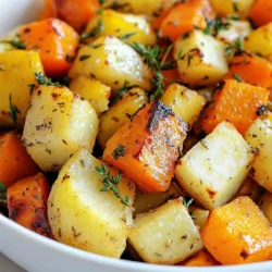 Cooking herb roasted root vegetables is simple and fun. Here’s what you’ll need: - 4 medium carrots, peeled and cut into 1-inch pieces - 3 medium parsnips, peeled and cut into 1-inch pieces - 1 large sweet potato, peeled and cubed - 1 large red potato, cubed These root vegetables bring a sweet and earthy taste. Carrots add color. Parsnips give a hint of nutty flavor. Sweet potatoes are rich and creamy. Red potatoes offer a nice texture. - 2 tablespoons olive oil - 2 teaspoons fresh thyme leaves, chopped - 1 teaspoon rosemary, chopped - 3 cloves garlic, minced These seasonings make your dish shine. Olive oil helps the veggies roast evenly. Thyme and rosemary add a fragrant touch. Garlic gives a warm, savory kick. - 1 tablespoon balsamic vinegar - Salt and pepper to taste Balsamic vinegar is optional but tasty. It adds a sweet tang. Salt and pepper bring out all the flavors. Adjust these to your taste. Feel free to mix and match your favorite herbs or veggies. This dish is all about your preferences! {{ingredient_image_1}} - Preheat oven to 425°F (220°C). - Line a large baking sheet with parchment paper. - In a large bowl, mix the carrots, parsnips, sweet potato, and red potato. - Drizzle olive oil over the veggies. - Add chopped thyme, rosemary, minced garlic, salt, and pepper. - If you like, pour in balsamic vinegar for extra taste. - Toss everything until the veggies are well coated with the oil and herbs. - Spread the seasoned veggies evenly on the baking sheet. - Bake for 30-35 minutes. - Stir halfway through to ensure even cooking. - Check for doneness; the veggies should be tender and golden brown. - Once done, remove from the oven and let cool slightly before serving. To make herb roasted root vegetables shine, use fresh herbs. I love thyme and rosemary. They add depth to the dish. You can also try parsley or sage for a twist. Garlic is key too; it brings out the flavors. Olive oil is vital. It helps the veggies cook and gives a nice taste. Use good quality olive oil for the best results. A splash of balsamic vinegar can enhance the flavor, making it richer and more complex. Stir the vegetables halfway through roasting. This step helps them cook evenly and get golden. It’s easy to do! Just take them out, give them a quick toss, and pop them back in. Check for doneness by poking a piece with a fork. If it goes in easily, they are ready. If not, give them a few more minutes. Serving is just as important as cooking. Use a colorful bowl to showcase the veggies. A mix of colors makes the dish pop! Garnish with fresh herbs for eye appeal and extra flavor. You can also drizzle a bit of balsamic glaze on top for a shiny finish. Presenting your dish well makes it more inviting. Pro Tips Cut Uniformly: Ensure all vegetables are cut to the same size for even cooking. Season Generously: Don't skimp on the herbs and spices; they enhance the flavors significantly. Use High Heat: Roasting at a high temperature caramelizes the vegetables beautifully, adding depth to their flavor. Experiment with Veggies: Feel free to mix in other root vegetables like turnips or beets for variety. {{image_2}} You can change up the root vegetables to fit your taste. Here are some great options: - Beets - Turnips - Rutabaga - Celery root These vegetables add unique flavors and colors to your dish. You can also use seasonal veggies. In fall, try squash or pumpkin. In spring, use asparagus or radishes. Mixing different veggies keeps your meals exciting. Adding spices can really boost the taste of your roasted vegetables. Here are some ideas: - Paprika for a smoky flavor - Cumin for warmth - Chili powder for heat You can also switch oils for different tastes. Instead of olive oil, try avocado oil or melted coconut oil. Each oil brings its own flavor, making the dish even more special. This dish can fit many diets. For a vegan option, just use olive oil and skip any animal products. It is naturally gluten-free, too. If you want a low-carb dish, replace the sweet potato and red potato with cauliflower or zucchini. These swaps make the dish lighter but still delicious. - How to Store Leftovers After enjoying your herb roasted root vegetables, let them cool. Place the leftovers in a bowl or container. Cover them tightly with a lid or plastic wrap. This keeps them fresh and tasty for up to five days in the fridge. - Best Containers for Storage Use glass or BPA-free plastic containers for the best results. These materials do not absorb smells and keep the flavor intact. Choose containers that are the right size for your leftovers. This helps reduce air exposure. - Freezing Roasted Vegetables If you want to save some for later, freezing is a great option. Make sure the vegetables are fully cool before freezing. Spread them on a tray in a single layer and freeze for about two hours. Once frozen, transfer them to a freezer bag or container. - Thawing Methods To thaw, place the frozen vegetables in the fridge overnight. If you need them fast, you can use the microwave. Set it on defrost for a few minutes, checking often. - Oven vs. Microwave For the best flavor and texture, reheating in the oven is ideal. Preheat your oven to 350°F (175°C). Spread the vegetables on a baking sheet and heat for about 10-15 minutes. If you’re in a hurry, the microwave works too. Heat them in short bursts, stirring in between. - Maintaining Texture When reheating, avoid overcooking. This keeps them crisp and tasty. If using a microwave, cover the bowl with a damp paper towel. This adds a bit of steam, helping to keep the veggies from drying out. The best root vegetables for roasting are carrots, parsnips, sweet potatoes, and red potatoes. Each adds unique flavors and textures. Carrots are sweet, while parsnips have a nutty taste. Sweet potatoes offer creaminess, and red potatoes give a fluffy texture. You can mix these to create a colorful and tasty dish. To make this recipe vegan, simply use olive oil and skip any animal products. The olive oil adds richness without using butter. This dish is naturally vegan since it has no meat or dairy. The fresh herbs and garlic bring all the flavor you need. Yes, you can roast these vegetables at different temperatures. If you roast at a lower heat, like 375°F (190°C), the cooking time will increase. Just watch closely to ensure they do not burn. Roasting at a higher heat, like 450°F (232°C), will cook them faster but may need more stirring. Herb roasted root vegetables can last in the fridge for about 3 to 5 days. Store them in an airtight container to keep them fresh. When you're ready to eat them, just reheat in the oven or microwave. This way, you can enjoy leftovers without losing flavor. You’ve learned about roasting root vegetables from prep to storage. Carrots, parsnips, and sweet potatoes shine when seasoned with olive oil and herbs. Remember to stir them halfway for even cooking. Don’t hesitate to try different vegetable combos or spices for variety. Store leftovers properly and reheat to keep them tasty. Enjoy exploring this simple, healthy dish that makes any meal special. Your kitchen experiments can lead to great meals ahead.