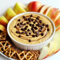 - 1 cup creamy peanut butter - 1/2 cup cream cheese, softened - 1/4 cup powdered sugar - 1/4 cup brown sugar - 1 tsp vanilla extract - 1/2 cup mini chocolate chips - Dipping options: sliced apples, pretzels, and graham crackers This recipe is simple and fun. You need just a few ingredients. First, grab a cup of creamy peanut butter. It gives the dip its rich base. Next, you will need half a cup of softened cream cheese. This makes the dip smooth and creamy. For sweetness, use a quarter cup of powdered sugar and a quarter cup of brown sugar. The brown sugar adds a lovely hint of caramel. Do not forget one teaspoon of vanilla extract. This brings out all the flavors in the dip. Lastly, add half a cup of mini chocolate chips. They provide a sweet crunch in every bite. For dipping, I like to use sliced apples, pretzels, and graham crackers. The mix of sweet and salty makes this treat even better. You can choose any of these to enjoy with your dip! {{ingredient_image_1}} To start, grab a medium-sized mixing bowl. Add 1 cup of creamy peanut butter and 1/2 cup of softened cream cheese. With a hand mixer or whisk, mix them until smooth and creamy. This step ensures a rich base for your dip. Next, slowly add 1/4 cup of powdered sugar and 1/4 cup of brown sugar. Keep mixing until these sugars blend well into the dip. You want a thick but smooth texture. This combination gives the dip its sweet and creamy flavor. Now it's time to make this dip truly special. Add 1 teaspoon of vanilla extract to the mixture. Stir it in well. The vanilla adds a warm note that pairs perfectly with peanut butter. Next, gently fold in 1/2 cup of mini chocolate chips. Make sure they spread evenly throughout the dip. This way, every bite bursts with chocolatey goodness. Once everything is mixed, it’s time to present your dip. Transfer it to a serving bowl or platter. Use a spatula to smooth the top. For a fun look, you can create swirls with the back of a spoon. To make it even more appealing, arrange sliced apples, pretzels, and graham crackers around the dip. You can sprinkle extra mini chocolate chips on top for a nice touch. This setup not only looks great but also invites everyone to dig in! To get the best dip, focus on two main things: consistency and blending. First, you want the dip to be creamy and thick. Start by mixing the creamy peanut butter and cream cheese well. Use a hand mixer or whisk to blend until smooth. If it's too thick, you can add a bit more cream cheese. Next, blend in the sugars slowly. This helps to maintain a smooth texture. Make sure everything mixes well together. You want to avoid any lumps. This step is key to a perfect dip. You can make this dip even better with some simple tweaks. Consider adding a pinch of cinnamon for warmth. You might also try adding a splash of maple syrup for extra sweetness. Taste as you go. Adjusting the sweetness helps to match your personal preference. If you want to spice it up, consider mixing in some crushed nuts or a spoonful of Nutella. These additions can give the dip a fun twist. How you present your dip matters a lot. Start by arranging your dippers around the dip. Sliced apples, pretzels, and graham crackers look great together. Aim for a colorful and fun display. For a finishing touch, sprinkle some extra mini chocolate chips on top. This adds a nice touch and makes the dip look extra tempting. You can also use a spoon to create swirls on top for added beauty. Pro Tips Use Room Temperature Ingredients: Ensuring that your cream cheese is softened to room temperature will help achieve a smoother dip without lumps. Customize Your Sweetness: Adjust the amount of powdered sugar and brown sugar based on your taste preference; you can even omit one if you prefer a less sweet dip. Experiment with Dippers: Besides apples, pretzels, and graham crackers, try using celery sticks, banana slices, or even vanilla wafers for a fun twist! Make Ahead: Prepare the dip ahead of time and store it in the refrigerator for up to a day. This allows the flavors to meld beautifully. {{image_2}} To make a lighter version of this dip, you can swap the sugars. Use natural sweeteners like honey or maple syrup instead. They add sweetness without refined sugar. You can also use low-fat cream cheese. This gives you the same creamy texture but with fewer calories. Your dip will taste great and still feel indulgent! Want to spice things up? Try adding a pinch of cinnamon to the mix. It gives a warm flavor that pairs well with peanut butter. You can also experiment with other types of chocolate. Dark chocolate chips or even white chocolate can change the dip's taste. Each option brings a new twist to this classic treat. Make your dip festive for holidays! You can add crushed peppermint for winter celebrations. Or use pumpkin spice for a fall flavor. For special occasions, think about pairing it with seasonal fruits. Fresh strawberries in the summer or apples in the fall work well. These simple swaps can make your dip perfect for any time of year! To keep your chocolate chip peanut butter dip fresh, store it in an airtight container. Always make sure the lid is on tight. This will help prevent odors from other foods in the fridge from mixing in. The dip will stay fresh for up to one week in the fridge. If you notice any change in smell or texture, it’s best to toss it. You may not need to reheat this dip, as it tastes great chilled. However, if you prefer it warm, use gentle heat. Place it in a small saucepan over low heat. Stir often to keep the texture smooth. Avoid high heat, as this can cause the ingredients to separate. Freezing this dip is a great way to save it for later. To freeze, put it in a freezer-safe container. Leave some space at the top, as it will expand. You can freeze it for up to three months. To thaw, move it to the fridge overnight. Stir it well before serving for the best texture and flavor. Yes, you can make this dip ahead of time. To prep, mix all the ingredients as listed. After mixing, store it in an airtight container. Refrigerate it for up to 1 hour before serving. This wait helps the flavors blend well. If you need even more time, prepare it a day before. Just cover and keep it in the fridge. Remember to give it a quick stir before serving to refresh the texture. You have many fun options for dippers! Here are some ideas: - Sliced apples - Pretzels - Graham crackers - Celery sticks - Banana slices - Rice cakes These dippers add great taste and texture. You can mix and match based on what you like! Yes, this recipe can be gluten-free. Just choose gluten-free dippers. For example, use rice cakes or fresh fruits. The dip itself is naturally gluten-free. The ingredients, like peanut butter and cream cheese, do not contain gluten. Always check labels if you have strict dietary needs. Enjoy this tasty treat without worry! This blog post shared a tasty chocolate chip peanut butter dip recipe. You learned the ingredients, step-by-step instructions, and tips to make it perfect. I also covered healthy variations and how to store it. Remember, you can customize the dip to your taste. Try different dippers or add spices for fun twists. This dip is easy to make and enjoy anytime. Just follow the tips, and you’ll have a treat everyone loves.