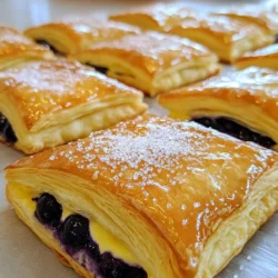 - 1 sheet of puff pastry (thawed) - 1 cup fresh or frozen blueberries - 4 ounces cream cheese (softened) - 1/4 cup powdered sugar - 1 teaspoon vanilla extract - 1 egg (beaten, for egg wash) - Zest of 1 lemon - 1 tablespoon cornstarch - 1 tablespoon lemon juice - 1 tablespoon granulated sugar (for sprinkling) These ingredients come together to create the perfect Blueberry Cream Cheese Danish. The puff pastry gives a flaky base. Fresh or frozen blueberries provide a sweet burst. Cream cheese adds richness, while lemon zest brightens the flavor. Using powdered sugar keeps the cream cheese filling smooth and sweet. Vanilla extract enhances the overall taste. Cornstarch helps thicken the blueberry filling, ensuring it doesn't run. Finally, the egg wash makes the pastry shine and look golden. Gather these ingredients, and you are ready to create a delightful treat! {{ingredient_image_1}} To make the blueberry filling, start by heating a saucepan over medium heat. Add one cup of fresh blueberries, one tablespoon of lemon juice, one tablespoon of cornstarch, and one tablespoon of granulated sugar. Cook this mixture for about 5 to 7 minutes. You want the blueberries to soften and the mixture to thicken slightly. Keep stirring gently to avoid sticking. Once it looks ready, remove it from the heat and let it cool. The filling should be thick enough to stay in place but still a bit saucy. Next, you’ll create the cream cheese filling. Take 4 ounces of softened cream cheese and place it in a mixing bowl. Add 1/4 cup of powdered sugar, 1 teaspoon of vanilla extract, and the zest of one lemon. Mix these ingredients together until the texture is smooth and creamy. This step is key; using room temperature cream cheese helps blend everything well. A smooth filling makes for a better danish. Now, let’s prepare the puff pastry. Unroll one sheet of thawed puff pastry onto a lightly floured surface. Use a rolling pin if needed, but it should be thin already. Cut the pastry into squares that are about 4x4 inches. This size works well for filling. To assemble, place 1 tablespoon of the cream cheese mixture in the center of each square. Top that with 1 tablespoon of your blueberry filling. Preheat your oven to 400°F (200°C) and line a baking sheet with parchment paper. After filling the pastries, fold the corners over the filling to form a diamond shape. Make sure to pinch the corners to seal them well. Brush the tops lightly with a beaten egg wash for a nice golden color. Bake in your preheated oven for 15 to 20 minutes. Look for a golden brown and flaky finish as a sign they are done. Enjoy the mouthwatering aroma while they bake! To get light and flaky puff pastry, keep these tips in mind: - Chill your ingredients: Cold butter creates layers. Make sure your puff pastry is cold before using it. - Roll gently: When rolling out, use even pressure. This keeps the layers intact. - Do not overwork: Handle the dough as little as possible to maintain its flakiness. To avoid sogginess in your danishes: - Use cornstarch: It thickens the blueberry mixture. This prevents excess moisture from seeping into the pastry. - Bake on parchment: Parchment paper helps with airflow and keeps the bottoms crisp. To elevate the flavors of your danish, consider these suggestions: - Spices: A pinch of cinnamon or nutmeg can add warmth. - Extracts: Try almond extract for a nutty twist. A few drops can change the taste. For garnishing ideas: - Lemon zest: Sprinkle some on top after baking for a fresh look and taste. - Powdered sugar: Dust the danishes with powdered sugar for a sweet finish. Here are some pitfalls to watch out for: - Overfilling: Use just the right amount of filling. Too much can cause spills and make a mess. - Incorrect baking temperature: Always preheat your oven to 400°F (200°C). This ensures even cooking and browning. By following these tips, you can make perfect blueberry cream cheese danishes every time! Pro Tips Use Cold Puff Pastry: Ensure your puff pastry is cold before rolling it out. This helps achieve a flakier texture when baked. Fresh vs. Frozen Blueberries: If using frozen blueberries, let them thaw and drain excess moisture to prevent a soggy filling. Egg Wash for Shine: For an even more golden finish, apply a second layer of egg wash before baking. Cool Before Serving: Allow the danishes to cool slightly on a wire rack to maintain their flaky texture and prevent steaming. {{image_2}} You can change the filling for your Blueberry Cream Cheese Danish. Use different fruits for a new taste. - Raspberries: They add a tart flavor. - Strawberries: Sweet and juicy, they work well. - Peaches: They give a nice summer vibe. You can also mix in chopped nuts like pecans or walnuts. They add crunch. If you love chocolate, try chocolate chips. They melt and create a rich flavor. Try different shapes for fun. You can fold the pastry in various ways. This gives your danishes a unique look. - Twisted: Twist the pastry for a spiral effect. - Crescent: Fold it like a crescent moon. - Braided: Cut slits on either side and braid it. For presentation, sprinkle some powdered sugar on top. You can also drizzle icing for a sweet finish. Show off your creativity! If you need dietary options, you can make changes to this recipe. - Gluten-free: Use gluten-free puff pastry. It works just like regular pastry. - Vegan: Swap cream cheese for a vegan version. Use plant-based butter for the pastry. These adjustments let everyone enjoy this treat! To keep your leftover danishes fresh, use an airtight container. A glass or plastic container works well. Make sure the lid seals tightly to keep air out. Store the danishes in the fridge. They will stay good for about two days. To reheat your danishes and keep them flaky, use the oven. Set the oven to 350°F (175°C). Place the danishes on a baking sheet. Heat them for about 10 minutes. Check to make sure they are warm but not burnt. You can also use a microwave, but it may make them soggy. If you use the microwave, heat for 15 to 20 seconds. Freezing danishes is easy. First, let them cool completely. Next, wrap each danish in plastic wrap. Then place them in a freezer bag. Make sure to squeeze out as much air as you can. Label the bag with the date. They can be frozen for up to three months. To thaw, take a danish out and let it sit in the fridge overnight. For reheating, follow the same steps as above. This keeps them tasty and flaky! Yes, you can use store-bought cream cheese. It will save time and effort. However, fresh cream cheese gives a richer taste. Store-bought cream cheese may be less creamy. If you go this route, let it soften before mixing. This helps achieve a smooth texture in your filling. Look for a golden brown color on the tops. The pastries should puff up nicely. If they are golden and flaky, they are ready. The filling will bubble slightly, and that’s a good sign too. A light touch should show they are firm, yet soft inside. You can prepare the dough ahead of time. Wrap it tightly and store it in the fridge. This keeps it fresh for a day or two. If you want to store it longer, freeze it. Just remember to thaw it in the fridge overnight before using. This way, you save time and still enjoy fresh danishes. To adjust sweetness, you can add or reduce powdered sugar. Taste the cream cheese filling as you mix. For a less sweet filling, cut back on sugar. If you prefer more sweetness, add a little more. You can also use a splash of honey or maple syrup for a different flavor. To wrap up, we explored the key ingredients for delicious blueberry danishes, from puff pastry to fresh blueberries. I shared easy steps for preparing the filling and baking your pastries to perfection. We covered tips for avoiding common mistakes and variations to enhance your recipe. Now you can enjoy these treats your way! Don’t forget to store any leftovers properly. With these skills and knowledge, you can create delightful pastries that impress. Enjoy your baking journey and savor every bite!