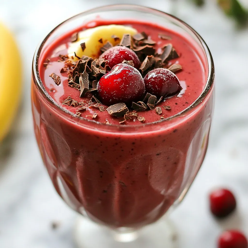 To make a tasty Chocolate Covered Cherry Smoothie, you need: - 1 cup frozen cherries - 1 frozen banana - 1 cup almond milk (or milk of your choice) - 2 tablespoons cocoa powder - 1 tablespoon chia seeds - 1-2 tablespoons honey or maple syrup (to taste) - 1 teaspoon vanilla extract - ¼ cup Greek yogurt (optional for creaminess) - Chocolate shavings or cocoa nibs for garnish Measuring your ingredients helps keep your smoothie balanced. Use a standard measuring cup or spoon. Here’s how much of each item you need: - Frozen cherries: 1 cup adds fruity flavor and sweetness. - Frozen banana: 1 gives a creamy texture. - Almond milk: 1 cup offers a smooth base. - Cocoa powder: 2 tablespoons add rich chocolate taste. - Chia seeds: 1 tablespoon boosts nutrition and thickens the smoothie. - Honey or maple syrup: 1-2 tablespoons sweeten to your liking. - Vanilla extract: 1 teaspoon enhances flavors. - Greek yogurt: ¼ cup adds creaminess and protein (optional). - Chocolate shavings or cocoa nibs: Use for a crunchy topping. Want to change it up? Here are some fun add-ins to try: - Spinach: Adds nutrients without changing the taste. - Peanut butter: Gives a nutty flavor and creamy texture. - Protein powder: Boosts protein for a post-workout drink. - Coconut flakes: Adds a tropical twist and texture. - Ground flaxseed: Offers healthy fats and fiber. These options let you get creative while keeping your smoothie delicious and healthy! {{ingredient_image_1}} To start, gather your ingredients. You need frozen cherries, a frozen banana, almond milk, cocoa powder, chia seeds, honey or maple syrup, and vanilla extract. If you want it creamier, get Greek yogurt too. 1. Blend the Base: In a blender, add 1 cup of frozen cherries, 1 frozen banana, and 1 cup of almond milk. Next, sprinkle in 2 tablespoons of cocoa powder and 1 tablespoon of chia seeds. 2. Sweeten It Up: Add 1 to 2 tablespoons of honey or maple syrup based on your taste. Then, pour in 1 teaspoon of vanilla extract for flavor. 3. Creamy Boost: If you like, add ¼ cup of Greek yogurt. This makes the smoothie rich and adds protein. 4. Blend Until Smooth: Blend on high until it’s creamy. Stop to scrape down the sides if needed. Make sure there are no lumps. 5. Taste Test: Taste your smoothie. If you want it sweeter, add more honey or maple syrup. Blend again to mix. 6. Serve It Up: Pour the smoothie into glasses. Top with chocolate shavings or cocoa nibs for a nice crunch. To achieve a smooth blend, always start with liquids first. This helps the blender work better. Use frozen fruits as they make the smoothie thick and cold. If your blender struggles, add a bit more liquid. Blend in short bursts to help mix everything well. You can change the sweetness by adding more honey or maple syrup. For a richer flavor, try adding a bit more cocoa powder. If you want it thicker, more Greek yogurt works wonders. Always taste as you go, adjusting to find your perfect flavor. To make your smoothie super creamy, add Greek yogurt. It gives a nice texture. You can also use full-fat milk for richer flavor. If you prefer a dairy-free option, coconut cream works great too. Blend all ingredients until smooth. Stop the blender and scrape the sides if needed. This helps mix everything well. If you have any smoothie left, store it in a sealed jar. Use a glass or plastic container with a tight lid. I recommend using it within a day for the best taste. If you keep it longer, the texture may change. You can also freeze leftovers in ice cube trays. This way, you have smoothie pops for later! Serve your smoothie in tall glasses for a nice look. Top it with chocolate shavings or cocoa nibs. You can also add fresh cherries for a splash of color. Pair it with a light breakfast or enjoy it as a snack. This smoothie is great any time of the day! Pro Tips Use Frozen Fruits: Frozen fruits not only make your smoothie cold and refreshing but also help create a thicker texture. Adjust Sweetness: Always taste your smoothie before serving. You can easily adjust sweetness with additional honey or maple syrup depending on your preference. Add Protein: For a more filling smoothie, consider adding a scoop of protein powder or using a higher-protein yogurt. Garnish for Texture: Topping your smoothie with chocolate shavings or cocoa nibs adds a delightful crunch and enhances the chocolate flavor. {{image_2}} You can switch the almond milk for other types of milk. Try oat milk, coconut milk, or soy milk. Each option will change the flavor slightly. Oat milk gives a creamy texture. Coconut milk adds a tropical twist. Soy milk offers a protein boost. Choose what you like best! If you want to mix things up, you can swap the cherries. Use strawberries, blueberries, or raspberries instead. Each fruit adds its own flavor. Strawberries make it sweeter. Blueberries give a rich color. Raspberries add a tart taste. You can even mix different fruits for a fun blend! Boost your smoothie with extra ingredients. Try adding spinach for a green twist. It adds nutrients without altering the taste much. You can also include protein powder for a filling snack. Flaxseeds are another great choice for fiber. Each add-in helps make your smoothie healthier! This smoothie has simple, healthy ingredients. Each one packs a punch of nutrients. Let’s break it down: - Frozen cherries: These add sweetness and antioxidants. They help reduce inflammation. - Frozen banana: This fruit is a great source of potassium and fiber. It gives the smoothie a creamy texture. - Almond milk: Low in calories, almond milk is a good option. It has healthy fats and vitamin E. - Cocoa powder: This ingredient is rich in antioxidants. It can boost your mood and heart health. - Chia seeds: These tiny seeds are full of omega-3 fatty acids. They also have fiber and protein. - Greek yogurt: It adds creaminess and protein, making the smoothie more filling. Cherries are not just tasty; they are also good for you. They contain vitamins A and C. These help keep your skin healthy. Cherries can improve your sleep too. They have melatonin, which helps regulate sleep cycles. Chocolate, especially dark chocolate, has benefits too. It can improve heart health. It may lower blood pressure and improve blood flow. The combination of cherries and chocolate makes this smoothie a treat for your taste buds and your health. Chia seeds are small but mighty. They can absorb water and expand. This helps you feel full longer. Their fiber boosts digestion and keeps your gut healthy. Plus, they provide energy for your day. Greek yogurt is another star in this smoothie. It adds protein, which helps build muscles. It also has probiotics. These are good for your gut health. By including Greek yogurt, you make your smoothie not just tasty but also nutritious. Yes, you can use fresh cherries! If you choose fresh cherries, your smoothie will be thinner. You may want to add ice to make it cold and thick. Fresh cherries are sweet and juicy, which makes them a great choice. Just remember to pit them before blending. To make the smoothie vegan, swap the Greek yogurt for a plant-based yogurt. Use maple syrup instead of honey for sweetness. You can also use any plant-based milk, like almond milk or oat milk. This way, you keep all the creamy goodness without any dairy. You can add different fruits like strawberries or raspberries for variety. Try using peanut butter or almond butter for a nutty flavor. Adding spinach can boost nutrition without changing the taste much. For a chocolate kick, sprinkle some cacao nibs on top. The options are endless! This blog post shared how to create a tasty and healthy smoothie. We covered the complete list of ingredients, from measurements to optional add-ins. You learned preparation steps, blending tips, and ways to adjust flavors. We explored tricks for creaminess and storing leftovers, plus serving ideas. We also looked at different milk options and fruit swaps. Finally, we discussed the health benefits of key ingredients like cherries and chia seeds. Now, you have the tools to make your perfect smoothie. Enjoy blending!