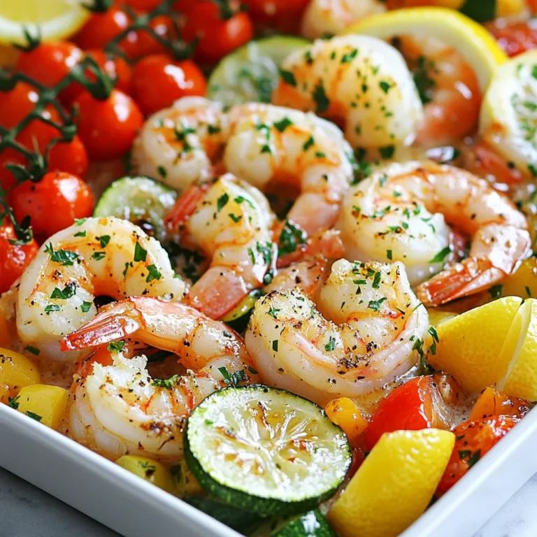 - 1 lb large shrimp, peeled and deveined - 4 tablespoons unsalted butter, melted - 4 cloves garlic, minced - 2 tablespoons lemon juice - 1 teaspoon paprika - 1 teaspoon dried oregano - 1/2 teaspoon red pepper flakes (adjust to taste) - Salt and pepper, to taste - 1 cup cherry tomatoes, halved - 1 bell pepper, diced (any color) - 1 zucchini, sliced - Fresh parsley, chopped (for garnish) - Lemon wedges (for serving) Gather these ingredients for your Sheet Pan Garlic Butter Shrimp. Fresh shrimp gives the best taste. Use large shrimp for a nice bite. The butter brings a rich flavor, while garlic adds a kick. Lemon juice brightens the dish. Paprika adds warmth and color. Oregano gives a hint of earthiness. Adjust red pepper flakes to fit your spice level. For veggies, cherry tomatoes add sweetness. Diced bell pepper brings crunch and color. Sliced zucchini adds a nice texture. Garnish with fresh parsley for a pop of green. Serve with lemon wedges to squeeze on top. This blend of flavors and colors makes for a hearty meal. Enjoy every bite! {{ingredient_image_1}} 1. First, preheat your oven to 400°F (200°C). This helps the shrimp cook evenly. 2. Line a large baking sheet with parchment paper. This makes for easy cleanup later. 3. In a small bowl, mix the melted butter, minced garlic, lemon juice, paprika, oregano, red pepper flakes, salt, and pepper. Stir until you have a smooth mixture. 1. In a large bowl, combine the shrimp, cherry tomatoes, bell pepper, and zucchini. 2. Pour the garlic butter mixture over the shrimp and vegetables. Toss everything together until each piece is well coated. 1. Spread the shrimp and vegetable mix evenly across the baking sheet. Make sure they are in a single layer for even cooking. 2. Bake in the preheated oven for 10-12 minutes. Shrimp should turn pink and opaque, while the veggies become tender. 3. Halfway through baking, toss the mixture gently. This ensures even roasting. 4. Once done, remove the pan from the oven. Garnish with chopped parsley and serve with lemon wedges. Enjoy your meal! How do you tell when shrimp are done? Look for shrimp that turn pink and opaque. This usually takes about 10-12 minutes in the oven. If they curl up tightly, they’re likely overcooked. What are the recommended cooking times for different sizes? For large shrimp, stick to 10-12 minutes. Medium shrimp may take about 8-10 minutes, while smaller shrimp need just 5-7 minutes. Always watch closely to avoid overcooking. What are good substitutions for garlic, butter, and seasonings? You can swap garlic for shallots if you prefer a milder taste. Use olive oil instead of butter for a lighter option. For seasonings, try lemon zest for brightness or switch paprika with smoked paprika for a deeper taste. Fresh herbs like basil or thyme can also jazz up the dish. What are ideal side dishes for this meal? This dish pairs well with fluffy rice or a light green salad. You can also serve it with crusty bread to soak up the tasty garlic butter. Roasted potatoes or a quinoa salad are great choices too. Finish with lemon wedges for a fresh touch. Pro Tips Fresh Shrimp: Always use the freshest shrimp you can find for the best flavor and texture. Look for shrimp that are firm and have a mild scent of the sea. Adjust Spice Levels: Feel free to modify the amount of red pepper flakes to suit your taste. If you prefer a milder dish, you can reduce or omit them entirely. Even Roasting: To ensure even cooking, make sure the shrimp and vegetables are spread out in a single layer on the baking sheet. Avoid overcrowding to allow them to roast properly. Perfect Pairing: Serve this dish with a side of crusty bread or over a bed of rice or quinoa to soak up the delicious garlic butter sauce. {{image_2}} If you want to switch things up, try using chicken or tofu instead of shrimp. Both options work well with the garlic butter sauce. Chicken thighs are juicy and can be cooked the same way as shrimp. Tofu adds a nice texture and absorbs flavors well. Just make sure to cut them into small pieces for even cooking. You can easily change the flavors by adding different spices or herbs. Think about adding cumin for warmth or basil for a fresh touch. You might also try a splash of soy sauce or a hint of ginger to give it an Asian twist. Experiment with your favorite flavors to make this dish your own! If you want to try something different, you can grill or cook the shrimp on the stovetop. Grilling gives a nice smoky flavor and can be done quickly. For stovetop cooking, heat a skillet with the garlic butter and add the shrimp. Cook until they turn pink, about 3-5 minutes. Both methods offer a tasty twist on this classic recipe! To store leftover Sheet Pan Garlic Butter Shrimp, let it cool first. Place it in an airtight container. You can keep it in the fridge for up to three days. Make sure to label the container with the date. This helps you track how long it has been stored. For freezing, use a freezer-safe container or bag. Make sure to squeeze out as much air as possible before sealing. You can freeze the shrimp mixture for up to three months. When ready to eat, thaw it in the fridge overnight. Reheat in the oven at 350°F (175°C) for about 10-15 minutes, until hot. Sheet Pan Garlic Butter Shrimp lasts about three days in the fridge. If you freeze it, it stays fresh for about three months. Always check for any off smells or colors before use. Keeping track of storage times helps ensure safe eating. Can I use frozen shrimp for this recipe? Yes, you can use frozen shrimp. Just thaw them first. Run cold water over the shrimp until they are soft. This will help them cook evenly and taste great. What can I serve with Sheet Pan Garlic Butter Shrimp? You can serve this dish with rice, pasta, or a fresh salad. Garlic bread also works well. These sides soak up the tasty garlic butter sauce. How do I prevent shrimp from becoming rubbery? To avoid rubbery shrimp, do not overcook them. Cook just until they turn pink and opaque. Keep an eye on the timer; about 10-12 minutes is usually enough. Can I make this recipe in advance? You can prepare the shrimp and veggies ahead of time. Just keep them in the fridge until you are ready to bake. This saves time on busy nights. What can I use instead of butter for a dairy-free option? You can use olive oil or coconut oil instead of butter. Both options add great flavor. They also keep the dish dairy-free and tasty. How do I adjust the spice level of this dish? To change the spice level, add more or less red pepper flakes. You can also use fresh chili for more heat. If you want it milder, leave out the red pepper flakes altogether. This blog post covered a simple, tasty recipe for Sheet Pan Garlic Butter Shrimp. You learned about the key ingredients, like shrimp, butter, and veggies. I shared step-by-step instructions to help you create this dish perfectly. Remember to check the shrimp's doneness and consider flavor swaps for a twist. With these tips, you can enjoy a quick and delicious meal. Happy cooking!