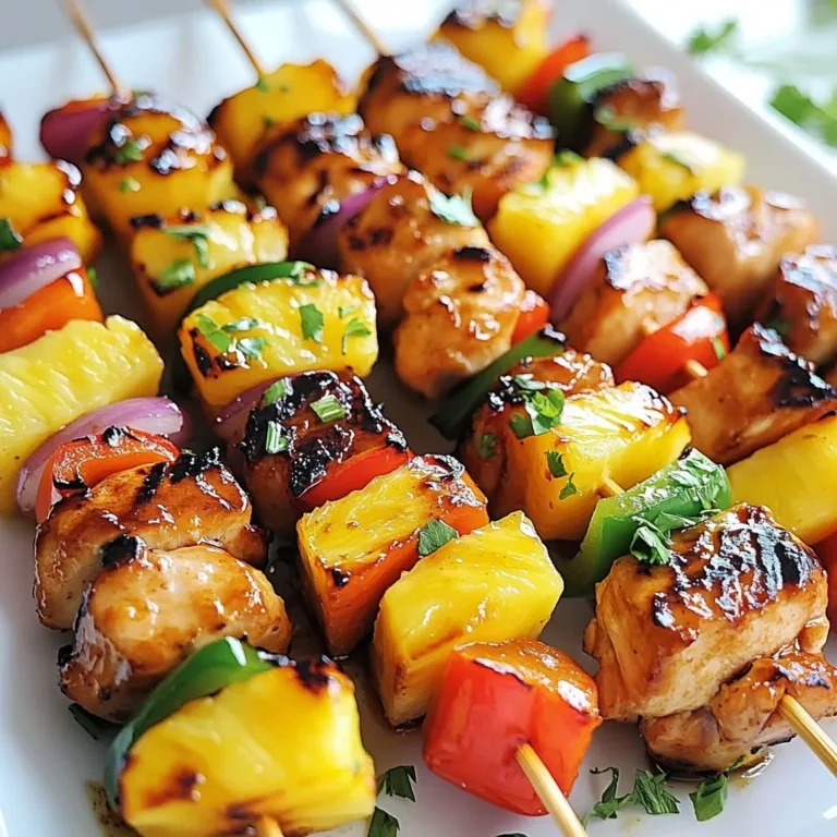 - 1 lb chicken breast, cut into 1-inch cubes - 1 cup fresh pineapple, cut into 1-inch cubes - 1 bell pepper (red or yellow), cut into 1-inch pieces - 1/2 red onion, cut into wedges The main ingredients for these skewers are simple yet flavorful. Chicken breast is lean and juicy, making it perfect for grilling. Fresh pineapple adds sweetness and tanginess, which pairs well with the savory chicken. Bell pepper, whether red or yellow, brings in a pop of color and crunch. Red onion provides a lovely bite that complements the other ingredients. - 1/4 cup soy sauce - 1/4 cup honey - 2 tablespoons rice vinegar - 1 tablespoon freshly grated ginger - 2 cloves garlic, minced - 1 tablespoon sesame oil The marinade is where the magic happens. Soy sauce gives a rich umami flavor. Honey balances it with sweetness. Rice vinegar adds a hint of tang, while ginger and garlic bring warmth and depth. Sesame oil adds a nutty finish that rounds out the flavors beautifully. This marinade is key to making the chicken tender and packed with flavor. - Salt and pepper to taste - Skewers (wooden or metal) Don’t forget salt and pepper! They enhance all the flavors in your dish. Choose skewers that suit your grilling method. Wooden skewers need to soak in water to prevent burning. Metal skewers are reusable and save you prep time. Both options work great for this recipe. {{ingredient_image_1}} First, let's make the teriyaki marinade. In a medium bowl, combine the following: - 1/4 cup soy sauce - 1/4 cup honey - 2 tablespoons rice vinegar - 1 tablespoon freshly grated ginger - 2 cloves garlic, minced - 1 tablespoon sesame oil Whisk these ingredients together until they blend well. Next, add 1 pound of chicken breast, cut into 1-inch cubes. Make sure each piece is coated with the marinade. Cover the bowl and let it chill in the fridge for at least 30 minutes. For a bolder flavor, you can marinate it for up to 2 hours. While your chicken marinates, it's time to prepare the skewers. If you are using wooden skewers, soak them in water for 30 minutes. This helps prevent burning on the grill. After soaking, take the chicken out of the marinade. Now, it’s time to assemble the skewers. Start threading the chicken onto the skewers, alternating with pieces of fresh pineapple, bell pepper, and red onion. This not only adds flavor but also makes the skewers colorful and fun. Now, let’s get grilling! Preheat your grill to medium-high heat. Once hot, place the skewers on the grill. Cook them for about 10-12 minutes. Turn the skewers occasionally. You want to check that the chicken reaches an internal temperature of 165°F (75°C). For extra flavor, you can brush some leftover marinade on the skewers during the last few minutes of cooking. After grilling, let the skewers rest for a few minutes before you serve them. - For the best flavor, marinate the chicken for at least 30 minutes. If you have time, let it sit for up to 2 hours. This allows the teriyaki marinade to soak in well. - To boost the flavor, add some crushed red pepper or a splash of lime juice to the marinade. This adds a nice kick and freshness. - Preheat your grill to medium-high heat. This helps the chicken cook evenly and get nice grill marks. - To ensure even cooking, turn the skewers every few minutes. This way, all sides get that delicious char. Use a meat thermometer to check. The chicken should reach 165°F (75°C). - Serve these skewers with jasmine rice or a fresh green salad. Both pair well with the sweet and savory flavors. - For a lovely touch, garnish with chopped green onions or sesame seeds. This adds some crunch and a nice visual appeal to your dish. Pro Tips Marinate Longer for Extra Flavor: If time permits, let the chicken marinate for up to 2 hours to enhance the flavors of the teriyaki sauce. Use Fresh Ingredients: Opt for fresh, ripe pineapple and colorful bell peppers for the best taste and presentation. Veggie Variations: Feel free to add other vegetables like zucchini, mushrooms, or cherry tomatoes to your skewers for added texture and flavor. Check Grill Temperature: Ensure your grill is preheated to medium-high heat for the perfect sear and to prevent the skewers from sticking. {{image_2}} You can change the protein in your skewers. Shrimp works well and cooks fast. Just grill shrimp for about 5-7 minutes. Tofu is another great choice. Use firm tofu, and grill it for about 8-10 minutes. Make sure to press the tofu first to remove extra water. This helps it absorb the marinade better. Don't be afraid to mix up the veggies! Try adding zucchini, cherry tomatoes, or mushrooms. Each adds its own flavor and texture. You can also play with spices. A pinch of cayenne adds heat. If you like sweet, try adding some brown sugar to the marinade. You can even swap the soy sauce for tamari for a gluten-free option. If you don't have a grill, you can bake the skewers. Preheat your oven to 400°F. Place the skewers on a baking sheet lined with foil. Bake for about 15-20 minutes, flipping halfway. Another option is using an air fryer. Set it to 380°F and cook for about 10-12 minutes. This gives you a nice crisp without using much oil. To keep your skewers fresh, use an airtight container. Place the skewers in the container without stacking them too tightly. This helps keep their shape and flavor. Your leftovers will stay good in the fridge for 3 to 4 days. Always let them cool to room temperature before sealing them up. To freeze the skewers, wrap them in plastic wrap first. Then, place them in a freezer bag or container. This prevents freezer burn. They can last up to 2 months in the freezer. When you're ready to eat them, take them out and thaw in the fridge overnight. For best results, don't thaw them at room temperature. Reheat the skewers in the oven or on the grill. If using the oven, set it to 350°F (175°C) and heat for about 10 minutes. This keeps them juicy. If you prefer the grill, do it over low heat for around 5 minutes. Avoid using the microwave, as this can dry them out. Adding a little water can help keep them moist. Check the internal temperature of the chicken. It should reach 165°F (75°C). Use a food thermometer for accuracy. If you do not have one, cut a piece of chicken in the middle. The meat should no longer be pink. The juices should run clear. These checks help ensure safe eating. Yes, you can prep these skewers in advance. Marinate the chicken up to two hours before cooking. You can also assemble the skewers and store them in the fridge. Cover them tightly with plastic wrap. This makes meal prep easy. Just grill them when you're ready to eat. Yes, you can grill these skewers indoors. Use a grill pan on your stovetop. Preheat the pan over medium-high heat. Add a little oil to prevent sticking. Cook the skewers for about 10-12 minutes, turning often. This method gives you a nice char without needing an outdoor grill. This blog post showed how to make delicious pineapple teriyaki skewers. We covered main ingredients like chicken, pineapple, and vegetables. The right marinade adds great flavor. I shared tips on marinating, grilling, and serving. You can try different proteins and cooking methods too. In the end, this dish is fun and tasty. Enjoy it with friends and family! Happy grilling!