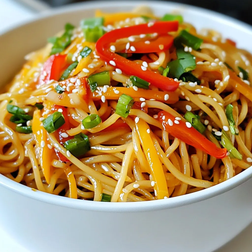 - 8 oz. egg noodles - 4 tablespoons vegetable oil - 6 cloves garlic, minced - 1-2 red chilies, thinly sliced - 3 tablespoons soy sauce - 1 tablespoon chili paste or sauce - 1 tablespoon sesame oil - 1 teaspoon sugar - 1/4 cup green onions, sliced - 1 cup mixed bell peppers, thinly sliced - Sesame seeds for garnish The base of spicy garlic noodles is egg noodles. They bring a soft, chewy texture. You can find these in most grocery stores. Vegetable oil helps to sauté the garlic, adding a nice flavor. Garlic is key in this dish. It gives a rich aroma and taste. I use six cloves, but you can adjust this to your liking. Red chilies add heat. You can slice one or two, based on how spicy you want it. Then we have soy sauce and chili paste. These add depth of flavor and a bit more heat. Sesame oil brings a nutty taste that rounds out the dish. A teaspoon of sugar balances out the salty and spicy notes. Green onions and bell peppers add color and crunch. They make the dish fresh and vibrant. Lastly, sesame seeds are a great garnish. They add a delicate crunch and look lovely on the plate. - Extra vegetables for texture - Different types of noodles - Additional garnishes You can add extra vegetables for more texture. Broccoli or carrots work great. If you want to try different noodles, go ahead! Rice noodles or udon can also be delicious. For garnishes, you can get creative. Sliced cucumbers or fresh herbs can add a nice touch. Just remember, the goal is to keep it simple and tasty! {{ingredient_image_1}} To start, fill a large pot with salted water. Bring the water to a boil. Once boiling, add 8 oz. of egg noodles. Cook them according to the package instructions, usually about 4-6 minutes. You want them to be al dente, which means they should be firm but not hard. After the noodles are done, carefully drain them in a colander. Set them aside, but don’t rinse them. Rinsing removes the starch that helps sauces stick later. Next, grab a large skillet or wok. Heat 4 tablespoons of vegetable oil over medium heat. Once the oil is hot, add 6 cloves of minced garlic and 1-2 thinly sliced red chilies. You can adjust the number of chilies to match your heat preference. Sauté these for 1-2 minutes. Watch closely to avoid burning the garlic, as it can turn bitter quickly. Now, it’s time to add some color! Toss in 1 cup of thinly sliced mixed bell peppers. Stir-fry these for about 3-4 minutes. The goal is to make them slightly tender while keeping them bright and crunchy. This adds a nice texture and flavor to your dish. Once your veggies are ready, reduce the heat to low. Add the cooked egg noodles back into the skillet. Pour in 3 tablespoons of soy sauce, 1 tablespoon of chili paste, 1 tablespoon of sesame oil, and 1 teaspoon of sugar. Mix everything gently so that the noodles are well coated in the sauce. This step makes your dish flavorful and rich. To finish, stir in 1/4 cup of sliced green onions. Mix well and cook for another minute to heat everything through. Finally, remove from heat and serve the noodles on plates. Sprinkle sesame seeds on top for a nice garnish. They not only look good but add a bit of crunch! Enjoy your spicy garlic noodles hot and fresh. To make your spicy garlic noodles shine, you must balance heat and flavor. Start with one red chili. You can add more if you want it spicier. This helps you control the heat level. For a great sauce, mix soy sauce, chili paste, and sugar. The sugar cuts the heat and adds sweetness. Adjust the sauce ratios to fit your taste. More soy adds saltiness, while extra chili paste boosts spice. Sautéing garlic is key to great flavor. Heat the oil on medium. Add minced garlic and red chilies. Stir for one to two minutes. Stop when you smell the aroma. If the garlic burns, it will taste bitter. For vibrant vegetables, cook bell peppers for just three to four minutes. This keeps their color and crunch. Stir-fry them until they soften but remain bright. For serving, use deep bowls to hold all the flavors. A good dish makes it look nice. Garnish with green onions and sesame seeds for a pop of color. You can also add fresh chili slices on top for extra flair. Pair your noodles with a side of steamed veggies or a simple salad. This adds freshness and makes a complete meal. Pro Tips Adjust the Heat: Experiment with the number of red chilies based on your heat preference. You can also add some chili flakes for extra spice! Vegetable Variations: Feel free to swap in your favorite vegetables like broccoli, snap peas, or carrots for added color and nutrition. Meal Prep Friendly: These noodles store well in the fridge for up to 3 days. Just reheat in a skillet with a dash of water to loosen them up. Garnish Smart: For a refreshing twist, add a squeeze of lime juice or a sprinkle of chopped cilantro or basil just before serving. {{image_2}} You can make spicy garlic noodles even better by adding protein. Chicken, shrimp, or tofu work great. For chicken, cut it into small pieces and cook it first. Sauté the chicken until it turns golden. Then, add garlic and chilies. If you love shrimp, toss them in right after the garlic gets fragrant. Tofu is a perfect choice for a vegan option. Just cube it and sauté until it’s crispy. This adds a hearty touch and makes the dish more filling. If you want a vegetarian or vegan meal, it’s easy to switch things up. Use vegetable broth instead of oil to sauté the garlic. For a vegan option, swap egg noodles for rice noodles or another plant-based noodle. You can also add more veggies like carrots or broccoli. They will add color and nutrients. Just remember, adjust the sauce to keep the flavor strong and delicious. You can give spicy garlic noodles a global flair. Try adding Thai basil for a fresh kick. Or mix in some kimchi for a Korean twist. If you like Italian flavors, add sun-dried tomatoes and Parmesan cheese. These changes make the dish unique and fun. Each twist opens up a new world of taste. Feel free to experiment and find your favorite combination! To keep your spicy garlic noodles fresh, store them in an airtight container. Place the noodles in the fridge within two hours of cooking. This helps prevent bacteria growth. They will stay good for up to three days. When you're ready to eat, just grab them from the fridge! You can freeze cooked noodles if you want to save some for later. First, let the noodles cool completely. Then, put them in freezer bags. Squeeze out as much air as you can before sealing. This way, the noodles won’t get freezer burn. They can last in the freezer for up to three months. To reheat your noodles, you have a few good options. The microwave is quick, but may dry them out. If you use the microwave, add a bit of water. This helps keep them moist. You can also reheat them in a skillet. Just add a splash of oil and toss until warm. This method keeps the flavors bright and tasty. Adding a few fresh veggies can also boost the taste! For spicy garlic noodles, I recommend using egg noodles. They are soft and chewy, which makes them great at soaking up the sauce. You can also use rice noodles or wheat noodles. Both options work well and add unique flavors. Yes, you can make spicy garlic noodles ahead of time. To do this, cook the noodles and sauce separately. Store them in airtight containers. When ready to eat, just reheat and combine. This helps keep the noodles fresh and tasty. To change the spice level, add more or fewer red chilies. If you love heat, use more chilies or chili paste. If you prefer mild flavors, reduce the amount. Taste as you go, and you'll find the right balance for you. Spicy garlic noodles pair well with many side dishes. Try serving them with a fresh salad or steamed vegetables. You can also add some spring rolls or dumplings for a fun meal. These sides will complement the noodles and add variety. You can create tasty spicy garlic noodles with simple steps. Start with egg noodles and add vibrant veggies for color and texture. Don’t forget the garlic and chilies; they pack the flavor. Adjust your sauces for the perfect taste. Whether you go for protein, vegetarian, or a twist from another cuisine, the options are endless. Plus, these noodles store well, making leftovers easy for meals. Try different ingredients to make it your own, and enjoy every bite!