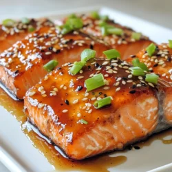 - Salmon fillets: Use 4 fillets, each about 6 oz. Fresh salmon works best. - Marinade components: You'll need: - 1/4 cup soy sauce (low sodium is best) - 2 tablespoons honey or maple syrup - 2 tablespoons rice vinegar - 2 teaspoons sesame oil - 1 tablespoon fresh ginger, grated - 2 cloves garlic, minced - 1 tablespoon cornstarch - 1 tablespoon water - Garnishing options: For a tasty finish, use: - 1 tablespoon sesame seeds - Chopped green onions Each ingredient adds depth to the dish. The salmon gives a rich flavor, while the marinade brings sweet and savory notes. The sesame seeds and green onions add crunch and color. This recipe is simple, yet it creates a big impact. You can serve it with rice or veggies for a complete meal. Enjoy making this dish with fresh, quality ingredients! {{ingredient_image_1}} To make the marinade, you start with a mixing bowl. Add 1/4 cup of soy sauce. I prefer low sodium for a lighter taste. Next, add 2 tablespoons of honey or maple syrup. This gives the dish a sweet touch. Then, pour in 2 tablespoons of rice vinegar for some tanginess. Add 2 teaspoons of sesame oil for a nutty flavor. Grate 1 tablespoon of fresh ginger and mince 2 cloves of garlic. These add depth to the marinade. Finally, whisk all these ingredients together until they blend well. Now it's time to marinate the salmon. Take 4 salmon fillets, about 6 ounces each. Place them in a shallow dish. Pour your marinade over the fillets. Make sure they are well coated. Cover the dish and let it sit in the fridge for at least 30 minutes. This helps the flavors soak into the fish. You can marinate it longer if you want even more flavor. Preheat your oven to 400°F (200°C). Line a baking sheet with parchment paper to make clean-up easy. After marinating, take the salmon out of the dish. Set the fillets aside. Pour the marinade into a small saucepan and bring it to a boil. In another bowl, mix 1 tablespoon of cornstarch with 1 tablespoon of water. Add this mixture to the boiling marinade to thicken it. Cook for 1-2 minutes until it coats the back of a spoon. Now, place the salmon skin-side down on the prepared baking sheet. Brush the thickened marinade generously over the fillets. Bake them for 12-15 minutes. The salmon is done when it flakes easily with a fork. For a nice glaze, switch on the broiler in the last 2 minutes. Watch closely to prevent burning. Once finished, remove the salmon from the oven. Drizzle any remaining marinade over the top for extra flavor. Finally, add sesame seeds and chopped green onions as garnishes before serving. To get that perfect glaze, start by thickening your marinade. After boiling it, mix cornstarch and water until smooth. Add this to the boiling marinade. This step gives your glaze a nice shine and thick texture. Brush the thickened glaze onto the salmon before baking. For an extra touch, turn on the broiler for the last 2 minutes. It caramelizes the glaze and enhances flavor. Bake your salmon at 400°F (200°C). This temperature works well for even cooking. It helps the salmon cook through while keeping it moist. Use a food thermometer to check the internal temperature. Aim for 145°F (63°C) for perfectly cooked salmon. If you don’t have a thermometer, look for the fish to flake easily with a fork. When selecting salmon fillets, look for fresh options. Wild-caught salmon often has better flavor. If you buy farmed salmon, ensure it is sustainably sourced. Fresh fillets should have a bright color and should not smell fishy. Choose fillets that are about 6 ounces each for even cooking. Skin-on fillets help retain moisture and flavor during baking. Pro Tips Choose Fresh Salmon: Always select the freshest salmon fillets you can find for the best flavor and texture. Fresh fish will have a bright color and a mild scent. Marinate Longer: For deeper flavor, consider marinating the salmon for 1-2 hours instead of just 30 minutes. Just be sure not to exceed 2 hours to prevent the fish from becoming too salty. Watch the Broiler: When using the broiler, keep a close eye on the salmon as it can go from perfectly glazed to burnt very quickly. A minute can make a big difference! Serve with Sides: Pair your teriyaki glazed salmon with steamed rice or sautéed vegetables to create a balanced meal that complements the bold flavors of the dish. {{image_2}} You can change the marinade for Teriyaki glazed salmon. Try using orange juice instead of rice vinegar. It adds a sweet, bright flavor. You can also use tamari for a gluten-free option. Mixing in some chili paste gives a spicy kick. Feel free to mix honey with brown sugar for a richer taste. Each option brings its own fun twist to the dish. Grilling teriyaki salmon gives it a smoky flavor. Start by marinating the salmon as usual. Preheat your grill to medium heat. Place the salmon skin-side down on the grill. Cook for about 6 to 8 minutes per side. Brush it with the thickened marinade while grilling. This adds a tasty glaze. Watch closely to avoid burning. Grilled teriyaki salmon is great for summer cookouts. You can serve teriyaki salmon with many veggies or grains. Try roasted broccoli, snap peas, or bell peppers. They add color and nutrition to your meal. You can also serve it over rice or quinoa for a hearty dish. For a lighter option, use cauliflower rice. Each veggie or grain complements the salmon's rich flavor. Mix and match to find your favorite combo! Store leftover teriyaki glazed salmon in an airtight container. This keeps the fish fresh. Place it in the fridge. Use it within two days for best taste. If you want to keep it longer, freezing is a good choice. To reheat salmon, use the oven. Preheat it to 275°F (135°C). Place the salmon on a baking sheet. Cover it with foil to keep moisture in. Heat for about 15 minutes. This way, the salmon stays juicy. You can also use a microwave. Just heat for short bursts, checking often to avoid overcooking. Freezing is easy. Wrap individual salmon fillets tightly in plastic wrap. Then, place them in a freezer bag. Remove as much air as possible. Label the bag with the date. Salmon can stay in the freezer for up to three months. When ready to eat, thaw it overnight in the fridge. Salmon is fully cooked when it turns from bright pink to a lighter shade. The fish should flake easily with a fork. You can also check the internal temperature. It should reach 145°F (63°C) for safe eating. I recommend using a meat thermometer for the best results. This way, you won’t guess if it’s done. Yes, you can use other fish like trout or tilapia. These fish can absorb the teriyaki flavor well. Just make sure to adjust the cooking time. Thinner fillets will cook faster. Keep an eye on them to avoid overcooking. This way, you can enjoy a range of flavors with your teriyaki glaze. Teriyaki glazed salmon pairs well with rice, steamed veggies, or a fresh salad. You can serve it with white or brown rice for a filling meal. Stir-fried broccoli or snap peas add color and crunch. A light cucumber salad can balance the rich flavors, too. These sides will make your meal tasty and well-rounded. You learned how to make Teriyaki Glazed Salmon with simple steps and great tips. We covered key ingredients, marinating techniques, and cooking methods to get the best flavor. Remember to try different marinades and cooking styles for variety. Store leftovers properly for later use, and always check cooking doneness. With this knowledge, you can enjoy a tasty salmon dish anytime. Go ahead and make it your own!