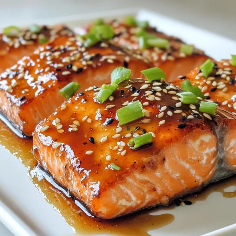 - Salmon fillets: Use 4 fillets, each about 6 oz. Fresh salmon works best. - Marinade components: You'll need: - 1/4 cup soy sauce (low sodium is best) - 2 tablespoons honey or maple syrup - 2 tablespoons rice vinegar - 2 teaspoons sesame oil - 1 tablespoon fresh ginger, grated - 2 cloves garlic, minced - 1 tablespoon cornstarch - 1 tablespoon water - Garnishing options: For a tasty finish, use: - 1 tablespoon sesame seeds - Chopped green onions Each ingredient adds depth to the dish. The salmon gives a rich flavor, while the marinade brings sweet and savory notes. The sesame seeds and green onions add crunch and color. This recipe is simple, yet it creates a big impact. You can serve it with rice or veggies for a complete meal. Enjoy making this dish with fresh, quality ingredients! {{ingredient_image_1}} To make the marinade, you start with a mixing bowl. Add 1/4 cup of soy sauce. I prefer low sodium for a lighter taste. Next, add 2 tablespoons of honey or maple syrup. This gives the dish a sweet touch. Then, pour in 2 tablespoons of rice vinegar for some tanginess. Add 2 teaspoons of sesame oil for a nutty flavor. Grate 1 tablespoon of fresh ginger and mince 2 cloves of garlic. These add depth to the marinade. Finally, whisk all these ingredients together until they blend well. Now it's time to marinate the salmon. Take 4 salmon fillets, about 6 ounces each. Place them in a shallow dish. Pour your marinade over the fillets. Make sure they are well coated. Cover the dish and let it sit in the fridge for at least 30 minutes. This helps the flavors soak into the fish. You can marinate it longer if you want even more flavor. Preheat your oven to 400°F (200°C). Line a baking sheet with parchment paper to make clean-up easy. After marinating, take the salmon out of the dish. Set the fillets aside. Pour the marinade into a small saucepan and bring it to a boil. In another bowl, mix 1 tablespoon of cornstarch with 1 tablespoon of water. Add this mixture to the boiling marinade to thicken it. Cook for 1-2 minutes until it coats the back of a spoon. Now, place the salmon skin-side down on the prepared baking sheet. Brush the thickened marinade generously over the fillets. Bake them for 12-15 minutes. The salmon is done when it flakes easily with a fork. For a nice glaze, switch on the broiler in the last 2 minutes. Watch closely to prevent burning. Once finished, remove the salmon from the oven. Drizzle any remaining marinade over the top for extra flavor. Finally, add sesame seeds and chopped green onions as garnishes before serving. To get that perfect glaze, start by thickening your marinade. After boiling it, mix cornstarch and water until smooth. Add this to the boiling marinade. This step gives your glaze a nice shine and thick texture. Brush the thickened glaze onto the salmon before baking. For an extra touch, turn on the broiler for the last 2 minutes. It caramelizes the glaze and enhances flavor. Bake your salmon at 400°F (200°C). This temperature works well for even cooking. It helps the salmon cook through while keeping it moist. Use a food thermometer to check the internal temperature. Aim for 145°F (63°C) for perfectly cooked salmon. If you don’t have a thermometer, look for the fish to flake easily with a fork. When selecting salmon fillets, look for fresh options. Wild-caught salmon often has better flavor. If you buy farmed salmon, ensure it is sustainably sourced. Fresh fillets should have a bright color and should not smell fishy. Choose fillets that are about 6 ounces each for even cooking. Skin-on fillets help retain moisture and flavor during baking. Pro Tips Choose Fresh Salmon: Always select the freshest salmon fillets you can find for the best flavor and texture. Fresh fish will have a bright color and a mild scent. Marinate Longer: For deeper flavor, consider marinating the salmon for 1-2 hours instead of just 30 minutes. Just be sure not to exceed 2 hours to prevent the fish from becoming too salty. Watch the Broiler: When using the broiler, keep a close eye on the salmon as it can go from perfectly glazed to burnt very quickly. A minute can make a big difference! Serve with Sides: Pair your teriyaki glazed salmon with steamed rice or sautéed vegetables to create a balanced meal that complements the bold flavors of the dish. {{image_2}} You can change the marinade for Teriyaki glazed salmon. Try using orange juice instead of rice vinegar. It adds a sweet, bright flavor. You can also use tamari for a gluten-free option. Mixing in some chili paste gives a spicy kick. Feel free to mix honey with brown sugar for a richer taste. Each option brings its own fun twist to the dish. Grilling teriyaki salmon gives it a smoky flavor. Start by marinating the salmon as usual. Preheat your grill to medium heat. Place the salmon skin-side down on the grill. Cook for about 6 to 8 minutes per side. Brush it with the thickened marinade while grilling. This adds a tasty glaze. Watch closely to avoid burning. Grilled teriyaki salmon is great for summer cookouts. You can serve teriyaki salmon with many veggies or grains. Try roasted broccoli, snap peas, or bell peppers. They add color and nutrition to your meal. You can also serve it over rice or quinoa for a hearty dish. For a lighter option, use cauliflower rice. Each veggie or grain complements the salmon's rich flavor. Mix and match to find your favorite combo! Store leftover teriyaki glazed salmon in an airtight container. This keeps the fish fresh. Place it in the fridge. Use it within two days for best taste. If you want to keep it longer, freezing is a good choice. To reheat salmon, use the oven. Preheat it to 275°F (135°C). Place the salmon on a baking sheet. Cover it with foil to keep moisture in. Heat for about 15 minutes. This way, the salmon stays juicy. You can also use a microwave. Just heat for short bursts, checking often to avoid overcooking. Freezing is easy. Wrap individual salmon fillets tightly in plastic wrap. Then, place them in a freezer bag. Remove as much air as possible. Label the bag with the date. Salmon can stay in the freezer for up to three months. When ready to eat, thaw it overnight in the fridge. Salmon is fully cooked when it turns from bright pink to a lighter shade. The fish should flake easily with a fork. You can also check the internal temperature. It should reach 145°F (63°C) for safe eating. I recommend using a meat thermometer for the best results. This way, you won’t guess if it’s done. Yes, you can use other fish like trout or tilapia. These fish can absorb the teriyaki flavor well. Just make sure to adjust the cooking time. Thinner fillets will cook faster. Keep an eye on them to avoid overcooking. This way, you can enjoy a range of flavors with your teriyaki glaze. Teriyaki glazed salmon pairs well with rice, steamed veggies, or a fresh salad. You can serve it with white or brown rice for a filling meal. Stir-fried broccoli or snap peas add color and crunch. A light cucumber salad can balance the rich flavors, too. These sides will make your meal tasty and well-rounded. You learned how to make Teriyaki Glazed Salmon with simple steps and great tips. We covered key ingredients, marinating techniques, and cooking methods to get the best flavor. Remember to try different marinades and cooking styles for variety. Store leftovers properly for later use, and always check cooking doneness. With this knowledge, you can enjoy a tasty salmon dish anytime. Go ahead and make it your own!