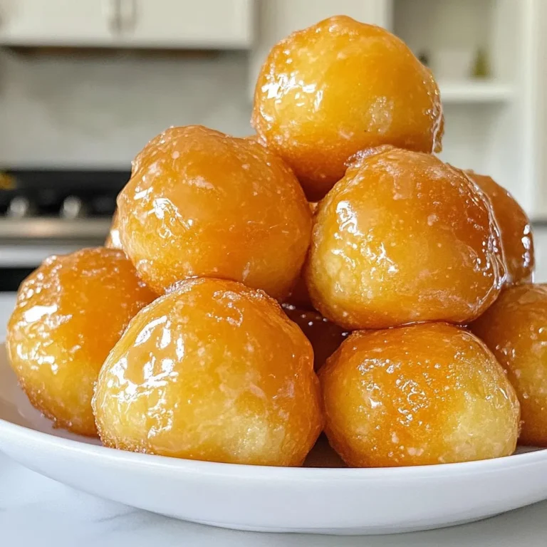 To make maple glazed donut holes, you need simple and fresh ingredients. Here’s what you will need: - 1 cup all-purpose flour - 1/4 cup granulated sugar - 1 tablespoon baking powder - 1/4 teaspoon salt - 1/2 teaspoon ground cinnamon - 1/4 teaspoon nutmeg - 1/4 cup milk - 1 large egg - 2 tablespoons unsalted butter, melted - 1 teaspoon vanilla extract - Oil for frying These ingredients create a soft and fluffy base for your donut holes. The spices like cinnamon and nutmeg add warm flavors that make these treats special. The glaze is what makes these donut holes shine. You will need: - 1/2 cup powdered sugar - 2 tablespoons pure maple syrup - 1 tablespoon milk (adjust for consistency) This glaze is sweet and rich, giving your donut holes a lovely finish. The maple syrup brings a natural sweetness that pairs well with the spices in the donut holes. You can easily swap some ingredients to suit your taste or needs: - Flour: Use whole wheat flour for a healthier option. - Milk: Substitute with almond milk or soy milk for dairy-free needs. - Egg: Use a flax egg (1 tablespoon ground flaxseed + 2.5 tablespoons water) as a vegan option. - Maple Syrup: Honey or agave syrup can replace maple syrup for a different flavor. These substitutions can help you customize your donut holes while keeping them delicious. Don't be afraid to experiment! {{ingredient_image_1}} To start, gather your ingredients. You will need flour, sugar, baking powder, salt, cinnamon, nutmeg, milk, egg, butter, and vanilla. In a large bowl, mix the flour, sugar, baking powder, salt, cinnamon, and nutmeg. Whisk these dry ingredients until they blend well. In another bowl, combine milk, egg, melted butter, and vanilla. Whisk this mixture until it is smooth. Pour the wet mix into the dry mix. Gently stir until just combined. The batter will be a bit lumpy, which is perfect. Next, heat oil in a deep pot or fryer. Aim for about 350°F (175°C). Make sure there is enough oil to cover the donut holes fully. Use a small ice cream scoop or spoon to drop round tablespoons of batter into the hot oil. Fry only 3-4 donut holes at a time. This keeps them from crowding. Cook each side for 2-3 minutes until they are golden brown. Once cooked, use a slotted spoon to take them out. Place them on a paper towel-lined plate to drain any extra oil. For the maple glaze, you will need powdered sugar, pure maple syrup, and milk. In a small bowl, whisk together the powdered sugar, maple syrup, and milk. Keep whisking until it is smooth. If your glaze is too thick, add more milk a teaspoon at a time to reach the right consistency. After your donut holes cool a bit, dip them into the glaze. Let any excess glaze drip off. Finally, set the glazed donut holes on a wire rack for a few minutes before enjoying them. Frying donut holes can be tricky. Here are some tips to help you: - Use a thermometer to check your oil temperature. Aim for about 350°F. - Don’t crowd the pot. Fry only 3-4 donut holes at a time. - Use a slotted spoon to turn the holes. This helps them fry evenly. - Let them drain on paper towels after frying. This removes extra oil. - Watch closely. Donut holes cook fast, usually about 2-3 minutes each side. The glaze makes these donut holes special. To get the right consistency: - Start with powdered sugar. It's essential for a smooth glaze. - Mix in pure maple syrup. This gives the glaze that sweet flavor. - Adjust with milk. Add more milk a teaspoon at a time if it's too thick. - Whisk until smooth. Ensure no lumps are left in the glaze. - Dip the warm donut holes into the glaze for the best coating. Even the best cooks make mistakes. Here are common ones to watch out for: - Overmixing the batter. This can make donut holes tough. - Not heating the oil enough. Cold oil leads to greasy donut holes. - Using too much flour. This can make the donut holes dry. - Skipping the cooling step. Let them cool slightly before glazing. - Not tasting the glaze. Adjust it to suit your sweet tooth. Pro Tips Use Fresh Ingredients: For the best flavor, make sure your baking powder is fresh. Old baking powder can affect the rise and texture of your donut holes. Monitor Oil Temperature: Keeping the oil at a consistent temperature is crucial. Use a thermometer to ensure it stays around 350°F (175°C) for even cooking. Don't Overmix the Batter: Mix the wet and dry ingredients just until combined. Overmixing can lead to dense donut holes instead of light and fluffy ones. Experiment with Flavors: Try adding different spices or extracts to the batter for a unique twist. Cardamom or lemon zest can enhance the flavor profile beautifully. {{image_2}} You can make your maple glazed donut holes even more fun. Try adding chocolate chips for a sweet surprise. You can also mix in spices like ginger or cardamom for a warm twist. A hint of orange zest adds a bright flavor too. If you love nuts, chop up some pecans or walnuts and add them to the batter. Each of these flavors gives a new touch to the classic donut. If you want a lighter treat, consider baking instead of frying. Baking gives you the same great flavor with less oil. You can use a mini muffin tin to bake your donut holes. Just fill each cup halfway and bake them at 350°F for about 10-12 minutes. This method keeps the taste but cuts down on fat. You still get that yummy glaze to finish each one. To make gluten-free donut holes, swap the all-purpose flour for a gluten-free blend. Many brands offer great options that work well in baking. For a vegan version, replace the egg with a flax egg. Just mix one tablespoon of ground flaxseed with three tablespoons of water and let it sit for a few minutes. Use plant-based milk and vegan butter for the glaze too. With these swaps, you can enjoy delicious donut holes that fit your diet. After making your maple glazed donut holes, let them cool. Place them in an airtight container. You can keep them at room temperature for up to two days. If you want to store them longer, put them in the fridge. This helps keep them fresh for about a week. To enjoy your donut holes warm again, simply pop them in the microwave. Heat them for about 10 seconds at a time. Check after each interval to avoid overheating. You can also reheat in an oven. Preheat it to 350°F (175°C) and warm for about five minutes. This helps keep them crispy. Maple glazed donut holes last for about a week in the fridge. To freeze them, place cooled donut holes in a single layer on a baking sheet. Freeze for about an hour, then transfer to a freezer bag. They can last up to three months in the freezer. When you want one, thaw in the fridge overnight and reheat as needed. You can prepare the donut holes ahead by making the batter. Store it in the fridge for up to one day. When you're ready, simply fry them fresh. This keeps them light and fluffy. You can also fry them and cool them completely. Then, wrap them in plastic and keep them in the fridge for two days. Just reheat them in an oven before glazing. Yes, you can use other sweeteners in the glaze. Try using agave nectar or honey instead of maple syrup. You can also mix powdered erythritol or stevia with a bit of milk. Adjust the sweetness to your taste. Remember, the flavor will change with different sweeteners. Experiment to find your favorite blend. You can find maple glazed donut holes at many bakeries or donut shops. Look for local shops that specialize in fresh donuts. Some grocery stores also carry them in their bakery section. If you prefer online shopping, check local delivery services. They can bring fresh treats right to your door. You learned about making tasty maple glazed donut holes today. From the main ingredients to variations and storage tips, you now have the tools to create these treats. Remember to experiment with flavors and consider healthier options. Storing them properly will keep them fresh longer. With the right techniques, your donut holes will impress everyone. Enjoy your cooking and happy frying!