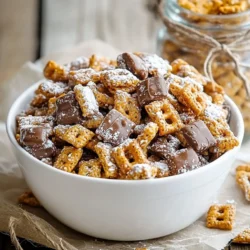 To make Caramel Pretzel Puppy Chow, gather these items: - 4 cups rice Chex cereal - 2 cups mini pretzels - 1 cup semi-sweet chocolate chips - 1/2 cup creamy peanut butter - 1/4 cup unsalted butter - 1 cup caramel sauce (store-bought or homemade) - 1 cup powdered sugar - 1/2 teaspoon sea salt - 1/2 teaspoon vanilla extract Using fresh ingredients makes a big difference. Choose high-quality chocolate chips. They add rich flavor. Use creamy peanut butter for a smoother mix. Look for unsalted butter to control the salt level. When it comes to caramel, homemade is best, but store-bought works too. Just check for a good taste and texture. You can swap some ingredients for different flavors. If you want a nut-free option, use sunbutter or soy nut butter instead of peanut butter. For gluten-free needs, make sure to use certified gluten-free rice Chex cereal and gluten-free pretzels. If you like dark chocolate, you can use dark chocolate chips instead of semi-sweet. This adds a richer taste! {{ingredient_image_1}} To make Caramel Pretzel Puppy Chow, gather all your ingredients first. This will make cooking smooth. You will need rice Chex cereal, pretzels, chocolate chips, peanut butter, butter, caramel sauce, powdered sugar, sea salt, and vanilla extract. 1. Mix Cereal and Pretzels: In a large bowl, combine 4 cups of rice Chex cereal and 2 cups of mini pretzels. Set this aside for later. 2. Melt Mixture: Take a microwave-safe bowl. Add 1 cup of semi-sweet chocolate chips, 1/2 cup of creamy peanut butter, and 1/4 cup of unsalted butter. Microwave in 30-second bursts. Stir between each burst until smooth. 3. Add Caramel and Vanilla: Once your mixture is smooth, stir in 1 cup of caramel sauce and 1/2 teaspoon of vanilla extract. Mix well until everything is blended. 4. Coat the Cereal Mix: Pour the melted mixture over the cereal and pretzels. Gently fold to coat all the pieces evenly. 5. Sprinkle Salt: Add 1/2 teaspoon of sea salt to the mixture. Fold it again to ensure the salt is evenly spread. 6. Spread on Baking Sheet: Transfer the coated mix to a large baking sheet lined with parchment paper. Spread it into an even layer. 7. Cool the Mixture: Let it cool for 10-15 minutes. This helps the chocolate set. 8. Add Powdered Sugar: Once cooled, place the mix in a large bowl. Sprinkle 1 cup of powdered sugar over it. Toss gently until coated. 9. Store: Place your Caramel Pretzel Puppy Chow in an airtight container. It stays fresh for up to one week at room temperature. - Mix quickly after melting to keep the chocolate warm. - Use a gentle folding motion to avoid breaking the pretzels. - Adjust the amount of powdered sugar to your taste. More makes it sweeter! - Keep an eye on the time when cooling. You want the chocolate to set but not harden too much. By following these steps, you will have a tasty, crunchy snack that everyone will love! To make the best Caramel Pretzel Puppy Chow, start with fresh ingredients. Use rice Chex cereal for the best crunch. When melting chocolate, do it slowly in the microwave. Stir often to keep it smooth. Mix in creamy peanut butter and unsalted butter for rich flavor. After mixing, add caramel sauce for a sweet touch. Sea salt adds depth to the taste. Make sure to coat all pieces evenly for a great snack. One common mistake is not stirring enough when melting chocolate. This can cause burning or lumps. Another mistake is using too much caramel sauce, which can make the mix too sticky. Be careful with the powdered sugar, too. If you add it too soon, it won't stick well to the mix. Always let the mixture cool before tossing with sugar. This helps keep the sugar coating light and fluffy. For serving, use rustic paper bags or clear glass jars. Tying them with twine adds a fun touch. You can also sprinkle crushed pretzels on top for added crunch. This makes it look appealing and tasty. If you want to share, package small amounts for friends or family. This treat is perfect for parties or movie nights. The fun shapes and colors make it eye-catching and fun to eat. Pro Tips Use Fresh Ingredients: Always opt for the freshest ingredients available, especially the pretzels and chocolate, to enhance the overall flavor of your puppy chow. Adjust Sweetness: If you prefer a less sweet treat, reduce the amount of caramel sauce or powdered sugar, balancing the flavors to your liking. Try Different Toppings: Experiment with different toppings like crushed nuts or sprinkles for added texture and visual appeal to your puppy chow. Perfect Storage: Store your puppy chow in an airtight container to maintain its crunchiness and keep it fresh for longer. {{image_2}} You can easily switch up the flavors in Caramel Pretzel Puppy Chow. Here are some fun ideas: - Peanut Butter: Swap in crunchy peanut butter for a nutty texture. - White Chocolate: Use white chocolate chips for a sweeter, creamier taste. - Toffee Bits: Add toffee bits for a rich, buttery crunch. - Cinnamon: Sprinkle cinnamon for a warm, spicy touch. Each mix adds a new twist to this treat and keeps it exciting. You can make Caramel Pretzel Puppy Chow fit different diets. Here’s how: - Gluten-Free: Use gluten-free rice Chex cereal and gluten-free pretzels. - Nut-Free: Replace peanut butter with sun butter or soy nut butter. These changes help everyone enjoy this snack, no matter their needs. You can also adapt Puppy Chow for holidays or events. Try these ideas: - Halloween: Add candy corn or orange sprinkles for a festive look. - Christmas: Use red and green M&Ms for a seasonal pop of color. - Birthdays: Mix in colorful sprinkles to celebrate. These fun changes keep your Puppy Chow perfect for any occasion. Store your Caramel Pretzel Puppy Chow in an airtight container. This keeps it fresh and crunchy. Avoid plastic bags, as air can get in and make it soft. You can use glass jars or metal tins for a charming look. Keep it in a cool place, away from heat and sunlight. When stored correctly, this puppy chow lasts about one week. After that, it may lose its crunch and flavor. If you notice any changes in smell or texture, it’s best to toss it out. Always check before you dig in! If your puppy chow gets a bit stale, don’t worry! You can refresh it. Spread it on a baking sheet and place it in a warm oven for a few minutes. This helps bring back some of that crunch. Keep a close eye on it, so it doesn't burn. Enjoy your snack fresh again! Yes, you can use other cereals. Try corn Chex, Rice Krispies, or even Cheerios. Each cereal gives a unique crunch. Just keep the same amount as rice Chex. The taste might change a bit, but it will still be tasty. Absolutely! This recipe is great for kids. They can help mix and coat the treats. Just be careful with the microwave. Make sure an adult handles the hot ingredients. Kids will love the sweet and salty mix. If your mixture is too sticky, don’t worry. You can add more powdered sugar. Just sprinkle it over the mixture and stir well. This will help absorb extra moisture. Another option is to let it cool longer before mixing. A cooler mix will be less sticky. This blog post covered all you need for making delicious caramel pretzel puppy chow. We discussed key ingredients and how quality matters. You learned step-by-step instructions for perfect cooking. I shared tips to avoid common mistakes and serving ideas. We also explored variations for different tastes and dietary needs. Finally, I provided storage tips to keep your treats fresh. Now, you have the knowledge to create this tasty snack. Enjoy the process and share it with friends!
