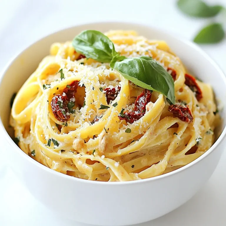 - 8 oz pasta (fettuccine or penne) - 1 cup sun-dried tomatoes packed in oil, drained and chopped - 1 cup heavy cream - 1/2 cup grated Parmesan cheese - 2 cloves garlic, minced - 1 teaspoon Italian seasoning - Salt and pepper to taste - 2 tablespoons olive oil - Fresh basil leaves for garnish This creamy sun-dried tomato pasta shines with simple yet rich flavors. You start with pasta. I like fettuccine or penne for this dish. Both hold the sauce well and have a nice bite. Next, you need sun-dried tomatoes. Choose the ones packed in oil. They add depth to the dish. Chop them finely for easy mixing. Heavy cream brings a smooth texture. It makes the sauce rich and comforting. Grated Parmesan cheese is key here. It adds a salty, nutty flavor. You can use fresh or pre-packaged cheese; both work well. For a bit of aroma, minced garlic is a must. It adds warmth and flavor. Italian seasoning gives the dish that classic taste. You can adjust the salt and pepper to your liking. Don't forget the olive oil! It helps sauté the garlic and tomatoes. Lastly, fresh basil leaves are the perfect garnish. They add a pop of color and freshness. Gather these ingredients, and you're ready to create a delicious meal in no time! {{ingredient_image_1}} - Start by preparing salted water for boiling. - Cook the pasta according to package instructions until al dente. - Reserve 1/2 cup of pasta water, then drain and set aside. - Heat olive oil in a large skillet over medium heat. - Sauté minced garlic until it becomes fragrant, about 1 minute. - Add chopped sun-dried tomatoes and cook for 2-3 minutes. - Lower the heat and stir in the heavy cream. - Add grated Parmesan cheese and Italian seasoning next. - If the sauce is too thick, adjust it with reserved pasta water. - Toss the drained pasta into the creamy sauce. - Season with salt and pepper to your taste. - Make sure to incorporate all ingredients evenly. - Serve in bowls and garnish with fresh basil. - Drizzle a bit of olive oil on top and add extra Parmesan. - For a kick, sprinkle with crushed red pepper if you like. To make the perfect cream sauce, focus on the right consistency. Start with heavy cream. It gives a rich taste. Stir it gently as it heats. This helps it blend well with the sun-dried tomatoes. If your sauce is too thick, add some reserved pasta water. This helps it become smooth and creamy. For sun-dried tomatoes, I recommend brands like Bella Sun Luci or Cento. They pack their tomatoes in oil, which adds flavor. When it comes to cream, look for a high-fat content. The higher the fat, the creamier your sauce will be. To avoid overcooking the pasta, keep a close eye on it. Boil the pasta until it's al dente, which means it should be firm to the bite. Check the package instructions for timing. Remember to reserve half a cup of that starchy pasta water. This water is your secret weapon for adjusting the sauce later. For a lovely presentation, serve the pasta in shallow bowls. This makes it look fancy. Drizzle a bit of olive oil on top to add shine. You can also sprinkle extra grated Parmesan for a rich finish. For a pop of color, add fresh basil leaves. If you want a kick, try a sprinkle of crushed red pepper. This adds flavor and makes the dish eye-catching. Pro Tips Choose the Right Pasta: For a creamier sauce, fettuccine works wonderfully, while penne can hold the sauce in its tubes, making each bite flavorful. Quality Ingredients Matter: Use high-quality sun-dried tomatoes and fresh Parmesan cheese for a richer taste that elevates the dish. Adjust Consistency: If your sauce is too thick, gradually add the reserved pasta water until you achieve the desired creaminess. Garnish for Flavor: Fresh basil not only adds a pop of color but also enhances the dish's aroma and flavor profile. {{image_2}} You can make this dish even better by adding protein. Chicken and shrimp work great. Just cook them in the skillet before adding the sun-dried tomatoes. This adds a lovely texture and flavor. You can also add vegetables for more color and taste. Spinach wilts nicely and adds nutrients. Mushrooms bring an earthy flavor. Both mix well with the creamy sauce. If you want a lighter dish, try substituting heavy cream. You can use half-and-half or even Greek yogurt. These choices keep the dish creamy without the extra fat. For those who are dairy-free, switch out the Parmesan cheese. Nutritional yeast gives a cheesy flavor without the dairy. You can also find good vegan cheese at many stores. For a healthier meal, choose whole grain pasta. It adds fiber and nutrients. Gluten-free pasta is also an option if you have a gluten allergy. Don’t be afraid to experiment with pasta shapes. Fettuccine and penne are great, but you can try shells or farfalle. Each shape holds sauce differently, giving you a fun twist on the dish. To keep your creamy sun-dried tomato pasta fresh, store it in the fridge. Use an airtight container to seal in the flavor. Make sure the pasta is cool before you put it away. This will help it stay nice and tasty. When reheating, the best way is on the stove. Heat it gently over low heat. Adding a splash of milk or cream helps bring back the moisture. Stir often to keep it from sticking. You can also use a microwave. Just cover it with a lid or wrap to keep it moist. In the fridge, this dish lasts about three to four days. If you need to store it longer, freezing is a great option. Place it in a freezer-safe container or bag. It will stay good for up to three months. Just remember to label it with the date! Yes, you can use fresh tomatoes. However, the flavor will be different. Sun-dried tomatoes have a rich, intense taste. If you choose fresh tomatoes, sauté them longer to develop flavor. You might need more spices to enhance the dish. Yes, this recipe works well for meal prep. You can store it in the fridge for up to three days. Keep the pasta and sauce in separate containers to avoid sogginess. Reheat gently in a pan for best results. To spice it up, add crushed red pepper or chili flakes when cooking. You can also stir in diced jalapeños or hot sauce. Start with a little, then taste and adjust to your liking. A white wine like Chardonnay pairs nicely with this dish. Its creaminess complements the sauce well. You could try a light red, like Pinot Noir, if you prefer red wine. Both options enhance the meal's flavors. Yes, you can skip the cheese. Use a dairy-free cream instead of heavy cream. Nutritional yeast can add a cheesy flavor without dairy. This way, you can still enjoy a creamy texture in your pasta. This blog post shared a simple and tasty creamy sun-dried tomato pasta recipe. You learned about the main and additional ingredients needed, along with step-by-step instructions to cook it right. We discussed tips to perfect the sauce and variations to suit your taste. Remember, this dish is easy to store and reheat. It's perfect for meal prep or a special dinner. Try mixing in proteins or veggies for extra flavor. Enjoy making this delicious pasta dish!