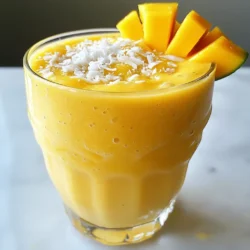 To make a tasty mango coconut smoothie, gather these fresh ingredients: - 1 ripe mango, peeled and diced - 1/2 cup coconut milk - 1/2 cup Greek yogurt - 1/2 ripe banana - 1/4 cup coconut flakes (unsweetened) - 1/2 cup ice cubes These ingredients hold the key to a rich and creamy drink. The ripe mango adds a sweet, tropical flavor. Coconut milk gives a smooth texture and a hint of creaminess. Greek yogurt boosts the creamy feel and adds protein. The banana makes everything nice and smooth. If you like your smoothie sweeter, consider these options: - 1 tablespoon honey or agave syrup (optional) - Pinch of cinnamon (optional) Honey or agave syrup can enhance the sweetness. Cinnamon adds warmth and a unique flavor twist. You can adjust these to match your taste. To make your smoothie look even better, try these garnishes: - Sprinkle of coconut flakes on top - Slice of fresh mango on the rim of the glass These simple touches make the drink fun and pretty. Plus, they add a little extra flavor. Enjoy your refreshing and creamy mango coconut smoothie! {{ingredient_image_1}} To start, gather your ingredients. You need one ripe mango, coconut milk, Greek yogurt, and a banana. Here’s how to blend them: 1. Peel and dice the mango. 2. Add the mango to your blender. 3. Pour in half a cup of coconut milk. 4. Add half a cup of Greek yogurt. 5. Toss in half a ripe banana. 6. If you like it sweeter, add honey or agave syrup. 7. Then, include the coconut flakes and ice cubes. 8. Blend everything on high for about 30 to 45 seconds. Sometimes, your smoothie might be too thick. If this happens, don’t worry! Just add more coconut milk, a little at a time, until it’s smooth. Blend briefly to mix everything well. It should feel creamy but not too thick. Taste it before you finish. If you want more sweetness or a hint of spice, sprinkle a pinch of cinnamon and blend briefly again. Once your smoothie is ready, pour it into chilled glasses. This keeps it cool and refreshing. For a pretty touch, sprinkle some coconut flakes on top. You can also add a slice of fresh mango on the rim of the glass. This makes your drink look as good as it tastes! Enjoy your creamy mango coconut smoothie! To find the best mango, look for one that feels soft but not mushy. The skin should be yellow or red. Avoid green or hard mangoes. A ripe mango will smell sweet at the stem. This scent shows it is ready to eat. When you pick the right mango, your smoothie will taste amazing. Coconut milk brings creaminess to your smoothie. You can use full-fat or light coconut milk. Full-fat gives a richer taste. Light coconut milk has fewer calories. Try using canned coconut milk for a creamier texture. Make sure it is unsweetened for a balanced flavor. You can also use carton coconut milk. Just check the label for added sugars. Start with the liquids first in your blender. This helps the blades move easily. Add the mango, banana, and yogurt next. Blend on high for about 30-45 seconds. If your smoothie is too thick, add more coconut milk. You want a smooth and creamy texture. Stop and scrape down the sides if needed. Taste it and blend again to mix in flavors well. Pro Tips Use Frozen Mango: For a thicker smoothie, use frozen mango chunks instead of fresh. This helps achieve a creamier texture without needing extra ice. Greek Yogurt Alternatives: If you're dairy-free, substitute Greek yogurt with a plant-based yogurt for a similar texture and flavor. Adjust Sweetness: Depending on the ripeness of your mango and banana, you may need less or no honey. Always taste before adding sweeteners! Coconut Milk Variations: Try using light coconut milk for a lower-calorie option or coconut cream for an ultra-rich smoothie. {{image_2}} To make a vegan mango coconut smoothie, swap Greek yogurt for plant-based yogurt. Use almond or soy yogurt for a creamy texture. You can keep the coconut milk as it is. This change makes the smoothie dairy-free but just as yummy. You can still add honey or agave syrup for sweetness if you want. If you're looking to cut down on sugar, skip the honey or agave. Use a ripe banana for natural sweetness instead. You can also try using unsweetened coconut milk. This keeps the smoothie tasty without the added sugar. It’s a smart choice for anyone watching their sugar intake. Enhance your smoothie by adding superfoods. Try a tablespoon of chia seeds for fiber and protein. You can also mix in a scoop of protein powder. Spinach is another great option; it blends well and adds nutrients without changing the flavor much. These additions help make your smoothie even healthier. To store leftover smoothie, pour it into a jar. Seal it tightly with a lid. Place it in the fridge. Enjoy it within 24 hours for the best taste. Smoothies can separate after sitting. Give it a good shake before drinking. If you want to save your smoothie longer, freezing is great. Pour the smoothie into ice cube trays or freezer bags. Leave some space in the containers. The smoothie will expand as it freezes. It can last up to three months in the freezer. When ready to use, just thaw it in the fridge overnight. After thawing, the smoothie may look icy or chunky. To fix this, pour it back into the blender. Add a splash of coconut milk or water. Blend until smooth and creamy. This helps restore its original texture and flavor. Mango and coconut offer great health perks. Mango is packed with vitamins A and C. These vitamins help with skin health and boost your immune system. Mango also has fiber, which aids digestion. Coconut provides healthy fats, which give you energy. It also contains antioxidants that support heart health. Together, they make a tasty and nutritious drink. Yes, you can use other fruits! You can add berries, like strawberries or blueberries. Pineapple or peaches work well too. Each fruit brings its own flavor and nutrients. Mixing fruits can make your smoothie even more fun and tasty. Just keep the balance of flavors in mind. To make this smoothie dairy-free, skip the Greek yogurt. Replace it with more coconut milk or a dairy-free yogurt. Almond or soy yogurt can be good options. This keeps it creamy and delicious without any dairy. You might even try adding a bit of avocado for extra creaminess. You can store your smoothie in the fridge for up to 24 hours. After that, the taste and texture may change. To keep it fresh, use an airtight container. If you find it too thick, just add a splash of coconut milk and blend again before drinking. This blog post covered how to make a delicious mango coconut smoothie. We talked about the fresh and optional ingredients you can use. You learned the steps to blend it right, along with tips for the best texture. We also explored tasty variations and how to store any leftovers. Enjoy this smoothie in many ways. You can make it your own and share it with friends. Now, grab those ingredients and start blending!