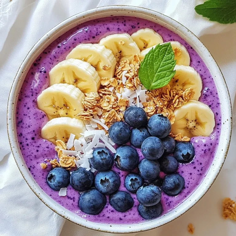 The Blueberry Coconut Smoothie Bowl is simple yet delicious. Here are the main ingredients you will need for this refreshing dish: - 1 cup frozen blueberries - 1 banana, sliced - 1/2 cup coconut milk - 1/4 cup Greek yogurt (optional) - 1 tablespoon chia seeds - 1 tablespoon honey or maple syrup - Toppings: fresh blueberries, sliced banana, granola, shredded coconut, mint leaves Frozen blueberries give this bowl a nice chill. The banana adds creaminess and a hint of sweetness. Coconut milk brings a rich taste that pairs well with the fruit. If you want a thicker texture, Greek yogurt is perfect. Chia seeds pack in fiber and omega-3s, while honey or maple syrup adds the needed sweetness. For toppings, fresh blueberries and banana slices make the bowl pretty and tasty. Granola adds crunch, and shredded coconut gives it a tropical flair. Mint leaves add a pop of color and freshness. You can mix and match based on your taste or what you have at home! {{ingredient_image_1}} To start, gather your ingredients. In a blender, combine: - 1 cup frozen blueberries - 1 banana, sliced - 1/2 cup coconut milk - 1/4 cup Greek yogurt (optional) - 1 tablespoon chia seeds - 1 tablespoon honey or maple syrup Blend on high until you get a smooth and creamy mix. If it feels too thick, add a bit more coconut milk. Keep blending until you reach your desired consistency. Next, pour the smoothie mixture into a bowl. The bowl is the canvas for your tasty creation. Add toppings to make it fun and colorful. Use fresh blueberries, banana slices, granola, and a sprinkle of shredded coconut. Garnishing is key. It adds color and makes the bowl look fancy. Add mint leaves for an extra pop. Serve right away to enjoy the freshness. To make your smoothie bowl creamy, use a high-speed blender. This helps blend frozen fruit well. If your mix is too thick, add more coconut milk slowly. Blend until smooth. Check the sides of the blender and scrape down any bits. This ensures everything mixes well. Common issues arise when blending frozen fruit. If the blender struggles, try cutting the fruit into smaller pieces. This helps it blend more easily. If you hear loud noises, stop and stir the mix. Restart blending after checking. You can easily change the sweetness of your smoothie bowl. If you like it sweeter, add more honey or maple syrup. Start with one tablespoon, then taste. Adjust as needed for your preferences. For natural sweeteners, try ripe bananas or dates. They add sweetness without extra sugar. You can also use agave syrup or stevia as substitutes. This way, you can enjoy a tasty bowl that fits your needs. Pro Tips Use Frozen Blueberries: Frozen blueberries not only provide a thicker texture but also make your smoothie bowl extra refreshing. Customize Sweetness: Adjust the amount of honey or maple syrup to your taste; start with less and add more if desired. Add Protein: Incorporating Greek yogurt boosts the protein content and gives your smoothie bowl a creamy texture. Garnish Creatively: Get creative with toppings! Use different fruits, nuts, or seeds to enhance both flavor and presentation. {{image_2}} You can switch up the berries in your smoothie bowl. Try raspberries or strawberries for a new taste. They both blend well and add their own flavor. You can also add mango or pineapple. These fruits bring a tropical twist that makes it feel special. Just remember to adjust the sweetness if needed. If you want a dairy-free bowl, use yogurt alternatives. Coconut yogurt works well and adds creaminess. Other options are almond or cashew yogurt. For milk, you can pick any non-dairy option. Almond milk, oat milk, or soy milk all blend nicely. This keeps your bowl tasty and vegan-friendly, while still creamy and satisfying. To store your smoothie base, pour it into an airtight container. Seal it well to keep out air. The smoothie base lasts up to two days in the fridge. If you want to keep it longer, freezing is best. For toppings, keep them separate. Place fresh fruits and granola in small containers. This keeps them fresh and crunchy. You can add toppings right before you eat. To prepare ahead, pour smoothie base into ice cube trays. This makes it easy to grab just what you need. You can blend the frozen cubes with fresh fruit later. Use freezer-safe bags for extra storage. Label them with the date so you know when to use them. Smoothie portions can last up to three months in the freezer. Always choose containers that seal tightly to avoid freezer burn. Yes, you can use fresh blueberries. However, the texture will be different. Fresh blueberries will make your smoothie bowl thinner and less cold. This may change how the smoothie feels in your mouth. If you do use fresh blueberries, add ice to keep it cool. Blend well to combine. To make your smoothie bowl thicker, add less coconut milk. You can also add more chia seeds. They soak up liquid and create a thicker texture. Frozen banana slices can also help thicken your bowl. Try adding a bit of Greek yogurt too, for creaminess. Yes, you can prepare this smoothie bowl ahead of time. Keep the smoothie base in the fridge for up to two days. When ready to eat, just add your toppings. For best taste, don’t add the granola or bananas until you are ready to serve. This blog post shared a simple smoothie bowl recipe that you can customize. You learned about the main ingredients, easy steps, and useful tips. I also offered variations and storage tips to keep your smoothie fresh. Now you have the tools to create a tasty, nutritious treat at home. Enjoy experimenting with flavors and toppings. Your smoothie bowl can be a fun start to any day.