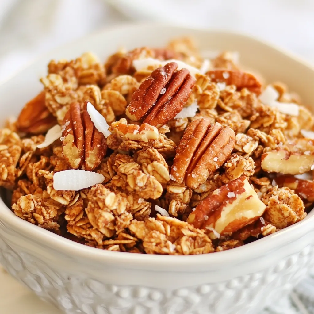 - 2 cups rolled oats - 1 cup pecans, roughly chopped - 1/2 cup unsweetened shredded coconut These main ingredients form the base of your granola. Rolled oats give the clusters a nice crunch. Pecans add a rich, nutty flavor. Shredded coconut brings a hint of sweetness and texture. - 1/2 cup honey or maple syrup - 1/4 cup coconut oil, melted - 1/4 cup brown sugar The liquid ingredients hold everything together. Honey or maple syrup adds sweetness and helps with clustering. Coconut oil ensures a rich taste and helps with baking. Brown sugar adds depth and caramelization to the mix. - 1/2 teaspoon vanilla extract - 1/2 teaspoon cinnamon - 1/4 teaspoon sea salt - Optional add-ins: 1/2 cup dried cranberries or raisins Flavor enhancers elevate your granola. Vanilla extract gives it a warm aroma. Cinnamon adds warmth and spice. Sea salt balances the sweetness. If you like, add dried cranberries or raisins for a fruity touch. They bring extra flavor and chewiness. {{ingredient_image_1}} 1. Preheat your oven to 325°F (163°C). 2. Line a baking sheet with parchment paper. This helps with easy cleanup. 3. In a large bowl, mix together: - 2 cups rolled oats - 1 cup pecans, roughly chopped - 1/2 cup unsweetened shredded coconut 1. In another bowl, whisk together: - 1/2 cup honey or maple syrup - 1/4 cup melted coconut oil - 1/4 cup brown sugar - 1/2 teaspoon vanilla extract - 1/2 teaspoon cinnamon - 1/4 teaspoon sea salt 2. Make sure these ingredients blend well. 1. Pour the wet mixture over the dry ingredients. 2. Stir well until all oats and pecans are coated. 3. Spread the mixture onto the prepared baking sheet. Press it down firmly to form clusters. 1. Bake in the oven for 20 to 25 minutes. 2. Stir the mixture halfway through to ensure even baking. 3. Keep an eye on it to avoid burning. 4. Let it cool completely on the baking sheet. 5. Once cool, break the granola into clusters. 6. If using, mix in dried cranberries or raisins after cooling. To get those perfect granola clusters, press the mixture down firmly. Use your hands or a spatula. This helps the granola stick together. Make sure to pack it tightly on the baking sheet. When baking, stir the granola halfway through. This helps it bake evenly and gives it a nice crunch. You can boost the flavor by adding spices. Try nutmeg, ginger, or even a pinch of cayenne for heat. Vanilla and almond extracts can also bring a new taste. If you want something different, swap out pecans for almonds or walnuts. Each nut has its own unique flavor profile. Not all ovens are the same. You may need to adjust the cooking time. Check your granola after 20 minutes. Look for a golden brown color. If it’s not ready, bake for a few more minutes. Keep an eye on it, so it doesn’t burn. The granola should feel firm and dry when done. Pro Tips Use Fresh Ingredients: Always opt for fresh and high-quality ingredients to enhance the flavor of your granola clusters. Customize Your Nuts: Feel free to substitute pecans with your favorite nuts such as almonds or walnuts for a different taste. Mind the Baking Time: Keep a close eye on the granola while baking to prevent it from burning, as ovens can vary in temperature. Experiment with Spices: Try adding other spices like nutmeg or ginger to give your granola a unique flavor profile. {{image_2}} You can switch pecans for other nuts like almonds or walnuts. Almonds add a nice crunch. Walnuts offer a rich, buttery flavor. For seeds, try chia or sunflower seeds. These seeds add healthy fats and extra texture. Honey is a great choice, but maple syrup works too. Maple syrup gives a warm, sweet taste. You can also add cocoa powder for a chocolatey twist. Spices like nutmeg or ginger can boost flavor too. Dried fruits like cranberries or raisins blend well. They add sweetness and chewiness to each bite. You can also add chocolate chips for a treat. Customize your granola based on your diet. This ensures everyone enjoys it! Store your granola clusters in an airtight container. This keeps them fresh and crunchy. Before you store them, let the granola cool completely. This helps avoid moisture buildup. At room temperature, your granola stays fresh for about two weeks. If you want to keep it longer, you can freeze it. Just place it in a freezer-safe bag or container. It will stay good for up to three months in the freezer. If your granola gets soft, you can refresh it. Just spread it on a baking sheet and bake at 300°F (150°C) for about 5-10 minutes. This will make it crunchy again. If you have leftovers, you can use them in yogurt, oatmeal, or even as a topping for desserts. How to make granola clusters stick together? To make granola clusters stick, you need the right ratio of wet to dry ingredients. Use enough honey or maple syrup to coat all the oats and nuts. Press the mixture firmly on the baking sheet. This helps the granola hold together when baking. Bake it until golden brown, but don’t stir it too much during baking. Can I make this granola vegan? Yes, you can make this granola vegan. Simply replace honey with maple syrup. Also, ensure your coconut oil is plant-based. The rest of the ingredients are already vegan. This way, you enjoy a tasty snack without any animal products. Caloric content per serving Each serving of this granola has about 200 calories. This makes it a good snack choice. Protein and fiber content Each serving contains around 5 grams of protein and 4 grams of fiber. This helps keep you full and satisfied between meals. Ways to serve with yogurt or milk You can enjoy these granola clusters with yogurt or milk. Add them to your breakfast bowl for extra crunch. They also taste great on top of smoothies. Using granola clusters in recipes You can use these clusters in many recipes. Try mixing them into cookie dough or sprinkle them on salads. They add a crunchy texture and a sweet flavor to any dish. This blog post explored the key ingredients, steps, and tips for making delicious granola. We covered main ingredients like oats and pecans, as well as the right liquid and flavor enhancers. You learned how to mix, bake, and store it for the best clusters. Granola can be a tasty snack or breakfast. With a few twists, you can make it your own. Now, go ahead and enjoy making your perfect granola!