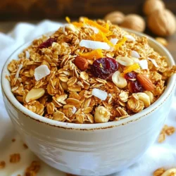 For a tasty batch of Cranberry Orange Granola, you need the following ingredients: - 2 cups old-fashioned rolled oats - 1 cup mixed nuts (almonds, pecans, and walnuts), roughly chopped - 1/2 cup unsweetened shredded coconut - 1/4 cup honey or maple syrup - 1/4 cup coconut oil, melted - Zest of 1 large orange - Juice of 1 large orange - 1 teaspoon vanilla extract - 1 teaspoon ground cinnamon - 1/2 teaspoon salt - 1 cup dried cranberries Each ingredient brings its own flavor and nutrition to the mix. - Rolled oats: They provide fiber. This helps you feel full longer and aids digestion. - Mixed nuts: These are packed with healthy fats, protein, and vitamins. They support heart health. - Shredded coconut: It adds texture and healthy fats. It helps keep your skin healthy. - Honey or maple syrup: These natural sweeteners give energy. They are better than refined sugars. - Coconut oil: This oil is good for cooking and adds flavor. It may boost metabolism. - Orange zest and juice: These provide vitamin C. They help your immune system. - Vanilla extract: It adds a lovely aroma and flavor without extra sugar. - Ground cinnamon: This spice helps regulate blood sugar and adds warmth. - Salt: It enhances flavors and balances sweetness. - Dried cranberries: They are full of antioxidants and add a sweet-tart taste. You can easily adjust this recipe for allergies or diets: - For gluten-free: Use certified gluten-free oats. - For nut-free: Swap mixed nuts with seeds like pumpkin or sunflower seeds. - For vegan: Use maple syrup instead of honey. - For low-sugar: Reduce or omit the sweetener, and add more fruit. These options allow everyone to enjoy this delicious snack. {{ingredient_image_1}} First, you need to preheat the oven to 325°F (165°C). This helps the granola bake evenly. While the oven heats up, grab a baking sheet and line it with parchment paper. This makes cleanup easy and helps the granola not stick. Now, take a large mixing bowl. In it, combine 2 cups of old-fashioned rolled oats, 1 cup of mixed nuts, and 1/2 cup of shredded coconut. I like to use almonds, pecans, and walnuts for great taste. Add 1 teaspoon of ground cinnamon and 1/2 teaspoon of salt to the bowl. Mix everything well. This step is important to make sure all the dry ingredients mix evenly. In another bowl, you will mix the wet ingredients. Whisk together 1/4 cup of honey or maple syrup, 1/4 cup of melted coconut oil, the zest of 1 large orange, the juice of that orange, and 1 teaspoon of vanilla extract. Make sure this mixture is fully blended. Next, pour this wet mix over the dry ingredients. Stir until everything is evenly coated. Spread the mixture on the baking sheet. Bake it in the oven for about 20-25 minutes. Remember to stir it halfway through for even baking. Look for a golden color and a nice smell. When the granola is done, take it out of the oven. Let it cool for about 10 minutes before adding 1 cup of dried cranberries. Stir well to mix the cranberries in. After that, allow the granola to cool completely on the baking sheet. It will become crunchy as it cools. Once cooled, transfer the granola to an airtight container. This keeps it fresh for your next tasty snack! To get the best texture, bake the granola evenly. Start by spreading it in a thin layer on your baking sheet. Stir it halfway through baking for even browning. If you want it chunkier, let it cool before breaking it apart. Granola becomes crunchy as it cools, so don’t rush this step. Citrus adds a bright taste to your granola. Use fresh orange zest and juice for the best flavor. The zest gives a strong aroma and a slight bitterness that balances the sweetness. Try to use organic oranges when possible, as they have more flavor and fewer chemicals. Cranberry Orange Granola works well with many foods. Serve it with yogurt for a tasty breakfast or snack. You can also sprinkle it over oatmeal or smoothie bowls. If you want a sweet treat, mix it with dark chocolate chips. For a crunchy topping, add it to salads or desserts. Pro Tips Use Fresh Orange Juice: For the best flavor, use freshly squeezed orange juice instead of bottled juice. Customize Your Nuts: Feel free to mix and match different types of nuts to suit your taste preferences. Monitor Baking Time: Keep an eye on the granola while baking to avoid burning; every oven is different. Storage Tips: Store granola in an airtight container at room temperature to maintain its crunchiness. {{image_2}} You can easily change the flavor of your granola. Here are some fun add-in ideas: - Swap dried cranberries for raisins or chopped apricots. - Try adding pumpkin seeds or sunflower seeds for crunch. - Mix in chocolate chips for a sweet twist. - Sprinkle in chia seeds or flaxseeds for extra nutrition. These simple swaps can give your granola a new taste! Making your granola vegan or gluten-free is easy. To make it vegan, replace honey with maple syrup or agave nectar. For a gluten-free version, use certified gluten-free oats. Both options keep the flavor while meeting dietary needs. You can mix in seasonal ingredients for fresh flavors. In the fall, add chopped apples or pears. In the winter, try walnuts or pecans for a nutty crunch. In the summer, mix in fresh berries for a vibrant taste. Using seasonal ingredients can make your granola even better! To keep your cranberry orange granola fresh, store it in an airtight container. Glass jars work great. You can also use plastic containers or zip-top bags. Make sure you seal them tightly to keep out air and moisture. Keep your granola in a cool, dry place. A pantry shelf is perfect. Avoid direct sunlight, which can spoil the flavors. Homemade granola can last up to two weeks if stored properly. If you want it to last longer, consider freezing it. Granola can stay fresh in the freezer for up to three months. Just make sure to use freezer-safe containers. When ready to eat, thaw it in the fridge overnight. Check your granola for any off smells or changes in texture. If it smells rancid, it’s time to toss it. Granola should be crunchy, not soggy. If you notice any mold or unusual clumps, throw it away. Fresh ingredients like nuts and coconut can go bad faster, so keep an eye on them. Yes, you can use fresh cranberries. However, fresh cranberries are tart. They may need extra sweetener. You can add a bit more honey or maple syrup. This will help balance the flavor. Dried cranberries add a nice chewiness. They also give a sweeter taste to your granola. Cranberry Orange Granola is nutritious. Each serving has healthy fats, fiber, and vitamins. Here’s a rough breakdown: - Calories: About 200-250 - Protein: 4-6 grams - Fat: 10-12 grams - Carbohydrates: 30-35 grams - Fiber: 3-5 grams This granola provides energy and helps keep you full. To make this nut-free, simply omit the mixed nuts. You can replace them with seeds. Sunflower seeds or pumpkin seeds work well. They add crunch and nutrition without nuts. Adjust the amount of oats if needed to keep the texture right. Yes, you can double the recipe. Just make sure you have a larger bowl. You may also need two baking sheets. Spread the granola evenly on the sheets. Bake in batches if your oven is small. This way, you’ll get the same great taste! Cranberry orange granola is not only easy to make but also healthy. You learned about key ingredients, their health benefits, and great substitutions. The step-by-step guide helps you bake a perfect batch. Use my tips for the best texture and flavor. Explore variations to match your taste. Remember to store it well to keep it fresh. With the advice in this post, enjoy a fun and tasty snack that fits your diet. Try making your own delicious granola today!