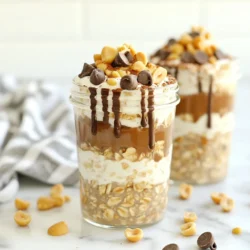 To make Peanut Butter Cup Overnight Oats, you will need: - 1 cup rolled oats - 2 cups almond milk (or any milk of your choice) - 1/2 cup Greek yogurt (or dairy-free yogurt) - 1/4 cup natural peanut butter - 2 tablespoons cocoa powder - 2 tablespoons maple syrup (or honey) - 1 teaspoon vanilla extract - A pinch of salt - 1/4 cup mini chocolate chips (optional, for topping) - Chopped peanuts (for garnish) These ingredients create a rich, creamy, and satisfying breakfast that tastes like dessert. If you want to change things up, you can swap out some ingredients. Use coconut milk instead of almond milk for a tropical twist. If you need a dairy-free option, choose a plant-based yogurt. For sweeteners, you can replace maple syrup with agave nectar or stevia. Honey works well too if you prefer a natural sweetener. Toppings can make your oats even more fun. Try adding mini chocolate chips for a sweet crunch. Chopped peanuts add nice texture and flavor. You might also sprinkle some cocoa powder on top. For an extra treat, drizzle more peanut butter over your oats. These toppings not only look great but also enhance the taste! {{ingredient_image_1}} Start by gathering all your ingredients. You need rolled oats, almond milk, Greek yogurt, natural peanut butter, cocoa powder, maple syrup, vanilla extract, salt, mini chocolate chips, and chopped peanuts. In a big bowl, add one cup of rolled oats. Pour in two cups of almond milk. Next, add half a cup of Greek yogurt and a quarter cup of peanut butter. This mix will give your oats a creamy base. Now it's time to mix everything. Use a whisk to blend all the ingredients together. Whisk until the mix is smooth. Make sure there are no lumps from the cocoa powder or peanut butter. If you want a richer flavor, add two tablespoons of cocoa powder. Sweeten it up with two tablespoons of maple syrup. Don’t forget to add a teaspoon of vanilla extract and a pinch of salt for taste. Once your mix is ready, divide it into mason jars or airtight containers. Seal them well. Place them in the fridge overnight. This soaking allows the oats to soften and absorb the flavors. If you forget to soak them overnight, let them sit in the fridge for at least four hours. In the morning, stir your oats. If they are too thick, add a splash of almond milk. Top with mini chocolate chips and chopped peanuts. Enjoy your tasty breakfast! For creamy peanut butter cup overnight oats, use rolled oats. They soak up liquid well. I mix them with almond milk, Greek yogurt, and peanut butter. This blend gives the oats a rich taste. Whisk the mix until smooth. No clumps should remain. If you want a thicker texture, reduce the milk slightly. If too thick in the morning, stir in a splash of milk. Sweetness is key for these oats. I use maple syrup, but honey works too. Start with two tablespoons. Taste the mixture before chilling. You can always add more if needed. If you prefer less sweetness, reduce the syrup or use a sugar substitute. The cocoa powder also adds a rich flavor, so balance it well. Serve your oats in clear jars. This shows the lovely layers! I like to top mine with mini chocolate chips and chopped peanuts. For extra flair, drizzle more peanut butter on top. You can also sprinkle cocoa powder for a nice touch. Pair these oats with a banana or some berries for a fruity kick. Enjoy with a warm cup of coffee or tea to start your day right! Pro Tips Use Creamy Peanut Butter: For a smooth texture, opt for creamy peanut butter instead of chunky. It will blend better with the oats and yogurt. Experiment with Sweetness: Adjust the sweetness to your preference by adding more or less maple syrup or honey, especially if you're using unsweetened cocoa powder. Make it Ahead: These overnight oats can be prepared up to 3 days in advance, making them perfect for busy mornings. Top it Off: Add fresh fruits like bananas or strawberries in the morning for extra flavor and nutrition, along with the chocolate chips and peanuts. {{image_2}} You can switch out natural peanut butter for other nut butters. Almond butter adds a nice twist. Cashew butter makes it creamy and rich. For a fun flavor, try sunflower seed butter. Each one gives a unique taste. Mix in some banana slices for extra sweetness. You can also add berries for a fresh touch. Want chocolate? Try adding more cocoa powder or chocolate chips. A dash of cinnamon gives warmth and depth. Experiment with flavors you love! To make this dish vegan, use plant-based yogurt and maple syrup. Almond milk is a great choice. For gluten-free oats, check labels to ensure they are certified gluten-free. This way, you can enjoy every bite worry-free! You can store Peanut Butter Cup Overnight Oats for up to five days. The oats stay tasty and fresh in the fridge. They absorb the milk and flavors well, making them even better over time. If you want the best taste, eat them within three days. I recommend using mason jars or airtight containers. These keep the oats fresh and prevent odors from mixing. Choose containers that are easy to open. Clear jars let you see those tasty layers, which adds to the fun. If you like warm oats, simply heat them in the microwave. Start with 30 seconds, then stir. Check if they need more time. If the oats are too thick, add a splash of almond milk or water. This keeps them creamy and delicious. Enjoy your warm bowl of joy! Yes, you can skip Greek yogurt. Use dairy-free yogurt or any yogurt you like. The oats will still taste great. Yogurt adds creaminess, but it’s not a must. You can also replace it with more almond milk. Just keep the same ratios for the other ingredients. Peanut Butter Cup Overnight Oats last up to five days in the fridge. Store them in airtight jars to keep them fresh. You can make a batch at the start of the week. This way, breakfast is ready when you are. Just stir before eating, and enjoy! Absolutely! You can use any milk you have. Almond milk, soy milk, oat milk, or even cow's milk will work. Each type will change the taste a bit. Choose what you love most. Just keep the amount the same, about two cups, for best results. You now know how to make delicious Peanut Butter Cup Overnight Oats. We covered ingredients, steps, and tips for perfect texture. You can customize the sweetness and try fun flavor variations. Remember to store your oats properly and enjoy them later. With these guidelines, you can create a tasty and healthy meal. Experimenting will make every batch exciting. I hope you enjoy your overnight oats as much as I do!