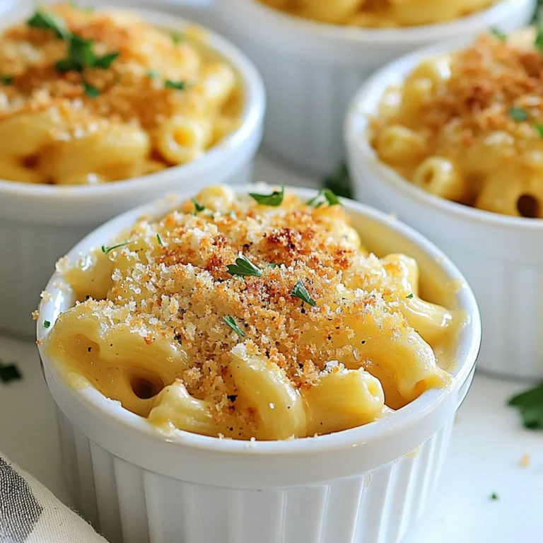 - 8 ounces elbow macaroni - 4 tablespoons unsalted butter - 4 cloves garlic, minced The base of this dish is the elbow macaroni. It holds the creamy cheese well. The unsalted butter adds richness. Garlic provides an amazing aroma and taste. I always use fresh garlic for the best flavor. - 2 cups shredded sharp cheddar cheese - 1 cup grated Parmesan cheese - 1 teaspoon garlic powder - 1 teaspoon onion powder Sharp cheddar cheese brings a bold flavor. Parmesan cheese adds a nutty touch. Garlic powder and onion powder deepen the taste. These cheese and seasonings work together to create a rich, creamy sauce. - 1/2 teaspoon crushed red pepper flakes - 1/2 cup breadcrumbs for topping Crushed red pepper flakes can add heat. If you like spice, mix them in. Breadcrumbs create a crunchy topping. They give your mac and cheese a lovely texture contrast. {{ingredient_image_1}} To cook elbow macaroni, start with a large pot. Fill it with water and add salt. Bring the water to a boil. Once boiling, add the macaroni. Cook it following the package instructions until it is al dente. This means it should be firm but not hard. Drain the pasta and set it aside. To ensure perfect al dente texture, keep an eye on the clock. Taste the pasta a minute before the package time is up. If it feels just right, drain it. If not, give it a bit more time. This will help you avoid mushy pasta in your dish. Start by making the roux. In the same pot, melt the butter over medium heat. Once melted, add the minced garlic. Sauté for one to two minutes. You want it fragrant but not burnt. Next, stir in the flour. Cook it while whisking for about one to two minutes. This forms the base of your sauce. Now, gradually whisk in the milk. Keep whisking until the mixture becomes smooth. It should thicken in about three to five minutes. Lower the heat and add in the sharp cheddar cheese and grated Parmesan cheese. Also, add garlic powder, onion powder, salt, and pepper. Stir until the cheeses melt, creating a creamy sauce. Now it’s time to mix the pasta with the cheese sauce. Add the drained macaroni into the pot with the sauce. Stir well to coat every piece of pasta. If you like a little heat, add crushed red pepper flakes here. For the breadcrumb topping, take a small bowl. Combine the breadcrumbs with a tablespoon of melted butter. Add a pinch of salt for extra flavor. This mixture will create a crunchy finish on your mac and cheese. To boost the garlic in your dish, use fresh garlic. You can add more minced garlic, or sprinkle in extra garlic powder. If you like heat, add more crushed red pepper flakes for a kick. Other seasonings like smoked paprika or fresh herbs can deepen the flavor. Try adding a pinch of nutmeg for warmth, too. You can choose to bake or cook on the stovetop. Baking gives a crispy topping while stovetop keeps it creamy. For a creamy mac and cheese, stir constantly as you add the cheese. Use whole milk for a richer sauce, or add a splash of cream for extra creaminess. For a fun twist, serve your mac and cheese in small ramekins. This makes it feel special and cozy. Garnish with fresh parsley or extra Parmesan for color. Pair it with a light salad or some garlic bread for a complete meal. A crisp white wine or sparkling water complements the dish well. Pro Tips Use Fresh Garlic: For the best flavor, opt for fresh garlic instead of pre-minced. It enhances the dish with a more vibrant taste. Cheese Variety: Mix different cheeses for a richer flavor profile. Try adding Gruyère or mozzarella for extra creaminess. Baking Time: Keep an eye on the mac and cheese while baking. Remove it from the oven when the top is just golden to prevent over-baking. Make Ahead: This dish can be prepared in advance. Assemble it and store it in the fridge before baking for a hassle-free meal. {{image_2}} You can make this dish fit many diets. For a gluten-free version, try using gluten-free pasta. Options like brown rice pasta or chickpea pasta work well. They keep the same shape and texture you love. If you need dairy-free cheese, use brands made from nuts or soy. Look for options that melt well. This way, you can still enjoy that creamy goodness. Want to change things up? Add fresh vegetables like spinach or peas. They add color and nutrients. You can also include proteins like cooked chicken or shrimp for a heartier meal. For extra flavor, mix in crispy bacon or a drizzle of truffle oil. These add-ins can turn a simple dish into something special. You can give your mac and cheese a Southern twist by adding ingredients like smoked sausage or collard greens. This gives it a warm, homey feel. To incorporate Italian flavors, try adding sun-dried tomatoes or Italian herbs. Basil and oregano can brighten up the dish, making it taste fresh and vibrant. To store your Garlic Parmesan Mac and Cheese, let it cool first. Place it in an airtight container. Keep it in the fridge. It stays fresh for about 3 to 5 days. If you plan to eat it later, don’t worry. This dish still tastes great after being stored. When you reheat, you want to keep that creamy texture. I recommend using the oven. Preheat it to 350°F (175°C). Place the mac and cheese in a baking dish. Add a splash of milk to help it stay moist. Cover it with foil to prevent dryness. Heat for about 20 minutes. If you prefer the microwave, use a microwave-safe bowl. Add a little milk and cover it loosely. Heat in short bursts, stirring in between. If you need to freeze your mac and cheese, it’s simple. Use a freezer-safe container. Let it cool completely before freezing. For best results, eat it within 2 to 3 months. When you’re ready to eat, thaw it in the fridge overnight. Reheat it using the oven or microwave as described above. This way, you keep the flavors and textures just right. If you don’t have elbow macaroni, don't worry! You can use many shapes. Here are some great options: - Cavatappi: This spiral shape holds the cheese sauce well. - Fusilli: The twists catch the sauce, making every bite tasty. - Penne: The tubes are fun and add a nice texture. - Shells: They are perfect for holding the creamy sauce inside. These shapes will work just as well in your dish, and you’ll still enjoy that rich flavor! Yes, you can! Making this dish in advance is easy. Here are tips for prepping ahead: - Cook the pasta and cheese sauce, then mix them together. - Store the mixture in an airtight container in the fridge for up to two days. - When ready to bake, add breadcrumbs and pop it in the oven. This way, you save time when you want a cozy meal! If you want a less creamy mac and cheese, adjust the cheese and sauce. Here’s how: - Use less cheese: Reduce the amounts of cheddar and Parmesan. - Add more milk: This thins out the sauce and makes it lighter. - Use a starchier pasta: This can help absorb some creaminess. Experiment with these tips until you find the perfect balance for your taste! This blog post covered the key ingredients for the perfect mac and cheese. We discussed essentials like elbow macaroni, butter, and garlic, along with delicious cheese options and seasonings. You learned step-by-step cooking tips for that creamy cheese sauce and how to enhance flavors. Don't forget those fun variations and storage tips! Remember, with creativity, you can make mac and cheese your own. Whether baked or stovetop, enjoy your dish fresh, or save it for later!
