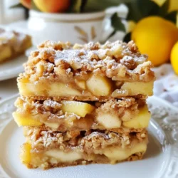To make these delicious bars, gather these essential ingredients: - 2 cups all-purpose flour - 1 cup rolled oats - 3/4 cup brown sugar, packed - 1/2 teaspoon baking powder - 1/2 teaspoon salt - 1 teaspoon ground cinnamon - 1 cup unsalted butter, melted - 3 medium apples, peeled and diced (about 3 cups) - 1 tablespoon lemon juice - 1/2 cup granulated sugar - 1/2 teaspoon vanilla extract These ingredients work together to create a soft crust, sweet apples, and a crunchy topping. The balance of flavors is what makes this treat so special. If you want to switch it up, try using different flours or sweeteners. You can use whole wheat flour for a nuttier taste. Almond flour is a great gluten-free option, too. For sweeteners, maple syrup or coconut sugar can add unique flavors. Just remember to adjust the amounts for best results. Toppings can really elevate your Cinnamon Apple Crumble Bars. Consider these add-ins: - Chopped nuts for crunch - Dried fruits for extra sweetness - A sprinkle of oats for texture You can also add a dusting of powdered sugar before serving. For an extra treat, serve with vanilla ice cream or whipped cream. These add-ons make your dessert even more delightful! {{ingredient_image_1}} Start by preheating your oven to 350°F (175°C). Grab a 9x13 inch baking pan. Line it with parchment paper. Leave some paper hanging over the sides. This will help you lift the bars out later. In a large bowl, mix these dry ingredients: - 2 cups all-purpose flour - 1 cup rolled oats - 3/4 cup packed brown sugar - 1/2 teaspoon baking powder - 1/2 teaspoon salt - 1 teaspoon ground cinnamon Stir until well combined. Now, pour in 1 cup of melted unsalted butter. Mix it until you get a crumbly texture. Set aside 1 cup of this mixture for the topping. Press the rest firmly into the bottom of your baking pan. This forms the crust layer. In another bowl, take 3 medium apples. Peel and dice them into small pieces, about 3 cups total. Toss the apple pieces with: - 1 tablespoon lemon juice - 1/2 cup granulated sugar - 1/2 teaspoon vanilla extract Make sure the apples are well coated with the mixture. Spread this apple filling over the crust in the baking pan. Distribute it evenly. Finally, sprinkle the reserved crumble mixture over the apples. Make sure to cover them well. Now, it's time to bake! Place the pan in the preheated oven. Bake for 30-35 minutes. Look for a golden brown topping and tender apples. When done, remove the pan and let it cool for 10 minutes. Use the parchment paper to lift out the bars. Let them cool completely on a wire rack. Then, cut into bars and enjoy! To get a great crumble texture, mix your dry ingredients well. Use cold butter to keep the crumble firm. When you mix it with your hands, aim for pea-sized pieces. This helps create a nice crunch when baked. If it’s too wet, add a bit more flour. If it’s too dry, add a little melted butter. The best apples for baking are sweet and firm. I love using Granny Smith or Honeycrisp apples. They hold their shape well and give a nice tartness. You can also use Fuji or Gala apples for added sweetness. Mix different apple types for more flavor depth. These bars taste amazing warm or cold. For a special touch, dust them with powdered sugar. Serve with a scoop of vanilla ice cream or a dollop of whipped cream. You can also drizzle caramel sauce on top for extra sweetness. Enjoy them with a cup of coffee or tea for a perfect treat. Pro Tips Use Firm Apples: Choose varieties like Granny Smith or Honeycrisp for a tart flavor and firm texture that holds up well during baking. Chill the Dough: If your crumble mixture feels too soft, refrigerate it for 30 minutes before pressing into the pan to ensure a sturdier crust. Layering Flavors: For an extra burst of flavor, consider adding a pinch of nutmeg or a splash of maple syrup to the apple mixture. Perfect Cooling: Allow the crumble bars to cool completely on a wire rack to ensure they set properly before cutting for clean, neat bars. {{image_2}} To make gluten-free cinnamon apple crumble bars, swap the all-purpose flour with a gluten-free blend. Look for blends that contain a mix of rice flour, potato starch, and tapioca flour. This change keeps the texture light and crumbly. Use certified gluten-free oats as well. These small swaps allow everyone to enjoy this treat! For vegan cinnamon apple crumble bars, replace the unsalted butter with coconut oil or vegan butter. Use a flax egg instead of regular eggs. Mix one tablespoon of ground flaxseed with three tablespoons of water. Let it sit for five minutes to thicken. You can also substitute granulated sugar with maple syrup or coconut sugar for a plant-based sweetener. These options make the recipe friendly for a vegan diet. If you want to spice things up, add nutmeg or ginger to your bars. A pinch of nutmeg pairs well with cinnamon and enhances the flavor. You can also use ground ginger for a warm and zesty twist. Simply replace half of the cinnamon with either of these spices, or add them to the apple filling for extra warmth. These variations create a unique taste and keep your palate excited! Store your Cinnamon Apple Crumble Bars in an airtight container. Keep them in the fridge for up to five days. This helps keep them fresh and tasty. If you prefer them warm, let them cool first. Then, cut them into bars. Place parchment paper between layers to prevent sticking. To freeze the bars, allow them to cool completely. Wrap each bar tightly in plastic wrap. Then, place them in a freezer-safe bag. These bars can last up to three months in the freezer. When you're ready to enjoy them, just thaw in the fridge overnight. You can also microwave them for a few seconds for a quick treat. To reheat your bars, preheat your oven to 350°F (175°C). Place the bars on a baking sheet. Heat for about 10 minutes, or until they are warm. You can also microwave them for about 15-20 seconds. This makes them soft and delicious again. Serve warm with a scoop of ice cream for a special touch! Cinnamon Apple Crumble Bars stay fresh for about 3 to 5 days. Store them in an airtight container at room temperature. If you want them to last longer, you can freeze them. Wrapped well, they can last up to 3 months in the freezer. Just remember to thaw them in the fridge overnight before serving. Yes, you can use different types of apples! Some great options are Granny Smith, Honeycrisp, or Fuji apples. Each type adds its unique flavor and sweetness. Mixing different apples can also give your bars a fun twist. Just make sure to peel and dice them before adding them to the filling. To serve Cinnamon Apple Crumble Bars warm, let them cool for about 10 minutes after baking. Then, cut them into squares. For an extra treat, top each square with vanilla ice cream or whipped cream. A dusting of powdered sugar can add a nice touch too. Enjoy the warm, gooey apple filling with that crunchy topping! Cinnamon apple crumble bars are a tasty treat. We covered key ingredients, including flours, toppings, and apples. Step-by-step, I outlined how to prep, mix, and serve these delicious bars. Tips ensured the perfect crumble texture, while variations catered to many diets. You can easily store or freeze leftovers. Enjoy making these simple bars for friends and family. They're sure to delight everyone!