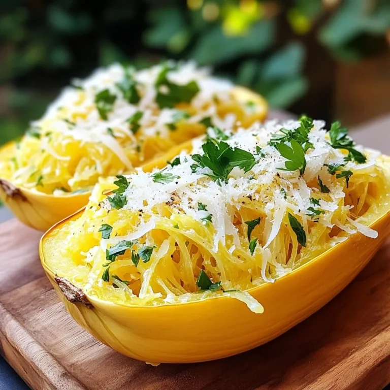 To make Creamy Garlic Parmesan Spaghetti Squash, you'll need a few simple ingredients. Here’s the list: - Medium spaghetti squash - 4 cloves garlic, minced - 1 cup heavy cream - 1 cup freshly grated Parmesan cheese - 2 tablespoons olive oil - 1 teaspoon dried Italian herbs (basil, oregano, thyme) - Salt and pepper to taste - Fresh parsley, chopped (for garnish) These ingredients come together to create a rich and creamy dish. The spaghetti squash serves as a healthy base, while the garlic and Parmesan add tons of flavor. Using fresh herbs gives the meal a nice touch. Don’t forget the parsley! It adds both color and freshness to your plate. Each item plays a key role in making this dish a delight for your taste buds. {{ingredient_image_1}} - Preheat your oven to 400°F (200°C). - Carefully cut the spaghetti squash in half lengthwise. - Scoop out the seeds with a spoon. - Brush the inside of each squash half with olive oil. - Season with salt and pepper to taste. - Place the squash halves cut-side down on a baking sheet. - Roast for 30-40 minutes until the flesh is tender. - Heat a skillet over medium heat and add the minced garlic. - Sauté for about 1-2 minutes until fragrant. - Pour in the heavy cream and add the dried herbs. - Stir gently and let it simmer for about 5 minutes. - Mix in the grated Parmesan cheese until melted. - Once the squash is done roasting, use a fork to scrape the flesh. - This creates spaghetti-like strands. - In a large bowl, combine the squash strands with the creamy sauce. - Mix well to coat all the strands. - Serve warm, garnished with fresh parsley for color. How to choose the right spaghetti squash Select a spaghetti squash that feels firm and heavy. Look for a smooth skin without bruises. The color should be a deep yellow or cream. A good squash will be easy to cut and cook evenly. Ensuring the sauce is creamy (avoiding curdling) To keep your sauce creamy, heat the heavy cream gently. Add the Parmesan cheese slowly, stirring until it melts. Avoid boiling the sauce after adding cheese. This step stops curdling and keeps your sauce smooth. Presentation tips for a rustic look For a rustic touch, serve the dish in the roasted squash halves. This adds charm and makes each plate unique. Top with extra grated Parmesan and a sprinkle of parsley to enhance the look. Additional toppings for flavor Consider adding crushed red pepper for spice. Toasted pine nuts or walnuts add crunch. Fresh basil or chives can give a fresh taste. These extras can elevate your dish to new heights. Pro Tips Choosing the Right Squash: Look for a spaghetti squash that feels heavy for its size and has a smooth, firm skin. This indicates freshness and better texture. Enhancing Flavor: Add a pinch of red pepper flakes to the garlic cream sauce for a subtle kick that complements the richness of the Parmesan. Meal Prep Friendly: The creamy garlic Parmesan sauce can be made ahead of time and refrigerated. Simply reheat it gently before mixing with the squash. Garnishing Tips: For an extra touch, drizzle a little balsamic reduction over the finished dish before serving for added sweetness and visual appeal. {{image_2}} You can change the cheese for new flavors. Try using mozzarella for a milder taste. Feta adds a tangy kick. For a sharper flavor, go for aged cheddar. If you need a non-dairy option, coconut cream works well. It gives a nice richness without dairy. Cashew cream is another great choice; it’s creamy and delicious. To boost the flavor, you can add veggies or proteins. Spinach or cherry tomatoes work great in this dish. They add color and nutrition. For protein, grilled chicken or shrimp makes a nice addition. If you want more spice, try adding crushed red pepper flakes. Fresh herbs, like basil or thyme, can brighten the dish. Mixing in lemon zest gives it a fresh twist. To keep your creamy garlic Parmesan spaghetti squash fresh, store it in an airtight container. Place it in the fridge. It will last for about three to four days. If you want to keep it longer, you can freeze it. Use a freezer-safe bag and remove as much air as possible. It can stay frozen for up to three months. Just make sure to label the bag with the date. When it's time to enjoy your leftovers, reheat them gently. The best method is to use the stove. Place the squash in a skillet over low heat. Add a splash of cream to help restore its creamy texture. Stir often to avoid sticking. You can also use the microwave. Heat in short bursts, stirring in between, to keep it warm without drying out. How long does spaghetti squash last in the fridge? Spaghetti squash lasts about five days in the fridge. Store it in an airtight container. Can this recipe be made vegan? Yes, you can make this recipe vegan. Use coconut cream and nutritional yeast instead of heavy cream and Parmesan. What’s the best way to cook spaghetti squash? Roasting is the best way to cook spaghetti squash. It brings out the natural sweetness and flavor. Cut it in half, scoop out the seeds, brush with oil, and roast. How can I tell when spaghetti squash is done cooking? Check the squash after 30 minutes. It should be tender and easy to scrape with a fork. If not, roast it for another 5 to 10 minutes. This blog post covered a flavorful garlic Parmesan spaghetti squash recipe. We explored ingredients, simple steps, and useful tips. You learned how to roast the squash and make a creamy sauce. We also discussed storage methods and tasty variations. Try this dish to enjoy a healthy meal. With its rich taste and easy prep, it's a delight. Don't hesitate to add your own twist!