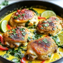 For this Coconut Lime Chicken Skillet, gather these items: - 4 boneless, skinless chicken thighs - 1 can (14 oz) coconut milk - 2 tablespoons lime juice - 1 tablespoon lime zest - 3 cloves garlic, minced - 1 teaspoon fresh ginger, grated - 1 tablespoon honey - 1 teaspoon salt - 1/2 teaspoon black pepper - 1 tablespoon olive oil - 1 red bell pepper, sliced - 1 cup fresh spinach - Fresh cilantro, for garnish - Lime wedges, for serving You can swap chicken thighs for chicken breasts if you prefer. Use low-fat coconut milk for a lighter dish. If you don’t have fresh ginger, ground ginger works too. You can use any sweetener if you don't have honey. For a kick, try adding red pepper flakes. If spinach is not available, kale or Swiss chard works well too. For coconut milk, I recommend using Thai Kitchen or Aroy-D. Both brands offer rich, creamy coconut milk that enhances the dish. For olive oil, choose a high-quality extra virgin oil like Colavita or Pompeian. These brands add great flavor. Use fresh cilantro from your local market for the best taste, and look for organic limes for the juiciest flavor. {{ingredient_image_1}} Start by gathering your ingredients. You will need coconut milk, lime juice, lime zest, garlic, ginger, honey, salt, and black pepper. In a bowl, mix the coconut milk and lime juice. Add the lime zest, minced garlic, and grated ginger. Next, stir in the honey, salt, and black pepper. Whisk this mixture until it is well combined. This marinade will bring a fresh and zesty flavor to the chicken. Heat a large skillet over medium-high heat. Add one tablespoon of olive oil and let it warm. Place the boneless, skinless chicken thighs in the skillet. Sear each side for about 5 to 7 minutes. You want them golden brown and cooked through. To check if they are done, cut into one thigh. The meat should be juicy and no longer pink. Once cooked, take the chicken out of the skillet and set it aside on a plate. In the same skillet, add the sliced red bell pepper. Sauté for about 3 minutes until they soften a bit. Then, pour in the coconut-lime marinade you made earlier. Bring it to a gentle simmer and let it reduce slightly for about 5 minutes. After that, stir in one cup of fresh spinach. Return the chicken thighs to the skillet, ensuring they are well coated with the sauce. Cook for an extra 2 to 3 minutes until the spinach wilts and everything is hot. Taste your dish and adjust the seasoning if needed. Now, it’s ready to serve! To make sure your chicken is tender, sear it well. Heat your skillet before adding the chicken. Use medium-high heat and cook each side for about 5-7 minutes. This creates a nice crust. The chicken will stay juicy inside. Always check the internal temperature. It should reach 165°F for safety. If you want to change the taste, add more lime juice for a zesty kick. You can also mix in a bit of chili powder for heat. If you like sweet, add more honey. A little soy sauce can deepen the flavor too. Always taste as you go. This helps find your perfect balance. For a thicker sauce, let the coconut milk mixture simmer longer. This will help reduce it. If it gets too thick, add a splash of chicken broth or water. For a creamier texture, stir in a tablespoon of cream at the end. Make sure the sauce coats the chicken well. It should be rich and flavorful, not too runny. Pro Tips Marinate for More Flavor: For an even richer taste, marinate the chicken thighs in the coconut milk mixture for at least 30 minutes before cooking. Use Fresh Ingredients: Fresh lime juice and zest will significantly enhance the flavor compared to bottled alternatives. Adjust the Heat: If you prefer a spicier kick, add a pinch of red pepper flakes or a diced jalapeño when sautéing the bell pepper. Serve with Rice: This dish pairs beautifully with jasmine or basmati rice, which will soak up the delicious coconut sauce. {{image_2}} If you want to switch up the protein in Coconut Lime Chicken Skillet, try using shrimp or fish. Both cook quickly and absorb flavors well. For shrimp, look for large, peeled ones. Cook them for about 3-4 minutes until they turn pink. If you prefer fish, use firm types like salmon or tilapia. Sear them just like the chicken. Adjust cooking time based on thickness. To make this dish vegetarian, replace the chicken with tofu or chickpeas. For tofu, use firm blocks. Press out excess moisture and cut them into cubes. Sauté until golden and crispy. Add chickpeas for a protein boost. They can be used straight from the can. Just mix them into the coconut sauce and let them warm up. You can add more depth to the dish with extra ingredients. Consider tossing in some fresh herbs like basil or mint. They bring a bright taste that pairs well with coconut and lime. You can also add red pepper flakes for a kick. If you like crunch, try adding nuts like cashews. Toss them in just before serving for added texture. To keep leftovers fresh, let the chicken cool first. Place it in an airtight container. Store it in the fridge. It will stay good for 3 to 4 days. Make sure to add the sauce to keep it moist. When reheating, use a skillet for the best taste. Heat it over medium-low heat. Add a splash of coconut milk if it seems dry. This keeps the chicken juicy. Stir until heated through. You can also use a microwave, but the skillet is better. You can freeze the Coconut Lime Chicken for longer storage. Place it in a freezer-safe container. Make sure to remove as much air as possible. Label it with the date. It will stay good for up to 3 months. To thaw, place it in the fridge overnight before reheating. Yes, you can make Coconut Lime Chicken Skillet ahead of time. Cook the chicken and sauce as directed. Let it cool before storing. Place it in an airtight container in the fridge. This dish stays fresh for up to three days. When ready to eat, reheat it gently on the stove. Add a splash of coconut milk to boost the flavor. You can serve Coconut Lime Chicken Skillet with many sides. Here are some tasty options: - Steamed white rice or jasmine rice - Quinoa for a healthy twist - Crispy roasted vegetables - A fresh green salad - Warm naan or pita bread These sides will complement the bright, zesty flavors of the dish. Yes, this recipe is perfect for meal prep. It stores well and tastes great reheated. Divide the chicken and sauce into individual containers. Pair them with your choice of sides for easy meals. This way, you have delicious and healthy options ready for the week. Just remember to store everything in the fridge or freezer for best results. This blog post explored a tasty coconut-lime chicken skillet recipe. We discussed the key ingredients, cooking steps, and tips for great flavor. You learned how to store leftovers and found answers to common questions. Cooking should be fun and easy. Don’t hesitate to try different proteins or veggies. With these tips, your dish can shine. Enjoy creating a delicious meal that impresses everyone at your table.