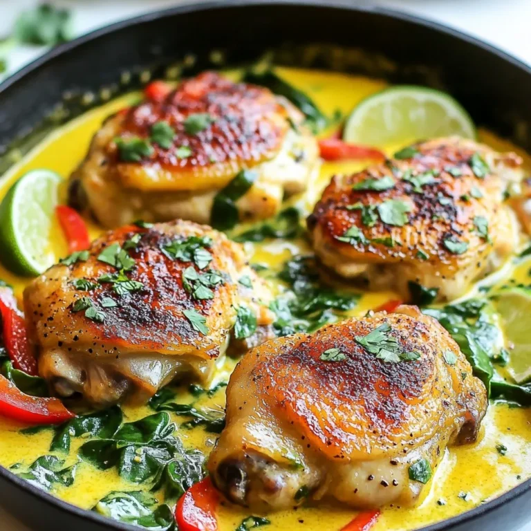 For this Coconut Lime Chicken Skillet, gather these items: - 4 boneless, skinless chicken thighs - 1 can (14 oz) coconut milk - 2 tablespoons lime juice - 1 tablespoon lime zest - 3 cloves garlic, minced - 1 teaspoon fresh ginger, grated - 1 tablespoon honey - 1 teaspoon salt - 1/2 teaspoon black pepper - 1 tablespoon olive oil - 1 red bell pepper, sliced - 1 cup fresh spinach - Fresh cilantro, for garnish - Lime wedges, for serving You can swap chicken thighs for chicken breasts if you prefer. Use low-fat coconut milk for a lighter dish. If you don’t have fresh ginger, ground ginger works too. You can use any sweetener if you don't have honey. For a kick, try adding red pepper flakes. If spinach is not available, kale or Swiss chard works well too. For coconut milk, I recommend using Thai Kitchen or Aroy-D. Both brands offer rich, creamy coconut milk that enhances the dish. For olive oil, choose a high-quality extra virgin oil like Colavita or Pompeian. These brands add great flavor. Use fresh cilantro from your local market for the best taste, and look for organic limes for the juiciest flavor. {{ingredient_image_1}} Start by gathering your ingredients. You will need coconut milk, lime juice, lime zest, garlic, ginger, honey, salt, and black pepper. In a bowl, mix the coconut milk and lime juice. Add the lime zest, minced garlic, and grated ginger. Next, stir in the honey, salt, and black pepper. Whisk this mixture until it is well combined. This marinade will bring a fresh and zesty flavor to the chicken. Heat a large skillet over medium-high heat. Add one tablespoon of olive oil and let it warm. Place the boneless, skinless chicken thighs in the skillet. Sear each side for about 5 to 7 minutes. You want them golden brown and cooked through. To check if they are done, cut into one thigh. The meat should be juicy and no longer pink. Once cooked, take the chicken out of the skillet and set it aside on a plate. In the same skillet, add the sliced red bell pepper. Sauté for about 3 minutes until they soften a bit. Then, pour in the coconut-lime marinade you made earlier. Bring it to a gentle simmer and let it reduce slightly for about 5 minutes. After that, stir in one cup of fresh spinach. Return the chicken thighs to the skillet, ensuring they are well coated with the sauce. Cook for an extra 2 to 3 minutes until the spinach wilts and everything is hot. Taste your dish and adjust the seasoning if needed. Now, it’s ready to serve! To make sure your chicken is tender, sear it well. Heat your skillet before adding the chicken. Use medium-high heat and cook each side for about 5-7 minutes. This creates a nice crust. The chicken will stay juicy inside. Always check the internal temperature. It should reach 165°F for safety. If you want to change the taste, add more lime juice for a zesty kick. You can also mix in a bit of chili powder for heat. If you like sweet, add more honey. A little soy sauce can deepen the flavor too. Always taste as you go. This helps find your perfect balance. For a thicker sauce, let the coconut milk mixture simmer longer. This will help reduce it. If it gets too thick, add a splash of chicken broth or water. For a creamier texture, stir in a tablespoon of cream at the end. Make sure the sauce coats the chicken well. It should be rich and flavorful, not too runny. Pro Tips Marinate for More Flavor: For an even richer taste, marinate the chicken thighs in the coconut milk mixture for at least 30 minutes before cooking. Use Fresh Ingredients: Fresh lime juice and zest will significantly enhance the flavor compared to bottled alternatives. Adjust the Heat: If you prefer a spicier kick, add a pinch of red pepper flakes or a diced jalapeño when sautéing the bell pepper. Serve with Rice: This dish pairs beautifully with jasmine or basmati rice, which will soak up the delicious coconut sauce. {{image_2}} If you want to switch up the protein in Coconut Lime Chicken Skillet, try using shrimp or fish. Both cook quickly and absorb flavors well. For shrimp, look for large, peeled ones. Cook them for about 3-4 minutes until they turn pink. If you prefer fish, use firm types like salmon or tilapia. Sear them just like the chicken. Adjust cooking time based on thickness. To make this dish vegetarian, replace the chicken with tofu or chickpeas. For tofu, use firm blocks. Press out excess moisture and cut them into cubes. Sauté until golden and crispy. Add chickpeas for a protein boost. They can be used straight from the can. Just mix them into the coconut sauce and let them warm up. You can add more depth to the dish with extra ingredients. Consider tossing in some fresh herbs like basil or mint. They bring a bright taste that pairs well with coconut and lime. You can also add red pepper flakes for a kick. If you like crunch, try adding nuts like cashews. Toss them in just before serving for added texture. To keep leftovers fresh, let the chicken cool first. Place it in an airtight container. Store it in the fridge. It will stay good for 3 to 4 days. Make sure to add the sauce to keep it moist. When reheating, use a skillet for the best taste. Heat it over medium-low heat. Add a splash of coconut milk if it seems dry. This keeps the chicken juicy. Stir until heated through. You can also use a microwave, but the skillet is better. You can freeze the Coconut Lime Chicken for longer storage. Place it in a freezer-safe container. Make sure to remove as much air as possible. Label it with the date. It will stay good for up to 3 months. To thaw, place it in the fridge overnight before reheating. Yes, you can make Coconut Lime Chicken Skillet ahead of time. Cook the chicken and sauce as directed. Let it cool before storing. Place it in an airtight container in the fridge. This dish stays fresh for up to three days. When ready to eat, reheat it gently on the stove. Add a splash of coconut milk to boost the flavor. You can serve Coconut Lime Chicken Skillet with many sides. Here are some tasty options: - Steamed white rice or jasmine rice - Quinoa for a healthy twist - Crispy roasted vegetables - A fresh green salad - Warm naan or pita bread These sides will complement the bright, zesty flavors of the dish. Yes, this recipe is perfect for meal prep. It stores well and tastes great reheated. Divide the chicken and sauce into individual containers. Pair them with your choice of sides for easy meals. This way, you have delicious and healthy options ready for the week. Just remember to store everything in the fridge or freezer for best results. This blog post explored a tasty coconut-lime chicken skillet recipe. We discussed the key ingredients, cooking steps, and tips for great flavor. You learned how to store leftovers and found answers to common questions. Cooking should be fun and easy. Don’t hesitate to try different proteins or veggies. With these tips, your dish can shine. Enjoy creating a delicious meal that impresses everyone at your table.