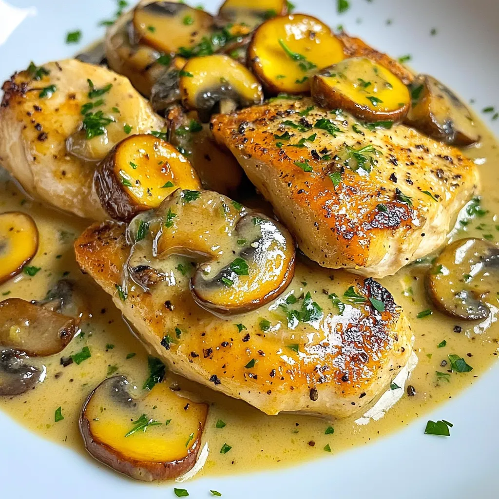 To make creamy garlic mushroom chicken, you need a few simple ingredients. Here’s what you will need: - 4 chicken breasts, boneless and skinless - 2 cups mushrooms, sliced (button or cremini) - 4 cloves garlic, minced - 1 cup heavy cream - 1 cup chicken broth - 2 tablespoons olive oil - 1 tablespoon butter - 1 teaspoon dried thyme - 1 teaspoon dried rosemary - Salt and pepper to taste - Fresh parsley, chopped (for garnish) - Cooked pasta or rice (for serving) These ingredients work together to create a rich and creamy sauce. The chicken stays tender while the mushrooms add depth. Garlic gives the dish a warm, inviting flavor. The herbs pull everything together and add a nice aroma. I always recommend using fresh herbs when possible. They will enhance the taste greatly. You can serve this dish over pasta or rice for a filling meal. {{ingredient_image_1}} Seasoning the chicken breasts Start by seasoning your chicken breasts. Use salt and pepper generously on both sides. This simple step adds a lot of flavor. Searing the chicken in the skillet Next, heat 2 tablespoons of olive oil and 1 tablespoon of butter in a large skillet over medium heat. Once it's hot, add the seasoned chicken breasts. Sear them for about 5-7 minutes on each side. Look for a nice golden brown color. Once cooked through, remove the chicken and set it aside. Sautéing the mushrooms In the same skillet, add 2 cups of sliced mushrooms. Sauté them for about 3-4 minutes. You want them tender and slightly browned. Adding garlic and deglazing the skillet Now, add 4 minced garlic cloves to the mushrooms. Stir constantly for about a minute to avoid burning the garlic. Then, pour in 1 cup of chicken broth. Use a wooden spoon to scrape up any tasty bits stuck to the pan. Let it simmer for 2-3 minutes. Incorporating cream and herbs Next, stir in 1 cup of heavy cream, 1 teaspoon of dried thyme, and 1 teaspoon of dried rosemary. Bring this mix to a gentle simmer. Cook for another 2-3 minutes until it thickens slightly. Mixing in the chicken and serving Return the chicken to the skillet and coat it well with the creamy sauce. Heat it for about 2 more minutes. Adjust the seasoning with more salt and pepper if needed. Serve this delicious creamy garlic mushroom chicken over cooked pasta or rice, and top with fresh chopped parsley for a lovely finish. - Achieving the perfect sear on chicken: Start with a hot skillet. Heat olive oil and butter until they shimmer. This gives the chicken a nice brown crust. Don't rush this step. Let each side cook for about 5-7 minutes. Flip only when golden. - How to prevent garlic from burning: Garlic cooks fast. Add it after the mushrooms have softened. Stir it constantly for one minute. This keeps the garlic fragrant and avoids bitterness. - Adjusting thickness with cream or broth: If your sauce is too thick, add more chicken broth. For a thicker sauce, let it simmer longer or add more cream. Adjust it to your liking. - Recommendations for flavor enhancement: Try adding a splash of white wine for extra depth. Fresh herbs like basil or chives can brighten the dish. Experiment to find your favorite twist. - Best sides to pair with the dish: This creamy garlic mushroom chicken shines with cooked pasta or rice. A side of steamed green beans or a fresh salad pairs well too. - Presentation tips for a beautiful plate: Use a wide plate for a nice presentation. Spoon the sauce over the chicken. Sprinkle fresh parsley on top for color. This makes the dish pop and look inviting. Pro Tips Choose the Right Mushrooms: For a richer flavor, consider using a mix of button and cremini mushrooms. This adds depth to your dish. Let the Chicken Rest: After cooking, allow the chicken to rest for a few minutes before slicing. This helps retain its juices and keeps it moist. Thicken the Sauce: If you prefer a thicker sauce, let it simmer longer after adding the cream. You can also add a cornstarch slurry for extra thickness. Herb Variations: Feel free to experiment with fresh herbs like basil or parsley for a fresh twist. Add them at the end for maximum flavor. {{image_2}} You can change the mushrooms in this dish. Use shiitake or portobello for a richer taste. Each type has its own flavor. Button mushrooms are mild, while cremini add depth. Feel free to mix and match to find your favorite combination. If you want to swap proteins, try using pork or turkey. They will soak up the flavors well. For a vegetarian option, replace the chicken with firm tofu. It will absorb the creamy sauce nicely. To make the dish gluten-free, use gluten-free pasta or rice. Check the chicken broth for gluten content. Many brands offer gluten-free options. For a dairy-free twist, use coconut cream or cashew cream. They add a nice flavor and keep it creamy. If you want a low-calorie version, reduce the cream. You can also use low-fat milk or a milk alternative. This change helps keep the meal light but still tasty. Adding spices can change the whole dish. Try a pinch of paprika or cayenne for heat. Fresh herbs like basil or oregano can brighten the flavors. You can also toss in some spinach or kale for more nutrition. These greens cook down quickly and add color. Other veggies like bell peppers or zucchini can work too. They bring texture and flavor. Just sauté them with the mushrooms. Experiment to find what you like best! To keep your creamy garlic mushroom chicken fresh, follow these tips: - Refrigeration: Place leftovers in an airtight container. They stay fresh for about 3 to 4 days in the fridge. - Freezing: If you want to store it longer, freeze the dish. Use a freezer-safe container or zip-top bag. Make sure to remove excess air. This helps prevent freezer burn. Reheating your creamy garlic mushroom chicken can be simple. Here’s how to do it: - Best methods: Use the stovetop or microwave. For the stovetop, heat in a skillet over low heat. Stir gently to warm through. - Restoring creaminess: If the sauce thickens too much, add a splash of chicken broth or cream. This keeps it rich and smooth. Knowing how long your dish lasts is key. - Fridge: In the fridge, your creamy garlic mushroom chicken lasts about 3 to 4 days. - Freezer: In the freezer, it can last up to 2 to 3 months. Just remember to label your container with the date! Can I use frozen chicken breasts? Yes, you can use frozen chicken breasts. Just make sure to thaw them first. You can do this in the fridge overnight or in cold water for a quicker method. Cook them longer to ensure they reach a safe temperature. What can I substitute for heavy cream? You can use half-and-half or whole milk. For a lighter option, try using Greek yogurt or blended silken tofu. Each option will change the flavor slightly but will still taste great. Can I make this recipe in a slow cooker? Yes, you can. Brown the chicken first in a skillet. Then, place it in the slow cooker with the mushrooms, garlic, broth, and cream. Cook on low for 4-6 hours. How to ensure chicken is fully cooked? Use a meat thermometer. Insert it into the thickest part of the chicken. It should read at least 165°F (75°C). This step keeps your meal safe and juicy. Is this recipe suitable for meal prep? Yes, this dish is perfect for meal prep. Make it ahead, and store in airtight containers. It keeps well in the fridge for up to three days. How can I scale this recipe for more servings? Easily double or triple the ingredients. Just ensure your skillet is large enough. You may need to cook in batches for even cooking. This blog post covered a tasty chicken dish using simple ingredients. You learned how to prepare, cook, and serve it. We discussed valuable tips for perfecting flavors and techniques. I also shared variations to cater to different diets. Storing and reheating the dish helps keep it fresh. Enjoy experimenting with this recipe at home. Feel free to customize and make it your own!