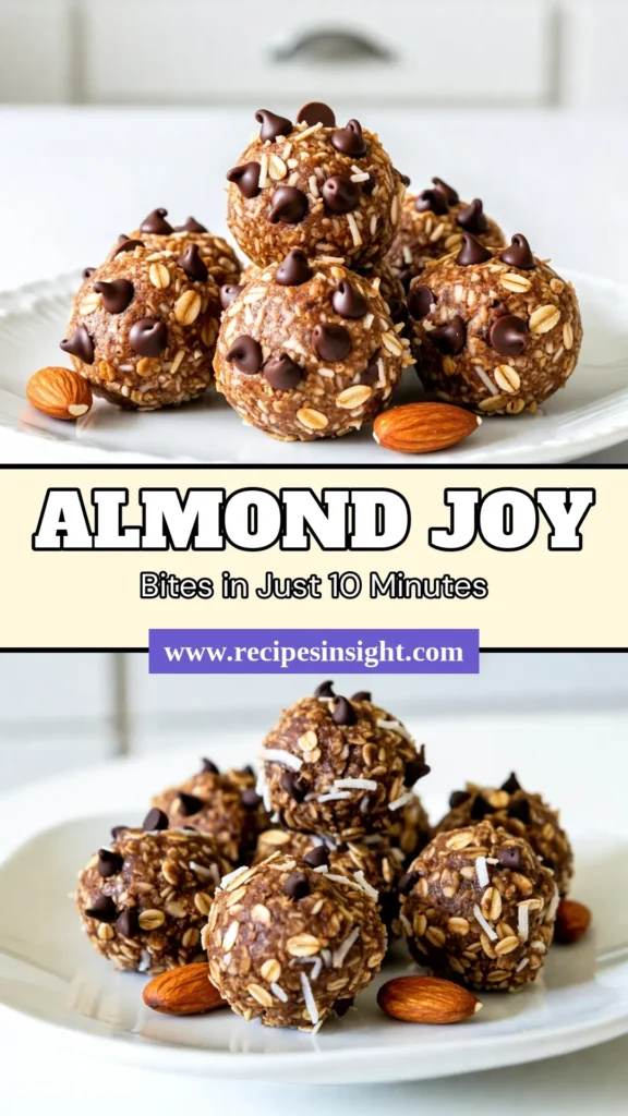 Indulge in these Almond Joy Energy Bites, the perfect no-bake energy bites for a quick, healthy snack! Made with almond butter, shredded coconut, and dark chocolate chips, they’re delicious and nutritious. Try this easy almond butter recipe that yields 15-20 bites in just 10 minutes. Ideal for meal prep, these coconut chocolate bites will satisfy your sweet cravings guilt-free. Make these today and share the joy! #HealthySnacks #AlmondButterRecipes #NoBakeEnergyBites #AlmondJoyEnergyBites