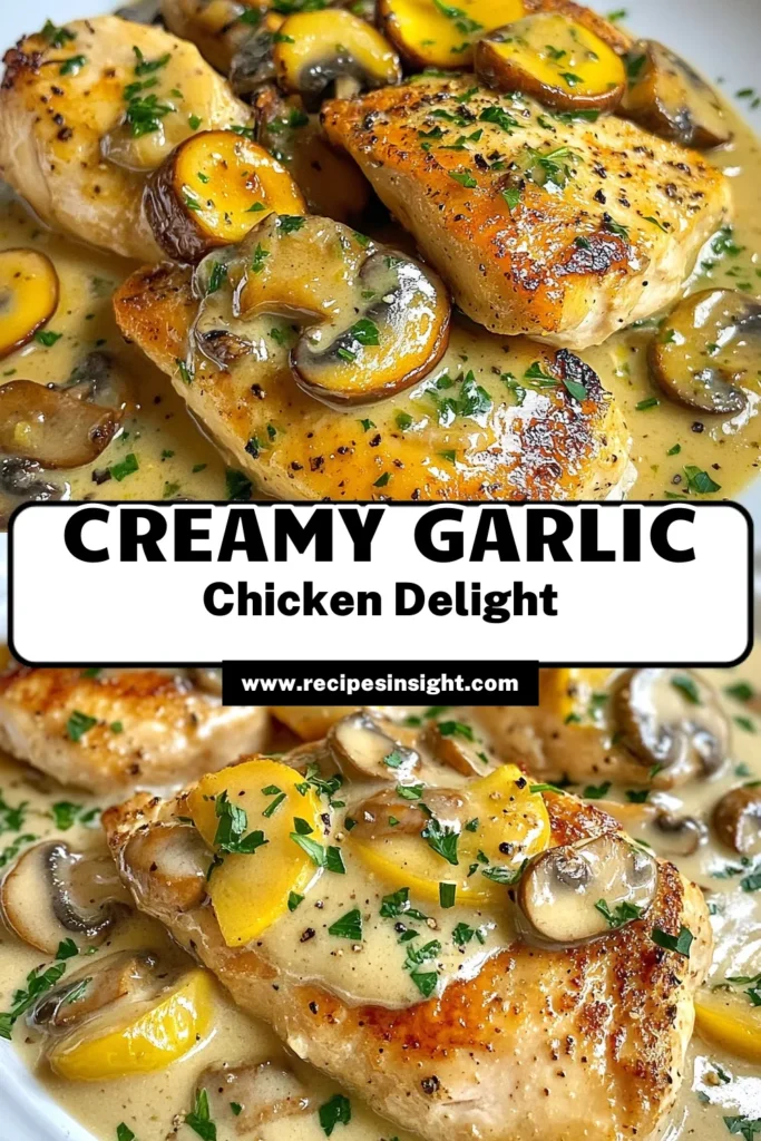 Discover the creamy garlic mushroom chicken recipe that will elevate your dinner table! This easy mushroom sauce paired with tender chicken breasts is perfect for weeknight meals. Whip up this delicious dinner in just 30 minutes using simple ingredients like heavy cream and fresh garlic. Whether you serve it over pasta or rice, it's sure to impress! Save this recipe for your next chicken dinner. #CreamyGarlicMushroomChicken #ChickenBreastRecipes #DinnerRecipesWithChicken #HeavyCreamChickenRecipes
