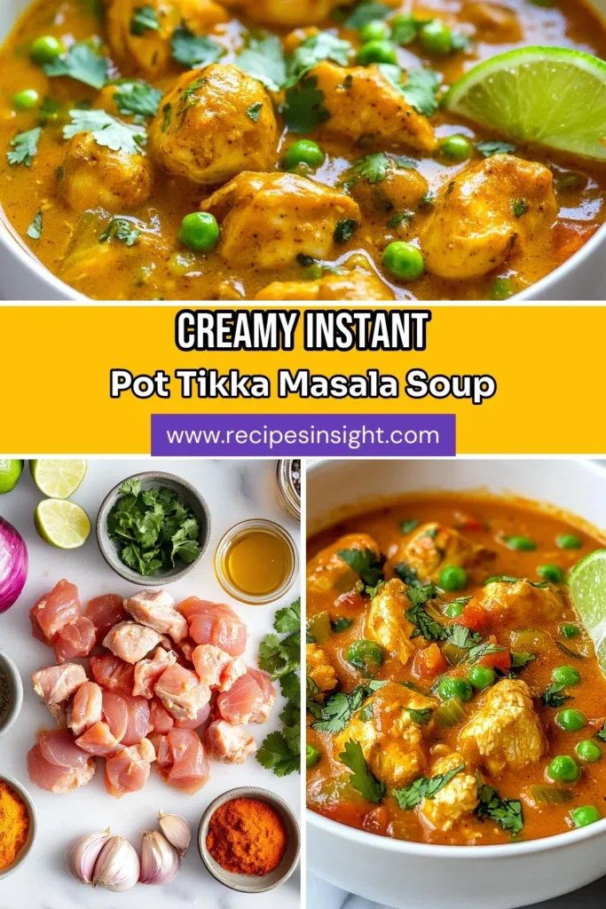 Discover the comforting flavors of Instant Pot Chicken Tikka Masala Soup with this easy Instant Pot soup recipe. This creamy, Indian spiced soup made with coconut milk and tender chicken will warm your soul. Ready in just 40 minutes, it's perfect for busy days. Don’t miss out on this delicious Coconut Milk Chicken Soup that combines authentic spices with convenience. Save this recipe for your next meal! #InstantPotChickenTikkaMasala #EasyInstantPotSoup #IndianSpicedSoup #CoconutMilkChickenSoup