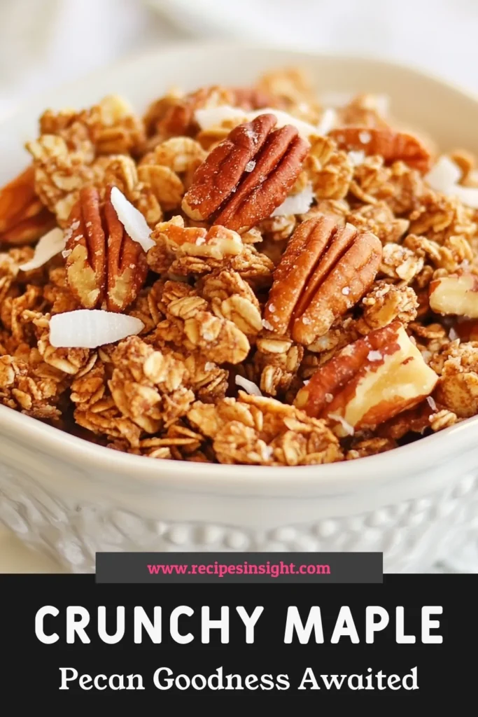Indulge in these crunchy maple pecan granola clusters, the perfect homemade granola recipe for healthy snack ideas! This easy granola recipe combines rolled oats, pecans, and shredded coconut, drizzled with maple syrup for a deliciously satisfying treat. Ideal for breakfast or on-the-go snacking, these clusters are sure to impress. Try making your own batch today! Save and share this delightful recipe! #MaplePecanGranola #CrunchyGranolaClusters #HealthySnacks #GranolaRecipe
