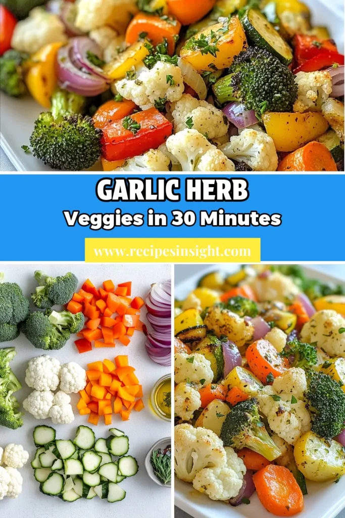 Looking for a healthy vegetable side dish? Try this Garlic Herb Roasted Veggie Medley! This roasted veggie medley recipe combines tasty garlic with colorful broccoli, cauliflower, and bell peppers. Perfect as an oven roasted vegetables side, it’s quick to prepare and bursting with flavor. Enjoy a nutritious addition to your meals that everyone will love! Save this recipe for your next dinner! #GarlicHerbRoastedVegetables #HealthySides #OvenRoastedVegetables #VeggieMedley